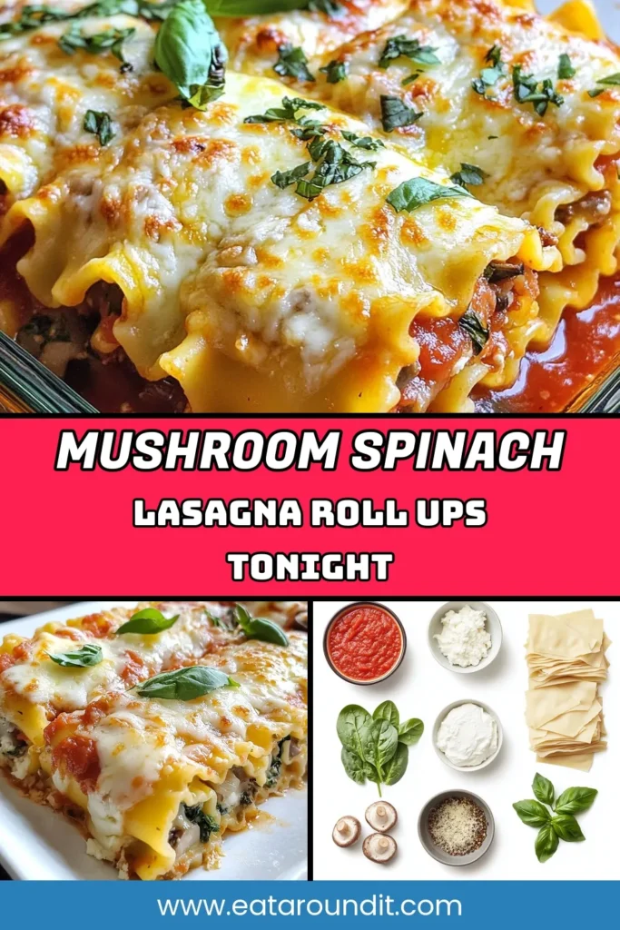 Indulge in these delicious Mushroom Spinach Lasagna Roll-Ups that are perfect for a cozy dinner! These vegetarian lasagna roll-ups feature layers of ricotta cheese and a savory mix of mushrooms and spinach, making it an easy spinach lasagna recipe that everyone will love. With gooey mozzarella and a rich marinara sauce, it's a hearty meal that’s simple to prepare. Try this lasagna recipe with mushrooms tonight and elevate your dinner game! Save this recipe for later! #VegetarianLasagna #EasySpinachLasagna #MushroomRecipes #LasagnaRollUps