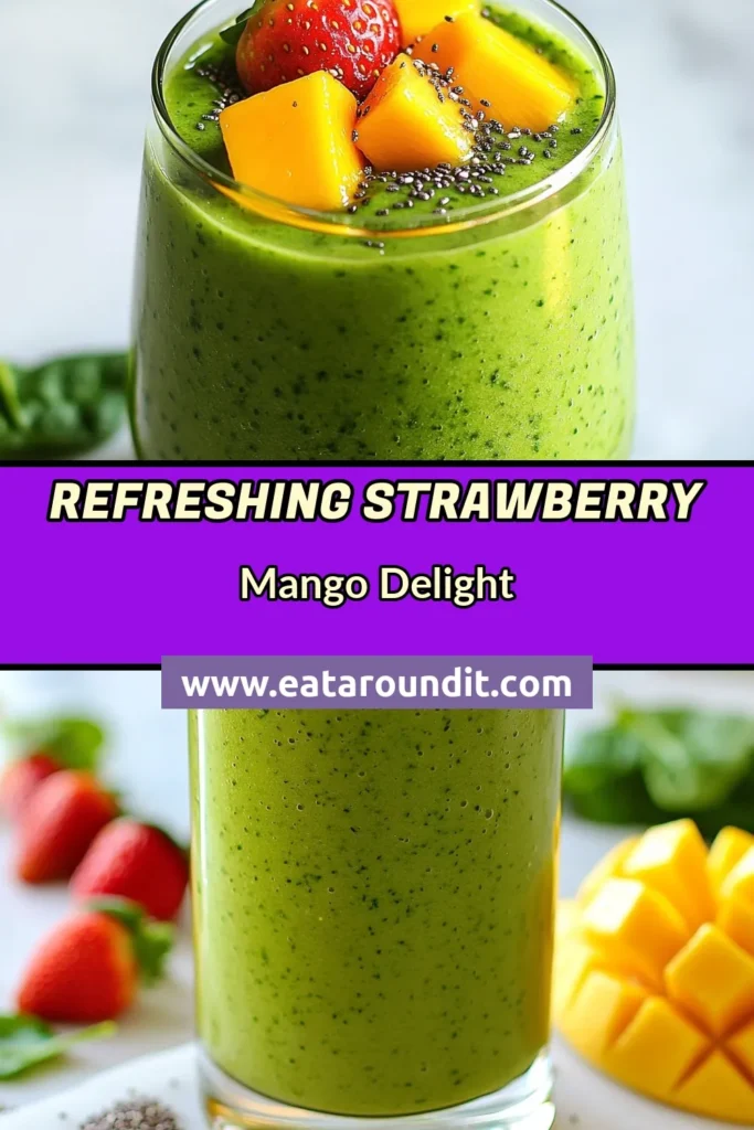 Start your day with this delicious Strawberry Mango Spinach Smoothie, a healthy green smoothie recipe packed with tropical flavors. This vegan smoothie with spinach is not only refreshing but also nutritious, making it the perfect breakfast smoothie. Blend fresh strawberries, ripe mango, and nutrient-rich spinach for a creamy treat. Ready in just 10 minutes, it’s a breeze to make! Try this nutritious breakfast smoothie today! #SmoothieRecipe #HealthyEating #VeganSmoothie #BreakfastGoals