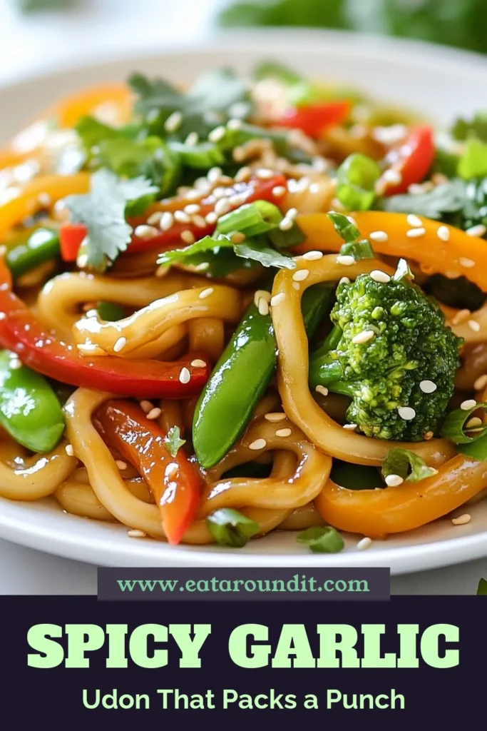 Looking for a flavorful and satisfying meal? Try this Spicy Garlic Udon stir fry recipe that brings together quick udon noodles and fresh vegetables for a delicious homemade udon dish. With vibrant bell peppers, broccoli, and snap peas, this vegetable stir fry with udon is perfect for any dinner. Ready in just 25 minutes, this easy-to-follow recipe guarantees a spicy kick! Save this to make it tonight! #SpicyGarlicUdon #UdonStirFryRecipe #QuickUdonNoodles #VegetableStirFry