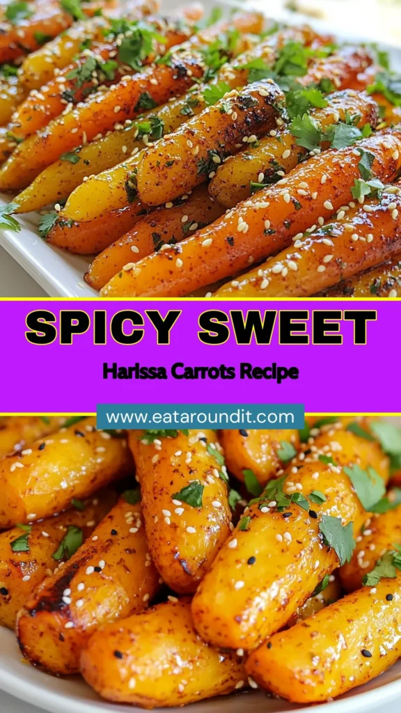 Elevate your meals with these Harissa Roasted Carrots! This easy vegetable recipe features tender carrots coated in a spicy harissa paste, honey, and cumin for a mouthwatering taste. Perfect as a spicy carrot side dish, this roasted carrot recipe will impress your guests and bring excitement to your dinner table. Ready in just 40 minutes, try this dish today! Save for later! #HarissaRoastedCarrots #SpicyCarrotSideDish #EasyVegetableRecipes #HarissaPasteRecipes