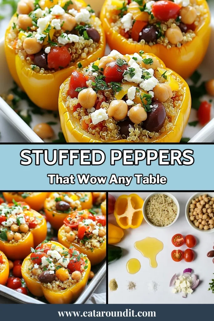 Dive into the delicious world of Mediterranean stuffed peppers with this quinoa stuffed peppers recipe! Packed with healthy bell pepper recipes, this vegetarian dish features a colorful blend of quinoa, chickpeas, and olives. Perfect for a nourishing meal, these Mediterranean quinoa salad-inspired stuffed peppers are a must-try. Save this recipe for an easy, healthy dinner tonight! #MediterraneanStuffedPeppers #QuinoaStuffedPeppers #HealthyRecipes #VegetarianCooking