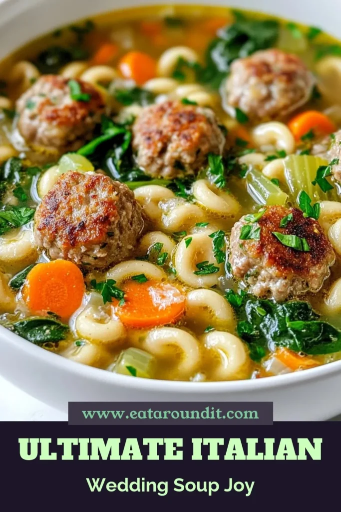 Discover a delightful Italian wedding soup recipe that's perfect for any occasion! This wedding soup with meatballs is a healthy Italian soup filled with flavor and nutrition. Made with fresh spinach, tender meatballs, and small pasta, this homemade Italian soup is a nutritious choice for your family dinners. Ready in just 40 minutes, it’s a must-try! Click to save this recipe and start cooking today! #ItalianWeddingSoup #HealthySoup #ChickenBrothRecipes #HomemadeSoup