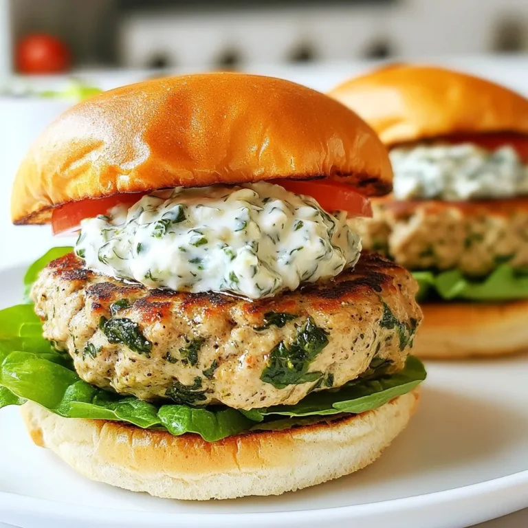 - 1 lb ground turkey - 1 cup fresh spinach, finely chopped - 1/2 cup feta cheese, crumbled - 1/4 cup breadcrumbs - 1 large egg - 1 clove garlic, minced - 1 small onion, finely chopped - 1 teaspoon dried oregano - Salt and freshly cracked pepper, to taste - Olive oil, for grilling - Whole wheat burger buns - Toppings: sliced tomatoes, crisp lettuce, and creamy tzatziki sauce When I make feta spinach turkey burgers, I focus on fresh and healthy ingredients. Ground turkey serves as a lean base. It provides protein without excess fat. Fresh spinach adds color and nutrients. The crumbled feta cheese brings a salty, creamy touch. Breadcrumbs help bind the mixture, ensuring a good texture. I always add a minced garlic clove for flavor. A finely chopped onion gives sweetness and depth. Dried oregano adds a hint of earthiness. Don't forget salt and pepper to taste. Olive oil is perfect for grilling and helps prevent sticking. For assembly, I prefer whole wheat burger buns. They add fiber and a nutty taste. Toppings like sliced tomatoes and crisp lettuce brighten the dish. A dollop of creamy tzatziki sauce ties everything together. It's a delicious, flavorful meal that feels gourmet yet simple. {{ingredient_image_2}} - Chopping Spinach and Onion Start by washing the spinach. Then, chop it finely. Take a small onion and chop it finely too. Both should be small enough to mix well. - Crumbling Feta Cheese Next, grab the feta cheese. Use your hands or a fork to crumble it. Aim for small pieces that will mix easily into the patties. - Combining Ingredients in a Bowl In a large mixing bowl, add the ground turkey. Then, add the chopped spinach, crumbled feta cheese, and breadcrumbs. Add the minced garlic and chopped onion too. - Ensuring Proper Consistency Crack the egg into the bowl. Add dried oregano, salt, and pepper. Mix gently with your hands. Be careful not to over-mix. This helps keep the burgers tender and juicy. - Preheating Grill or Skillet Heat your grill or skillet on medium. Add a little olive oil to the surface. This prevents sticking and helps the burgers brown. - Cooking Times and Temperature Guidance Place the patties on the grill or skillet. Cook each side for 5–6 minutes. Use a meat thermometer to check the inside. The temperature should reach 165°F (75°C) to be safe. - Layering with Toppings Once cooked, take the bottom half of a toasted bun. Place a patty on it. Add fresh lettuce and a few slices of tomato. Top with a dollop of tzatziki sauce. - Toasting the Burger Buns Toast the whole wheat buns on the grill for about 1 minute. Look for a nice golden brown color before taking them off. Avoiding Over-Mixing When making these turkey burgers, keep mixing to a minimum. Mix just until the ingredients blend. Over-mixing makes the patties tough. You want them light and fluffy. Achieving Juiciness in the Patties To keep your burgers juicy, add fresh spinach and feta cheese. These ingredients add moisture and flavor. Also, shape your patties gently. Pressing too hard can squeeze out juices. Best Practices for Cooking Turkey Burgers Preheat your grill or skillet before cooking. This helps the burgers sear nicely. Use medium heat for even cooking. Cook each side for about 5–6 minutes. This timing ensures the burgers are well-cooked but not dry. Using a Meat Thermometer A meat thermometer is your best friend. Insert it in the thickest part of the patty. Look for an internal temperature of 165°F (75°C). This ensures your turkey burgers are safe to eat. How to Serve the Burgers Serve your burgers on a colorful platter. This makes them look more inviting. Offer extra toppings like lettuce and tomatoes on the side. Guests can customize their own burgers, making it fun. Garnishing Tips For a touch of elegance, consider garnishing with fresh dill. It adds flavor and a pop of color. You can also use a sprig of parsley for a fresh look. Pro Tips Keep the Mixture Moist: Adding a bit of olive oil to the mixture can help keep your turkey burgers juicy and flavorful. Don't Overmix: Mixing the ingredients just until combined ensures your burgers will remain tender and not tough. Check Your Temperature: Use a meat thermometer to ensure your turkey burgers reach an internal temperature of 165°F (75°C) for safe consumption. Customize Your Toppings: Encourage guests to add their favorite toppings for a personalized touch to each burger. {{image_4}} You can easily switch up the cheese in these burgers. Goat cheese adds a tangy twist. Parmesan gives a nutty flavor. Both options work well with turkey and spinach. You can also try adding spices or herbs. Fresh basil or dill can brighten the taste. A sprinkle of smoked paprika can give a warm, smoky note. For a low-carb version, skip the breadcrumbs. You can use grated zucchini instead for moisture. If you need gluten-free, look for gluten-free breadcrumbs. For vegan alternatives, use a plant-based ground meat. You can replace the egg with flaxseed meal mixed with water. These options keep the burgers tasty and nutritious. Want to spice things up? Adding hot sauce or mustard can kick up the flavor. You can mix them into the patty or use them as a topping. Incorporating other vegetables into the mix can boost nutrition. Chopped bell peppers or grated carrots work well. They add color, texture, and taste to your burgers. *Refrigeration Guidelines* After cooking your feta spinach turkey burgers, let them cool first. Store them in an airtight container. They can last up to three days in the fridge. Make sure to place parchment paper between layers to prevent sticking. *Freezing Options* If you want to keep your burgers longer, freezing is a great choice. Wrap each patty tightly in plastic wrap, then place them in a freezer bag. They will stay fresh for up to three months. When ready to eat, thaw in the fridge overnight before reheating. *Best Methods to Reheat without Drying Out* To reheat your burgers, the oven works best. Preheat it to 350°F (175°C). Place the burgers on a baking sheet and cover with foil. Heat for about 10-15 minutes. This keeps the burgers juicy. You can also use a skillet on medium heat. Cook each side for a few minutes, adding a bit of olive oil if needed. *How Long Burgers Can Be Kept* Cooked feta spinach turkey burgers can stay in the fridge for three days. If frozen, they can last for three months. Always check for any off smells or discoloration before eating. To keep your turkey burgers from crumbling, use binding ingredients. The key is to mix in enough breadcrumbs and an egg. These help hold the meat together. Combine the ground turkey with finely chopped spinach, crumbled feta, and breadcrumbs in a bowl. Add the egg, then mix gently. Do not over-mix, as this can make the burgers tough. Form each patty carefully. Keep them around ¾ inch thick for even cooking. Yes, you can prepare these burgers ahead of time. Mix your ingredients and shape the patties. Place them on a tray lined with parchment paper. Cover with plastic wrap and store in the fridge for up to 24 hours. This gives the flavors time to blend. You can also freeze them for later. Just make sure to separate each patty with parchment paper. Defrost in the fridge before cooking. Feta Spinach Turkey Burgers go well with many sides. Try a fresh salad with cherry tomatoes and cucumbers. Sweet potato fries are a tasty option, too. You might also enjoy grilled vegetables for a healthy touch. For something lighter, serve a yogurt dip or tzatziki sauce on the side. These sides add extra flavor and nutrition to your meal. In this post, we explored how to make delicious Feta Spinach Turkey Burgers. You learned about the main ingredients like ground turkey and feta cheese, plus tasty additions like garlic and onion. We covered step-by-step instructions and key tips to ensure perfect burgers. Variations allow for personal twists, and storage advice keeps leftovers fresh. These burgers are healthy, flavorful, and easy to make. Enjoy grilling and customizing them to your taste!