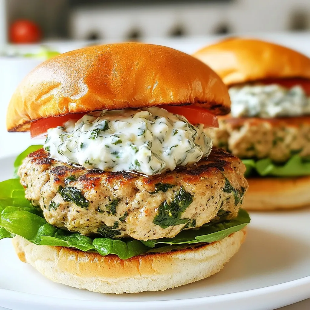 - 1 lb ground turkey - 1 cup fresh spinach, finely chopped - 1/2 cup feta cheese, crumbled - 1/4 cup breadcrumbs - 1 large egg - 1 clove garlic, minced - 1 small onion, finely chopped - 1 teaspoon dried oregano - Salt and freshly cracked pepper, to taste - Olive oil, for grilling - Whole wheat burger buns - Toppings: sliced tomatoes, crisp lettuce, and creamy tzatziki sauce When I make feta spinach turkey burgers, I focus on fresh and healthy ingredients. Ground turkey serves as a lean base. It provides protein without excess fat. Fresh spinach adds color and nutrients. The crumbled feta cheese brings a salty, creamy touch. Breadcrumbs help bind the mixture, ensuring a good texture. I always add a minced garlic clove for flavor. A finely chopped onion gives sweetness and depth. Dried oregano adds a hint of earthiness. Don't forget salt and pepper to taste. Olive oil is perfect for grilling and helps prevent sticking. For assembly, I prefer whole wheat burger buns. They add fiber and a nutty taste. Toppings like sliced tomatoes and crisp lettuce brighten the dish. A dollop of creamy tzatziki sauce ties everything together. It's a delicious, flavorful meal that feels gourmet yet simple. {{ingredient_image_2}} - Chopping Spinach and Onion Start by washing the spinach. Then, chop it finely. Take a small onion and chop it finely too. Both should be small enough to mix well. - Crumbling Feta Cheese Next, grab the feta cheese. Use your hands or a fork to crumble it. Aim for small pieces that will mix easily into the patties. - Combining Ingredients in a Bowl In a large mixing bowl, add the ground turkey. Then, add the chopped spinach, crumbled feta cheese, and breadcrumbs. Add the minced garlic and chopped onion too. - Ensuring Proper Consistency Crack the egg into the bowl. Add dried oregano, salt, and pepper. Mix gently with your hands. Be careful not to over-mix. This helps keep the burgers tender and juicy. - Preheating Grill or Skillet Heat your grill or skillet on medium. Add a little olive oil to the surface. This prevents sticking and helps the burgers brown. - Cooking Times and Temperature Guidance Place the patties on the grill or skillet. Cook each side for 5–6 minutes. Use a meat thermometer to check the inside. The temperature should reach 165°F (75°C) to be safe. - Layering with Toppings Once cooked, take the bottom half of a toasted bun. Place a patty on it. Add fresh lettuce and a few slices of tomato. Top with a dollop of tzatziki sauce. - Toasting the Burger Buns Toast the whole wheat buns on the grill for about 1 minute. Look for a nice golden brown color before taking them off. Avoiding Over-Mixing When making these turkey burgers, keep mixing to a minimum. Mix just until the ingredients blend. Over-mixing makes the patties tough. You want them light and fluffy. Achieving Juiciness in the Patties To keep your burgers juicy, add fresh spinach and feta cheese. These ingredients add moisture and flavor. Also, shape your patties gently. Pressing too hard can squeeze out juices. Best Practices for Cooking Turkey Burgers Preheat your grill or skillet before cooking. This helps the burgers sear nicely. Use medium heat for even cooking. Cook each side for about 5–6 minutes. This timing ensures the burgers are well-cooked but not dry. Using a Meat Thermometer A meat thermometer is your best friend. Insert it in the thickest part of the patty. Look for an internal temperature of 165°F (75°C). This ensures your turkey burgers are safe to eat. How to Serve the Burgers Serve your burgers on a colorful platter. This makes them look more inviting. Offer extra toppings like lettuce and tomatoes on the side. Guests can customize their own burgers, making it fun. Garnishing Tips For a touch of elegance, consider garnishing with fresh dill. It adds flavor and a pop of color. You can also use a sprig of parsley for a fresh look. Pro Tips Keep the Mixture Moist: Adding a bit of olive oil to the mixture can help keep your turkey burgers juicy and flavorful. Don't Overmix: Mixing the ingredients just until combined ensures your burgers will remain tender and not tough. Check Your Temperature: Use a meat thermometer to ensure your turkey burgers reach an internal temperature of 165°F (75°C) for safe consumption. Customize Your Toppings: Encourage guests to add their favorite toppings for a personalized touch to each burger. {{image_4}} You can easily switch up the cheese in these burgers. Goat cheese adds a tangy twist. Parmesan gives a nutty flavor. Both options work well with turkey and spinach. You can also try adding spices or herbs. Fresh basil or dill can brighten the taste. A sprinkle of smoked paprika can give a warm, smoky note. For a low-carb version, skip the breadcrumbs. You can use grated zucchini instead for moisture. If you need gluten-free, look for gluten-free breadcrumbs. For vegan alternatives, use a plant-based ground meat. You can replace the egg with flaxseed meal mixed with water. These options keep the burgers tasty and nutritious. Want to spice things up? Adding hot sauce or mustard can kick up the flavor. You can mix them into the patty or use them as a topping. Incorporating other vegetables into the mix can boost nutrition. Chopped bell peppers or grated carrots work well. They add color, texture, and taste to your burgers. *Refrigeration Guidelines* After cooking your feta spinach turkey burgers, let them cool first. Store them in an airtight container. They can last up to three days in the fridge. Make sure to place parchment paper between layers to prevent sticking. *Freezing Options* If you want to keep your burgers longer, freezing is a great choice. Wrap each patty tightly in plastic wrap, then place them in a freezer bag. They will stay fresh for up to three months. When ready to eat, thaw in the fridge overnight before reheating. *Best Methods to Reheat without Drying Out* To reheat your burgers, the oven works best. Preheat it to 350°F (175°C). Place the burgers on a baking sheet and cover with foil. Heat for about 10-15 minutes. This keeps the burgers juicy. You can also use a skillet on medium heat. Cook each side for a few minutes, adding a bit of olive oil if needed. *How Long Burgers Can Be Kept* Cooked feta spinach turkey burgers can stay in the fridge for three days. If frozen, they can last for three months. Always check for any off smells or discoloration before eating. To keep your turkey burgers from crumbling, use binding ingredients. The key is to mix in enough breadcrumbs and an egg. These help hold the meat together. Combine the ground turkey with finely chopped spinach, crumbled feta, and breadcrumbs in a bowl. Add the egg, then mix gently. Do not over-mix, as this can make the burgers tough. Form each patty carefully. Keep them around ¾ inch thick for even cooking. Yes, you can prepare these burgers ahead of time. Mix your ingredients and shape the patties. Place them on a tray lined with parchment paper. Cover with plastic wrap and store in the fridge for up to 24 hours. This gives the flavors time to blend. You can also freeze them for later. Just make sure to separate each patty with parchment paper. Defrost in the fridge before cooking. Feta Spinach Turkey Burgers go well with many sides. Try a fresh salad with cherry tomatoes and cucumbers. Sweet potato fries are a tasty option, too. You might also enjoy grilled vegetables for a healthy touch. For something lighter, serve a yogurt dip or tzatziki sauce on the side. These sides add extra flavor and nutrition to your meal. In this post, we explored how to make delicious Feta Spinach Turkey Burgers. You learned about the main ingredients like ground turkey and feta cheese, plus tasty additions like garlic and onion. We covered step-by-step instructions and key tips to ensure perfect burgers. Variations allow for personal twists, and storage advice keeps leftovers fresh. These burgers are healthy, flavorful, and easy to make. Enjoy grilling and customizing them to your taste!