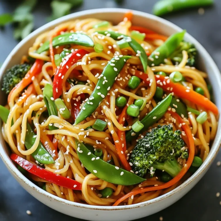 - 8 oz lo mein noodles - 2 tablespoons vegetable oil - 3 cloves garlic, minced - 1 inch piece of ginger, finely grated - 1 red bell pepper, thinly sliced - 1 cup snow peas, trimmed - 1 medium carrot, julienned - 1 cup broccoli florets - 1 cup fresh bean sprouts - 3 green onions, finely chopped - 1/4 cup low-sodium soy sauce - 1 tablespoon sesame oil - 1 tablespoon hoisin sauce - Salt and freshly cracked black pepper, to taste - Sesame seeds, for garnish You can swap lo mein noodles with spaghetti if needed. Rice noodles work well too. Use olive oil instead of vegetable oil for a different taste. If you dislike garlic, try shallots. Feel free to replace snow peas with snap peas or green beans. For a spicy kick, add red pepper flakes. - Calories: 330 - Protein: 10g - Carbohydrates: 45g - Fat: 12g - Fiber: 4g - Sugars: 3g - Sodium: 550mg This dish is colorful, tasty, and full of nutrients. Enjoy every bite! {{ingredient_image_2}} First, grab a large pot. Fill it with water and add some salt. Bring the water to a rolling boil. Carefully add the lo mein noodles and cook them for 4-5 minutes. You want them tender but still a bit firm. Once they are done, drain them and set aside. Make sure they don’t stick together. Next, heat 2 tablespoons of vegetable oil in a large wok or skillet. Turn the heat to medium-high. When the oil starts to shimmer, it’s time to add flavor. Toss in 3 cloves of minced garlic and 1 inch of finely grated ginger. Sauté for about 30 seconds. Stir constantly, so they don’t burn. You want to smell that fragrant aroma! Now, let’s add some color! Add 1 thinly sliced red bell pepper, 1 cup of trimmed snow peas, 1 julienned carrot, and 1 cup of broccoli florets to the wok. Stir-fry these veggies for about 3-4 minutes. They should stay bright and tender-crisp. While that’s cooking, mix together 1/4 cup of low-sodium soy sauce, 1 tablespoon of sesame oil, and 1 tablespoon of hoisin sauce in a small bowl. Pour this mixture over your sautéed veggies and stir well. It’s almost time to eat! Gently add the cooked lo mein noodles to the wok. Use tongs to toss everything together. Make sure the noodles are coated with the sauce and mixed well with the veggies. Stir-fry for another 2-3 minutes to heat everything through. Finally, add 1 cup of fresh bean sprouts and 3 finely chopped green onions. Taste your dish and add salt and fresh black pepper if needed. Serve it right away and sprinkle some sesame seeds on top for that perfect finish! To get the best texture for your Veggie Lo Mein Noodles, follow these steps: - Cook the lo mein noodles al dente: This means they should be tender but still have a slight bite. Boil them for 4-5 minutes. - Drain and rinse: After cooking, drain the noodles and rinse them under cold water. This helps stop the cooking and keeps them from sticking. - Toss with oil: A light drizzle of oil after rinsing can help keep the noodles separate. Flavor is key in Veggie Lo Mein. Here’s how to boost it: - Use fresh aromatics: Garlic and ginger add depth to the dish. Sauté them briefly for the best flavor. - Mix sauces well: Combine low-sodium soy sauce, sesame oil, and hoisin sauce. This mix gives a savory and sweet taste. - Season to taste: Add salt and pepper at the end. Taste as you go to get the right balance. Avoid these pitfalls to ensure a great dish: - Overcooking the noodles: This can make them mushy. Remember to check them often. - Adding too many vegetables: Too many veggies can overwhelm the dish. Stick to the recommended amounts for balance. - Not tossing enough: Toss the noodles and veggies well to coat with sauce. This ensures every bite is flavorful. Pro Tips Cook Noodles Al Dente: Ensure the lo mein noodles are cooked al dente for the best texture. They will continue to cook when stir-fried with the vegetables. Use Fresh Ingredients: Fresh vegetables not only enhance the flavor but also add vibrant colors to your dish. Opt for seasonal produce when possible. Adjust Sauce to Taste: Feel free to experiment with the sauce ingredients. If you like it spicier, add some chili sauce; for a sweeter taste, increase the hoisin sauce. Garnish for Presentation: A sprinkle of sesame seeds and green onions adds a beautiful finishing touch and enhances the overall flavor profile of the dish. {{image_4}} You can customize your Veggie Lo Mein by adding protein. Tofu is a great choice for a meat-free meal. Firm tofu adds texture and soaks up flavors well. Simply press it, cube it, and sauté it until golden. Chicken is another option. Use boneless, skinless chicken breasts for tenderness. Slice the chicken thinly and stir-fry it until cooked through. You can also try shrimp or beef for a different taste. Just adjust cooking times for each protein type. Feel free to mix different vegetables based on what you have. Zucchini, bell peppers, or bok choy work well here. You can also use frozen mixed veggies in a pinch. Just add them to the wok a bit sooner to ensure they heat through. Experimenting with colors and textures makes the dish fun and visually appealing. If you need a gluten-free option, look for gluten-free lo mein noodles. They are often made from rice or buckwheat. You can also use rice noodles as a substitute. They have a similar texture and work great in stir-fries. Always check the labels for gluten-free sauces too. Tamari is a good gluten-free soy sauce option. These variations help you create a dish that fits your taste and dietary needs! To store your veggie lo mein noodles, let them cool down first. Place them in an airtight container. They can stay fresh in the fridge for up to three days. Make sure to separate the noodles from the sauce if you can. This keeps them from getting soggy. When you're ready to eat, you can reheat the noodles. Use a microwave-safe dish. Add a splash of water or soy sauce to keep them moist. Heat in the microwave for about one to two minutes. Stir halfway through to ensure even heating. You can also heat them in a pan over medium heat. Just add a bit of oil and stir for a few minutes. If you want to freeze your veggie lo mein, it’s best to freeze the noodles and veggies separately. Use freezer-safe bags or containers. They can last for up to two months in the freezer. When you’re ready to eat, thaw them overnight in the fridge. Reheat them as mentioned above for the best taste. Veggie Lo Mein noodles are soft wheat noodles. They are often stir-fried with fresh vegetables. You can find them in Asian markets or regular grocery stores. This dish is colorful and full of flavor. You can use various vegetables like bell peppers, carrots, and broccoli. The noodles soak up the tasty sauces, making them delicious. Yes, you can make Lo Mein noodles ahead of time. Cook them and let them cool. Toss them with a little oil to keep them from sticking. Store them in an airtight container in the fridge. When ready to serve, just reheat them in your stir-fry. This saves time during busy days. Veggie Lo Mein noodles can be healthy. They contain lots of vegetables, which are good for you. Choose whole wheat noodles for added fiber. Use low-sodium soy sauce to cut down on salt. The balance of veggies and noodles gives you nutrients without too many calories. Lo Mein and Chow Mein both use noodles but differ in how they are cooked. Lo Mein noodles are soft and chewy. They are cooked and then tossed with sauce. Chow Mein noodles are crispy and are often fried. They provide a crunchy texture. Both are tasty but offer different eating experiences. You can make Veggie Lo Mein spicier by adding chili sauce. Sriracha or chili paste works well. You can also add red pepper flakes while cooking. For extra heat, try fresh sliced chilies. Adjust the spice level to suit your taste. Enjoy the kick with all those fresh veggies! This blog post guides you through making delicious Veggie Lo Mein. We covered the essential ingredients, step-by-step cooking methods, and tips for great taste. Explore different variations to suit your needs, and learn how to store leftovers easily. Now that you have the skills and knowledge, you can make your own tasty Lo Mein at home. Enjoy your cooking journey!
