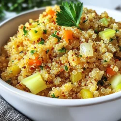 To make a tasty Garlic Herb Quinoa Pilaf, gather these fresh and simple ingredients: - 1 cup quinoa, thoroughly rinsed - 2 cups vegetable broth - 3 cloves of garlic, finely minced - 1 small onion, diced into small pieces - 1 medium carrot, peeled and diced - 1 celery stalk, diced into small bits - 1 tablespoon extra-virgin olive oil - 1 teaspoon dried thyme - 1 teaspoon dried oregano - 1/2 teaspoon smoked paprika - Salt and freshly cracked pepper to taste - Fresh parsley, finely chopped (for garnish) Each ingredient plays a key role in creating the dish's rich flavors. The quinoa serves as a healthy base, while the garlic and onion add depth. Carrots and celery provide a sweet crunch. Olive oil brings richness, and the dried herbs give the pilaf a savory kick. Using vegetable broth adds layers of flavor without any meat. The smoked paprika offers a subtle warmth, making each bite delightful. Don't forget to season with salt and pepper to really bring out the taste. Garnishing with fresh parsley adds a bright note and makes the dish visually appealing. This simple yet nourishing combination is sure to impress your family and friends. {{ingredient_image_2}} - Heating the Olive Oil Start by heating one tablespoon of extra-virgin olive oil in a medium saucepan over medium heat. You want the oil to shimmer but not smoke. - Sautéing the Vegetables Add one small diced onion, one medium diced carrot, and one diced celery stalk to the pan. Cook these for about 5-7 minutes. Stir occasionally until the onion becomes soft and clear. - Adding Garlic and Spices Next, add three finely minced garlic cloves, one teaspoon of dried thyme, one teaspoon of dried oregano, and half a teaspoon of smoked paprika. Stir and cook for another 1-2 minutes. This step fills your kitchen with a great smell! - Combining Quinoa with Vegetables Once the garlic is fragrant, add one cup of rinsed quinoa to the pan. Mix it well with the cooked vegetables. You want the flavors to marry nicely. - Adding Vegetable Broth Carefully pour in two cups of vegetable broth. Turn the heat up to bring it to a rolling boil. - Simmering Once it boils, reduce the heat to low, and cover the pan with a lid. Let it simmer for 15-20 minutes. The quinoa should absorb all the liquid and look fluffy. - Steaming and Fluffing After cooking, take the pan off heat but keep it covered for another 5 minutes. This allows the quinoa to steam. Then, use a fork to fluff it up gently. - Seasoning to Taste Add salt and freshly cracked pepper to taste. This step enhances all the flavors in your pilaf. - Garnishing for Presentation Serve your quinoa warm. Top it with a sprinkle of finely chopped fresh parsley. This adds a nice touch of color and freshness to your dish. Importance of Rinsing Rinsing quinoa is key. It removes the natural coating called saponin. This coating can taste bitter. Rinsing makes your pilaf taste better. How to Rinse Properly To rinse quinoa, place it in a fine mesh strainer. Run cold water over it for about 2 minutes. Use your hands to stir the quinoa gently. This helps wash away any remaining saponin. Using Different Broths You can change the flavor by using different broths. Try chicken broth for a richer taste. Or use mushroom broth for a deep, earthy flavor. Each broth adds its own unique twist to the dish. Adding Protein Options Boost the nutrition by adding protein. You can mix in cooked beans, chickpeas, or grilled chicken. This makes the dish heartier and more filling. Achieving Fluffy Quinoa To get fluffy quinoa, use the right water-to-quinoa ratio. The ratio is 2:1, meaning two cups of liquid for one cup of quinoa. After cooking, let it sit covered for 5 minutes. This helps the quinoa steam and become fluffy. Adjusting Cooking Time If you want softer quinoa, let it cook a bit longer. Check it at 15 minutes. If it still feels crunchy, cover and simmer for another 5 minutes. Adjust until it reaches your desired softness. Pro Tips Rinse the Quinoa: Before cooking, make sure to rinse the quinoa thoroughly under cold water to remove its natural coating, called saponin, which can give it a bitter taste. Flavorful Broth: Using vegetable broth instead of water enhances the flavor of the quinoa pilaf. For an even richer taste, consider adding a splash of soy sauce or a sprinkle of nutritional yeast. Add More Veggies: Feel free to customize this recipe by adding other vegetables like bell peppers, peas, or zucchini. This not only increases nutrition but also adds vibrant color. Perfect Fluffing: After the quinoa has steamed, use a fork to gently fluff the grains. This helps separate them and gives a light, airy texture to the pilaf. {{image_4}} You can make Garlic Herb Quinoa Pilaf even better with seasonal veggies. Try adding: - Zucchini - Bell peppers - Spinach These add color and flavor. Just chop them small and sauté them with the onion, carrot, and celery. You can also mix different colors. Using red, yellow, and green veggies makes the dish pop. This not only looks good but also gives a range of nutrients. If you want to switch up the flavors, you can substitute fresh herbs. Use: - Basil - Cilantro - Chives These herbs can bring a new taste to your pilaf. Fresh herbs often add a brighter flavor than dried ones. You can also play with spices. Try adding cumin, curry powder, or even chili flakes for heat. This way, you can create a unique dish every time. Want a gluten-free dish? Quinoa is naturally gluten-free, so you’re already set! Just be sure your broth is also gluten-free. If you’re vegan, this pilaf is perfect. The recipe uses vegetable broth and no animal products. You can add some chickpeas or lentils for extra protein. This keeps the meal filling and nutritious. - Best Practices: Store leftover garlic herb quinoa pilaf in an airtight container. Let it cool to room temp before sealing. This helps keep it fresh. - How Long It Lasts: In the fridge, it stays good for about 3 to 5 days. - Steps for Freezing: To freeze, place the pilaf in freezer-safe bags. Press out all the air to prevent freezer burn. Label the bags with the date for easy tracking. - Reheating Tips: When ready to eat, thaw the pilaf overnight in the fridge. Heat it in a saucepan over low heat. Add a splash of water or broth to keep it moist. - Ideas for Reusing Pilaf: You can use leftovers in salads, wraps, or as a filling for stuffed peppers. Mix it into soups for added texture and flavor. - Pairing Suggestions: Garlic herb quinoa pilaf pairs well with grilled chicken, roasted veggies, or a fresh salad. It also complements fish dishes nicely. For pilaf, I prefer white quinoa. It has a light and fluffy texture when cooked. White quinoa cooks quicker than red quinoa, which has a nuttier taste. If you want a more earthy flavor, go for red quinoa. Both types are healthy, but white quinoa is easier for many cooks. Yes, you can make this pilaf ahead of time. To store it, let it cool first. Place it in an airtight container. It can stay in the fridge for about three days. If you want to freeze it, use a freezer-safe bag. Just remember to label it with the date. When ready to eat, reheat it in the microwave or on the stove. To add more flavor, try these tips: - Use chicken broth instead of vegetable broth for a richer taste. - Add a splash of lemon juice right before serving for brightness. - Mix in fresh herbs like basil or cilantro for a fresh kick. - Toss in cooked mushrooms or nuts for added texture. These small changes can take your pilaf to the next level! In this article, we explored how to make a tasty quinoa pilaf. We covered key ingredients like quinoa, broth, vegetables, and seasonings. The step-by-step guide helped you sauté, simmer, and season for great flavor. You also learned tips for rinsing quinoa, enhancing flavors, and adjusting for different diets. Remember, experimenting with veggies and herbs makes your pilaf unique. Enjoy your cooking adventures and make this dish your own!