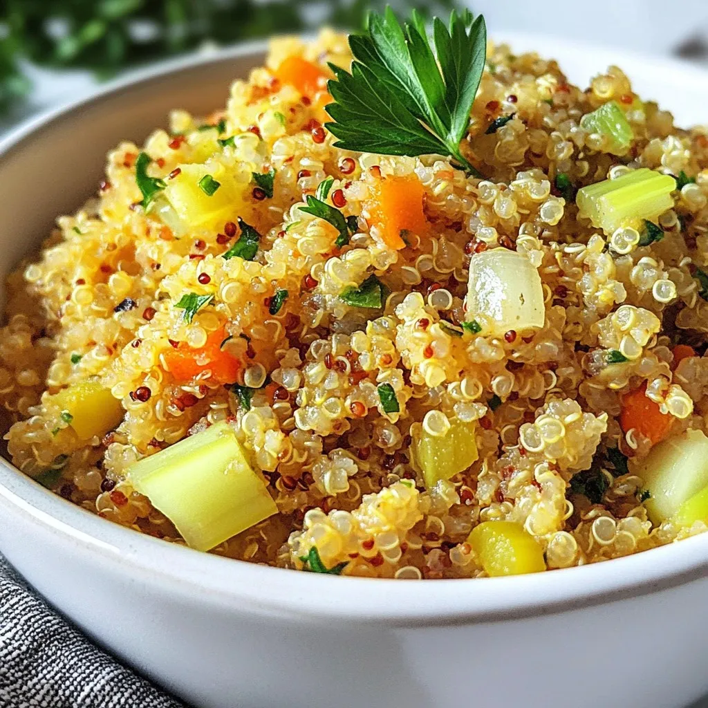 To make a tasty Garlic Herb Quinoa Pilaf, gather these fresh and simple ingredients: - 1 cup quinoa, thoroughly rinsed - 2 cups vegetable broth - 3 cloves of garlic, finely minced - 1 small onion, diced into small pieces - 1 medium carrot, peeled and diced - 1 celery stalk, diced into small bits - 1 tablespoon extra-virgin olive oil - 1 teaspoon dried thyme - 1 teaspoon dried oregano - 1/2 teaspoon smoked paprika - Salt and freshly cracked pepper to taste - Fresh parsley, finely chopped (for garnish) Each ingredient plays a key role in creating the dish's rich flavors. The quinoa serves as a healthy base, while the garlic and onion add depth. Carrots and celery provide a sweet crunch. Olive oil brings richness, and the dried herbs give the pilaf a savory kick. Using vegetable broth adds layers of flavor without any meat. The smoked paprika offers a subtle warmth, making each bite delightful. Don't forget to season with salt and pepper to really bring out the taste. Garnishing with fresh parsley adds a bright note and makes the dish visually appealing. This simple yet nourishing combination is sure to impress your family and friends. {{ingredient_image_2}} - Heating the Olive Oil Start by heating one tablespoon of extra-virgin olive oil in a medium saucepan over medium heat. You want the oil to shimmer but not smoke. - Sautéing the Vegetables Add one small diced onion, one medium diced carrot, and one diced celery stalk to the pan. Cook these for about 5-7 minutes. Stir occasionally until the onion becomes soft and clear. - Adding Garlic and Spices Next, add three finely minced garlic cloves, one teaspoon of dried thyme, one teaspoon of dried oregano, and half a teaspoon of smoked paprika. Stir and cook for another 1-2 minutes. This step fills your kitchen with a great smell! - Combining Quinoa with Vegetables Once the garlic is fragrant, add one cup of rinsed quinoa to the pan. Mix it well with the cooked vegetables. You want the flavors to marry nicely. - Adding Vegetable Broth Carefully pour in two cups of vegetable broth. Turn the heat up to bring it to a rolling boil. - Simmering Once it boils, reduce the heat to low, and cover the pan with a lid. Let it simmer for 15-20 minutes. The quinoa should absorb all the liquid and look fluffy. - Steaming and Fluffing After cooking, take the pan off heat but keep it covered for another 5 minutes. This allows the quinoa to steam. Then, use a fork to fluff it up gently. - Seasoning to Taste Add salt and freshly cracked pepper to taste. This step enhances all the flavors in your pilaf. - Garnishing for Presentation Serve your quinoa warm. Top it with a sprinkle of finely chopped fresh parsley. This adds a nice touch of color and freshness to your dish. Importance of Rinsing Rinsing quinoa is key. It removes the natural coating called saponin. This coating can taste bitter. Rinsing makes your pilaf taste better. How to Rinse Properly To rinse quinoa, place it in a fine mesh strainer. Run cold water over it for about 2 minutes. Use your hands to stir the quinoa gently. This helps wash away any remaining saponin. Using Different Broths You can change the flavor by using different broths. Try chicken broth for a richer taste. Or use mushroom broth for a deep, earthy flavor. Each broth adds its own unique twist to the dish. Adding Protein Options Boost the nutrition by adding protein. You can mix in cooked beans, chickpeas, or grilled chicken. This makes the dish heartier and more filling. Achieving Fluffy Quinoa To get fluffy quinoa, use the right water-to-quinoa ratio. The ratio is 2:1, meaning two cups of liquid for one cup of quinoa. After cooking, let it sit covered for 5 minutes. This helps the quinoa steam and become fluffy. Adjusting Cooking Time If you want softer quinoa, let it cook a bit longer. Check it at 15 minutes. If it still feels crunchy, cover and simmer for another 5 minutes. Adjust until it reaches your desired softness. Pro Tips Rinse the Quinoa: Before cooking, make sure to rinse the quinoa thoroughly under cold water to remove its natural coating, called saponin, which can give it a bitter taste. Flavorful Broth: Using vegetable broth instead of water enhances the flavor of the quinoa pilaf. For an even richer taste, consider adding a splash of soy sauce or a sprinkle of nutritional yeast. Add More Veggies: Feel free to customize this recipe by adding other vegetables like bell peppers, peas, or zucchini. This not only increases nutrition but also adds vibrant color. Perfect Fluffing: After the quinoa has steamed, use a fork to gently fluff the grains. This helps separate them and gives a light, airy texture to the pilaf. {{image_4}} You can make Garlic Herb Quinoa Pilaf even better with seasonal veggies. Try adding: - Zucchini - Bell peppers - Spinach These add color and flavor. Just chop them small and sauté them with the onion, carrot, and celery. You can also mix different colors. Using red, yellow, and green veggies makes the dish pop. This not only looks good but also gives a range of nutrients. If you want to switch up the flavors, you can substitute fresh herbs. Use: - Basil - Cilantro - Chives These herbs can bring a new taste to your pilaf. Fresh herbs often add a brighter flavor than dried ones. You can also play with spices. Try adding cumin, curry powder, or even chili flakes for heat. This way, you can create a unique dish every time. Want a gluten-free dish? Quinoa is naturally gluten-free, so you’re already set! Just be sure your broth is also gluten-free. If you’re vegan, this pilaf is perfect. The recipe uses vegetable broth and no animal products. You can add some chickpeas or lentils for extra protein. This keeps the meal filling and nutritious. - Best Practices: Store leftover garlic herb quinoa pilaf in an airtight container. Let it cool to room temp before sealing. This helps keep it fresh. - How Long It Lasts: In the fridge, it stays good for about 3 to 5 days. - Steps for Freezing: To freeze, place the pilaf in freezer-safe bags. Press out all the air to prevent freezer burn. Label the bags with the date for easy tracking. - Reheating Tips: When ready to eat, thaw the pilaf overnight in the fridge. Heat it in a saucepan over low heat. Add a splash of water or broth to keep it moist. - Ideas for Reusing Pilaf: You can use leftovers in salads, wraps, or as a filling for stuffed peppers. Mix it into soups for added texture and flavor. - Pairing Suggestions: Garlic herb quinoa pilaf pairs well with grilled chicken, roasted veggies, or a fresh salad. It also complements fish dishes nicely. For pilaf, I prefer white quinoa. It has a light and fluffy texture when cooked. White quinoa cooks quicker than red quinoa, which has a nuttier taste. If you want a more earthy flavor, go for red quinoa. Both types are healthy, but white quinoa is easier for many cooks. Yes, you can make this pilaf ahead of time. To store it, let it cool first. Place it in an airtight container. It can stay in the fridge for about three days. If you want to freeze it, use a freezer-safe bag. Just remember to label it with the date. When ready to eat, reheat it in the microwave or on the stove. To add more flavor, try these tips: - Use chicken broth instead of vegetable broth for a richer taste. - Add a splash of lemon juice right before serving for brightness. - Mix in fresh herbs like basil or cilantro for a fresh kick. - Toss in cooked mushrooms or nuts for added texture. These small changes can take your pilaf to the next level! In this article, we explored how to make a tasty quinoa pilaf. We covered key ingredients like quinoa, broth, vegetables, and seasonings. The step-by-step guide helped you sauté, simmer, and season for great flavor. You also learned tips for rinsing quinoa, enhancing flavors, and adjusting for different diets. Remember, experimenting with veggies and herbs makes your pilaf unique. Enjoy your cooking adventures and make this dish your own!