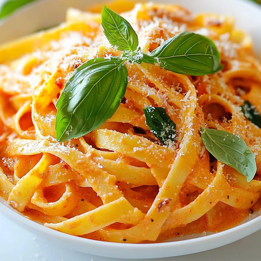 - 12 oz of pasta (fettuccine, penne, or spaghetti) - 2 large red bell peppers - 1 cup of heavy cream - 2 tablespoons of olive oil - 3 cloves of garlic - 1 small onion - ½ teaspoon of red pepper flakes - Salt and pepper - 1 cup of grated Parmesan cheese - Fresh basil for garnish Gather these ingredients to make your creamy roasted red pepper pasta. Choose any pasta you love, like fettuccine, penne, or spaghetti. The red bell peppers bring a sweet and smoky taste. Heavy cream adds richness to the dish. Olive oil is great for sautéing the onion and garlic. For flavor, we use garlic and onion. Red pepper flakes give a little kick, but you can adjust them to your taste. Salt and pepper are key for seasoning. Grated Parmesan cheese adds a wonderful salty depth. Fresh basil will brighten up the dish when serving. Remember, fresh ingredients make a big difference in this recipe. So, try to get the best quality you can find. When you have all your ingredients ready, you're set to create a delicious meal! {{ingredient_image_2}} 1. Preheat your oven to 425°F (220°C) and line a baking sheet with parchment. 2. Place the red bell peppers on the sheet, skin side up. 3. Roast them for about 25-30 minutes until the skins are charred and blistered. 4. Remove the peppers from the oven and let them cool for a few minutes. 5. Once cooled, peel off the skins and remove the seeds. 1. While the peppers roast, bring a large pot of salted water to a boil. 2. Add your pasta to the boiling water. 3. Cook the pasta until it is al dente, following the package instructions. 4. Drain the pasta, but save about a cup of the pasta water for later. 1. In a large skillet, heat 2 tablespoons of olive oil over medium heat. 2. Add one finely chopped onion and sauté for about 3-4 minutes until soft. 3. Next, stir in 3 minced garlic cloves and cook for 1-2 minutes, stirring often. 4. In a blender, combine the roasted peppers with the sautéed onion and garlic. 5. Pour in 1 cup of heavy cream and blend until smooth. 1. Pour the creamy sauce back into the skillet and season with salt, pepper, and ½ teaspoon of red pepper flakes. 2. Let the sauce simmer gently for about 5 minutes. 3. If the sauce is too thick, add reserved pasta water until it reaches your desired consistency. 4. Add the drained pasta to the skillet and toss it well in the sauce. 5. Stir in 1 cup of grated Parmesan cheese until it melts and combines. - Choosing the best peppers: Look for bright red bell peppers. They should feel firm and heavy. This means they are fresh and packed with flavor. Avoid any with wrinkles or soft spots. - Tips for effective roasting: Preheat your oven to 425°F. Line a baking sheet with parchment paper. Place the peppers on it and roast for 25-30 minutes. Flip them halfway through for even charring. When done, the skin should be blistered and charred. Let them cool before peeling. - Timing for al dente texture: Bring a large pot of salted water to a rolling boil. Add your pasta and cook according to package instructions. For best results, check the pasta a minute before the time is up. It should be firm but not hard. - Reserving pasta water: why it’s essential: Always save at least one cup of pasta water before draining. This water is starchy and helps the sauce stick to the pasta. It also helps adjust the sauce's thickness. - Adjusting thickness with pasta water: After mixing the pasta with the sauce, if it feels too thick, add a splash of reserved pasta water. Stir well. This will help create a creamy texture that clings to every strand. - Reheating tips without separation: When reheating, use low heat. Add a little pasta water to loosen the sauce as it warms. Stir gently to keep the sauce smooth. Avoid overheating, as this can cause the cream to separate. Pro Tips Roast Peppers for Extra Flavor: Ensure the red bell peppers are well-charred to enhance their sweetness and add depth to the sauce. Reserve Pasta Water: Always save some pasta water before draining; it’s great for adjusting the sauce consistency. Cheese Choices: While Parmesan is delicious, try mixing in Pecorino Romano for a sharper taste. Herb Variations: Experiment with different herbs like thyme or oregano for a unique spin on the dish. {{image_4}} To make this dish vegetarian, simply swap heavy cream. Use coconut milk or cashew cream. These options add creaminess and flavor. You can also add more veggies. Spinach, zucchini, or mushrooms work well. Toss them in the sauce for added nutrition and taste. For protein, consider chicken or shrimp. Cook them first, then add to the pasta. This adds a nice texture and flavor. You can also use sausage or bacon flakes. If you like a smoky taste, bacon flakes are great. Just sprinkle them on top before serving for a crunchy finish. Want more heat? Add spices! Try cayenne pepper or jalapeños. Fresh herbs like basil or oregano can elevate the flavor too. Different cheese varieties can also change the dish. Use goat cheese for tanginess or mozzarella for creaminess. Experiment with these to find your favorite combination! To store leftovers, let the creamy roasted red pepper pasta cool down first. Place it in an airtight container. I recommend using glass containers because they keep food fresh. You can store it in the fridge for up to three days. Freezing the pasta dish is easy but requires some care. First, let the pasta cool completely. Then, use a freezer-safe container or a heavy-duty freezer bag. Remove as much air as possible to avoid freezer burn. You can freeze it for up to three months. When you are ready to eat, thaw the pasta overnight in the fridge. Reheat it gently on the stove. Add a splash of cream or reserved pasta water to keep it creamy. For the best taste, eat the pasta within three days if refrigerated. If frozen, try to enjoy it within three months. Look for signs of spoilage, like an off smell or mold. If you see any signs, it's best to throw it out. Keeping track of storage time helps keep your food safe and tasty. Yes, you can make this dish ahead. Cook the pasta and sauce separately. Store them in the fridge. When ready to eat, just reheat the sauce and pasta together. Add a splash of reserved pasta water to keep it creamy. If you want a lighter dish, use half-and-half or whole milk. You can also try coconut milk for a dairy-free option. Silken tofu blended with a bit of broth can work well too. Each substitute changes the taste a bit, so choose what you like best. To kick up the heat, add more red pepper flakes. You can also mix in diced jalapeños or a dash of hot sauce. If you like it really spicy, try adding a pinch of cayenne pepper in the sauce. Yes, you can make this dish gluten-free. Just use gluten-free pasta made from rice or quinoa. Check the package for cooking instructions, as gluten-free pasta may need a different cooking time. This recipe for creamy roasted red pepper pasta is simple and tasty. We began by roasting red peppers to develop flavor, then made a rich sauce using heavy cream and Parmesan. I shared tips for cooking pasta perfectly and ensuring the sauce is just right. You learned about variations to suit different diets and how to store leftovers. Enjoy making this dish, and feel free to explore your personal twists. Cooking should be fun and creative, so let your taste guide you!