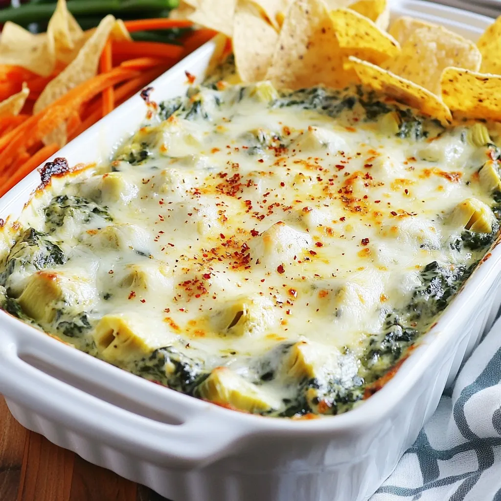To make this creamy spinach artichoke dip, you will need: - 1 cup frozen spinach, completely thawed and thoroughly drained - 1 cup canned artichoke hearts, drained and finely chopped - 1 cup cream cheese, softened to room temperature - 1/2 cup sour cream for creaminess - 1 cup shredded mozzarella cheese for meltiness - 1/2 cup grated Parmesan cheese for a savory touch - 2 cloves garlic, minced to infuse rich flavor - 1 teaspoon fresh lemon juice to brighten the dip - 1 teaspoon onion powder for depth of flavor - Salt and freshly ground pepper to taste - Optional: 1/2 teaspoon red pepper flakes for a spicy kick If you don’t have all the ingredients, don't worry! Here are some swaps: - Use fresh spinach instead of frozen. Make sure to cook and drain it well. - Swap cream cheese with Greek yogurt for a lighter dip. - Try goat cheese for a tangy taste in place of cream cheese. - Use cheddar cheese if you want a sharper flavor instead of mozzarella. - For a dairy-free option, substitute with cashew cream or a vegan cream cheese. Fresh spinach can give a different texture than frozen spinach. Both options work well, but here are some points to consider: - Fresh spinach has a bright green color and can taste sweeter. However, it needs cooking and draining to remove excess water. - Frozen spinach is convenient. It’s already blanched and ready to use. Just thaw and drain it well. - Choose based on your preference; both will make a tasty dip! {{ingredient_image_2}} Start by gathering all your ingredients. You need: - 1 cup frozen spinach, thawed and drained - 1 cup canned artichoke hearts, drained and chopped - 1 cup cream cheese, softened - 1/2 cup sour cream - 1 cup shredded mozzarella cheese - 1/2 cup grated Parmesan cheese - 2 cloves garlic, minced - 1 teaspoon fresh lemon juice - 1 teaspoon onion powder - Salt and pepper to taste - Optional: 1/2 teaspoon red pepper flakes Make sure the spinach is well-drained. This keeps the dip from getting too wet. Chop the artichoke hearts into small pieces for even mixing. In a large bowl, beat the softened cream cheese. Add the sour cream and lemon juice. Mix until it is smooth. Stir in the minced garlic, onion powder, and a pinch of salt and pepper. Taste the mixture and adjust the seasoning if needed. Next, gently fold in the spinach and chopped artichokes. Be careful not to break them apart too much. Finally, add in the shredded mozzarella and grated Parmesan cheese. Mix until everything is combined well. Preheat your oven to 375°F (190°C). Transfer the dip into an oven-safe dish. Smooth the top with a spatula. If you want some heat, sprinkle red pepper flakes on top. Bake the dip for 25-30 minutes. It should bubble and turn golden brown. Once done, take it out of the oven. Let it cool for a few moments before serving. This keeps you from burning your mouth. Enjoy your creamy spinach artichoke dip! To achieve the best creaminess, use room temperature cream cheese. Cold cream cheese may clump up. Mix it well with sour cream for a smooth base. Blend until you have a rich, creamy texture. Adding a touch more sour cream can also help if needed. A watery dip can ruin the experience. Always drain spinach and artichokes well. Too much liquid makes the dip runny. If you find your spinach is still wet, gently squeeze it in a clean towel to remove extra moisture. This will keep your dip thick and luscious. Having the right tools makes cooking easier. Use a large mixing bowl for combining ingredients. A spatula is great for folding in the spinach and artichokes. An oven-safe baking dish allows for even cooking. A timer helps ensure you don’t overbake the dip. Keep these tools handy for best results! Pro Tips Fresh Ingredients: Use fresh spinach and artichokes for a brighter flavor profile, if available. They can significantly enhance the overall taste of the dip. Cheese Variations: Experiment with different cheeses such as cheddar or gouda to create a unique twist on this classic dip. Make Ahead: Prepare the dip a day in advance and store it in the refrigerator. Just pop it in the oven when you're ready to serve! Serving Suggestions: Pair with a variety of dippers like pita chips, breadsticks, or even grilled vegetables to accommodate all guests' preferences. {{image_4}} You can give your dip a kick by adding heat. Mix in 1/2 teaspoon of red pepper flakes. This spice will add warmth and excitement. If you like it hotter, add more flakes or chopped jalapeño. Serve it with tortilla chips for a fun snack. Do you love bacon? This variation may be for you. Cook and crumble 4 strips of bacon. Add the bacon to the mix before baking. The smoky taste makes the dip extra rich. Serve it with sliced baguette or crackers. Everyone will love this cheesy, bacony treat. You can make a plant-based version too! Replace cream cheese with cashew cheese. Use a vegan sour cream alternative. For cheese, try nutritional yeast for flavor. This dip remains creamy and tasty without dairy. Serve with fresh veggies or pita chips for a healthy snack. To keep your creamy spinach artichoke dip fresh, let it cool first. Once cooled, transfer it to an airtight container. Store it in the fridge for up to three days. This dip tastes great even after sitting a bit. Just make sure it's sealed tight to avoid any odors from the fridge. When you're ready to enjoy leftovers, you can reheat the dip easily. Preheat your oven to 350°F (175°C). Place the dip in an oven-safe dish and cover it with foil. Heat it for about 15-20 minutes, or until it's warm throughout. You can also microwave it in short bursts. Stir between each burst to heat evenly. Just don’t let it get too hot, or it may dry out. If you want to save some for later, the dip freezes well too. Let it cool completely before freezing. Then, put it in a freezer-safe container. You can also use a zip-top bag for easier storage. Make sure to remove as much air as possible. It will stay good in the freezer for up to two months. When you're ready to use it, thaw it in the fridge overnight before reheating. Yes, you can use fresh spinach. Start with about 2 cups of fresh spinach. Cook it down until wilted, then drain it well. This way, you avoid excess water in your dip. To make your dip creamier, add more cream cheese or sour cream. You can also mix in a bit more mozzarella cheese. For a twist, consider adding a splash of heavy cream or a dollop of Greek yogurt. Serve your dip warm with a variety of items. Here are some great choices: - Tortilla chips - Sliced baguette - Fresh vegetable sticks like carrots and bell peppers - Pita chips - Crackers These options will add fun flavors and textures to your tasty dip. Enjoy! We explored how to make a delicious Spinach Artichoke Dip. You learned about key ingredients and simple swaps. We discussed fresh versus frozen spinach and how both can work well. The step-by-step guide made it easy to prepare, mix, and bake. Tips helped ensure your dip stays creamy and not watery. You also found fun variations to try and detailed storage methods. With this knowledge, you can create a tasty dish for any gathering. So get cooking and impress your friends with your dip!