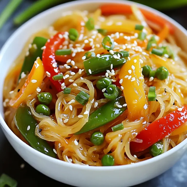 When making Honey Garlic Asian Noodle Stir-Fry, fresh ingredients are key to great taste. Here’s what you need: - 200g rice noodles - 2 tablespoons vegetable oil - 1 red bell pepper, thinly sliced - 1 yellow bell pepper, thinly sliced - 1 cup snap peas, trimmed - 1 small carrot, julienned - 3 cloves garlic, finely minced - 1 tablespoon fresh ginger, finely minced - 1/4 cup honey - 3 tablespoons soy sauce - 2 tablespoons sesame oil - 1 tablespoon rice vinegar - 1/4 teaspoon red pepper flakes (optional for extra heat) - 2 green onions, thinly sliced (for garnish) - Sesame seeds (for garnish) Each ingredient adds flavor and color to this dish. Rice noodles provide a soft base. Bell peppers bring sweetness and crunch. Snap peas add a fresh snap. Carrots offer a lovely color and texture. Garlic and ginger give it that classic Asian flavor. Honey and soy sauce create a sweet and savory blend that makes this stir-fry shine. Feel free to adjust the veggies based on what you like. You can use broccoli, bok choy, or even mushrooms. Each change can make this dish your own. Enjoy cooking! {{ingredient_image_2}} To start, cook the rice noodles as the package says. This usually takes about 4-6 minutes. Once they are soft, drain them and set them aside. To avoid sticking, drizzle a little sesame oil on top. Toss gently to coat the noodles well. Next, heat 2 tablespoons of vegetable oil in a large skillet over medium-high heat. When the oil shimmers, it is ready. Carefully add the thinly sliced red and yellow bell peppers, snap peas, and julienned carrot. Stir-fry the veggies for about 3-4 minutes. They should be bright and crisp-tender. Now, push the veggies to one side of the pan. On the other side, add 3 cloves of minced garlic and 1 tablespoon of fresh ginger. Let them cook for about 1 minute. Stir them often until they smell great. Once fragrant, mix everything together in the pan. In a small bowl, whisk together 1/4 cup of honey, 3 tablespoons of soy sauce, 1 tablespoon of rice vinegar, and 2 tablespoons of sesame oil. If you like heat, add 1/4 teaspoon of red pepper flakes. Mix until the sauce is smooth and well blended. Pour the honey-garlic sauce over the stir-fried vegetables. Toss gently to coat all the veggies in the sauce. Next, add the drained rice noodles to the skillet. Use tongs or a spatula to mix everything together. This should take about 2-3 minutes, ensuring the noodles are warm and coated. Remove the stir-fry from heat. Taste it and adjust the seasoning as you like. Serve your dish in a large bowl. For a beautiful finish, garnish with thinly sliced green onions and a sprinkle of sesame seeds. Enjoy your tasty Honey Garlic Asian Noodle Stir-Fry! - Keep the veggies crisp-tender. Stir-fry them quickly over high heat. - Use medium-high heat for the best stir-fry. This helps cook the food fast and evenly. - Use chopsticks when serving. It adds fun and makes the dish feel authentic! - Present the stir-fry in a large, shallow bowl. This makes the colorful veggies stand out. - You can swap bell peppers for broccoli or zucchini. Both add great flavor. - If you want a different sauce, try teriyaki or sweet chili sauce. They work well in this dish. Pro Tips Prep Your Ingredients: Having all your vegetables sliced and measured before you start cooking will make the stir-frying process smoother and faster. Use High Heat: Stir-frying requires high heat to quickly cook the vegetables while keeping them crisp. Ensure your skillet or wok is hot enough before adding ingredients. Customize Your Veggies: Feel free to swap in your favorite vegetables or whatever you have on hand. Broccoli, bok choy, or zucchini can work wonderfully in this dish. Make It a Meal: Add protein like tofu, chicken, or shrimp to your stir-fry to turn this dish into a complete meal that's satisfying and nutritious. {{image_4}} You can enhance your Honey Garlic Asian Noodle Stir-Fry by adding protein. Chicken, shrimp, or tofu work well. - For chicken, use thin slices or bite-sized pieces. Cook them until golden before adding vegetables. - Shrimp adds a sweet and briny taste. Toss them in just a few minutes before serving. - Tofu is a great choice for a vegan option. Use firm tofu, press it to remove excess water, and cube it. Sauté until crispy. To make this dish vegan, simply skip the animal proteins. - Use tofu or tempeh as a protein source. - Check your soy sauce to ensure it’s vegan-friendly. - You can add more vegetables, like mushrooms or broccoli, for extra texture and flavor. If you want to switch up the noodles, you have options. - Rice noodles are great, but you can also try egg noodles or whole wheat noodles for a different taste. - For gluten-free diets, use rice noodles or gluten-free pasta. - Zucchini noodles or spaghetti squash can also work for a low-carb option. Feel free to mix and match these ideas to make the dish your own! To store leftovers of your Honey Garlic Asian Noodle Stir-Fry, let it cool first. Place the stir-fry in an airtight container. Make sure to use a container that fits snugly. This will keep the flavors fresh. Store it in the fridge for up to three days. When you want to enjoy it again, just take it out and reheat. You can freeze this stir-fry easily. Portion it into freezer-safe bags or containers. Remove as much air as possible from the bags. This helps prevent freezer burn. It will stay good in the freezer for about one month. When you're ready to eat, thaw it in the fridge overnight. This keeps the texture nice. When reheating, aim for the best taste. Use a skillet over medium heat. Add a splash of water or soy sauce to keep it moist. Stir often until it's heated through. You can also use the microwave. Heat in short bursts, stirring in between. This method helps avoid sogginess. Enjoy your meal as if it were fresh! To thicken your stir-fry sauce, you can use a few tricks. A simple way is to mix a teaspoon of cornstarch with two teaspoons of water. Stir this mix into the sauce while it heats. You can also simmer the sauce longer to reduce it. This method makes it thicker and richer in flavor. Yes, you can swap vegetables easily. Try using broccoli, zucchini, or mushrooms. Each vegetable adds its unique taste. For a crunch, you can use green beans instead of snap peas. The key is to pick veggies that cook well together. Your stir-fry can last for about 3 to 4 days in the fridge. Make sure to store it in an airtight container. If you see any signs of spoilage, like off smells or colors, throw it out. Always reheat it until steaming hot before eating. Absolutely! This recipe is great for meal prep. You can cook a big batch and divide it into portions. Store them in the fridge for easy meals during the week. Just reheat in the microwave or a pan when you're ready to eat. You can enjoy this stir-fry with many sides. Steamed rice or cauliflower rice makes a nice base. You might also try a side salad with sesame dressing. For a crunchy bite, serve some spring rolls. These sides enhance the meal and add variety to your plate. This recipe for Honey Garlic Asian Noodle Stir-Fry is easy and delicious. You learned how to cook rice noodles, stir-fry fresh veggies, and whip up a tasty sauce. Feel free to swap in your favorite ingredients for your own twist. Remember, keeping veggies crisp adds great texture. While this dish is a filling meal, it also offers options for protein or a vegan spin. Enjoy your cooking journey, and have fun creating meals that make you happy!