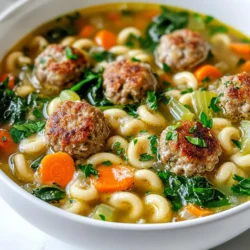 To make Italian Wedding Soup, you need the following ingredients: - 1 cup small pasta (like acini di pepe or orzo) - 6 cups chicken broth - 1 cup fresh spinach, chopped - 1 cup carrots, diced - 1 cup celery, diced - 1 small onion, finely chopped - 2 cloves garlic, minced - 1 pound ground turkey or chicken - 1/2 cup grated Parmesan cheese - 1/4 cup breadcrumbs - 1 egg - 1 teaspoon dried oregano - Salt and pepper to taste - 2 tablespoons olive oil - Fresh parsley, chopped for garnish You can change some ingredients if you need to. Here are a few ideas: - Use beef or pork instead of turkey or chicken for meatballs. - Swap spinach for kale or Swiss chard for a different taste. - Use vegetable broth if you want a vegetarian soup. - Try orzo or ditalini pasta if you can't find acini di pepe. - Replace Parmesan with Pecorino Romano for a sharper flavor. Italian Wedding Soup can change with the seasons. Here’s how: - In spring, add fresh peas and asparagus for a bright touch. - In summer, use zucchini or other summer squash for a fresh bite. - In fall, try adding butternut squash or sweet potatoes for warmth. - In winter, root vegetables like turnips or parsnips add heartiness. These variations keep the soup exciting all year long! {{ingredient_image_2}} To start, gather your ingredients for the meatballs. In a bowl, mix together: - 1 pound ground turkey or chicken - 1/4 cup breadcrumbs - 1 egg - 1/2 cup grated Parmesan cheese - 1 teaspoon dried oregano - Salt and pepper to taste Using your hands, blend these ingredients well. Shape the mixture into small balls, about 1 inch wide. This gives them a nice bite in the soup. Next, take a large pot. Heat up 2 tablespoons of olive oil over medium heat. When the oil is hot, add: - 1 small onion, finely chopped - 2 cloves garlic, minced Sauté these for about 2 minutes, until they smell great. Then, add: - 1 cup carrots, diced - 1 cup celery, diced Cook these veggies for 5 to 7 minutes. Stir them often, until they soften and the onions turn clear. Now, it’s time for the meatballs. Carefully add them to the pot. Cook for about 5 to 6 minutes, turning them so they brown on all sides. Once they look good, pour in: - 6 cups chicken broth Bring this mix to a gentle boil. Add in: - 1 cup small pasta (like acini di pepe or orzo) Stir gently and cook according to the package instructions, usually around 6 to 8 minutes. In the last 2 minutes of cooking, toss in: - 1 cup fresh spinach, chopped Stir it in gently. This will make the soup vibrant and healthy. Once everything is cooked, taste the soup. Adjust the flavor with more salt and pepper if needed. When ready to serve, ladle the soup into bowls. Garnish with freshly chopped parsley for a lovely touch. Enjoy your hearty Italian Wedding Soup! To make the best meatballs, use fresh ground turkey or chicken. Mix the meat with breadcrumbs, egg, and Parmesan cheese. Add dried oregano for flavor. Use your hands to blend the ingredients well. Form small balls, about one inch wide. This size cooks evenly and stays juicy. If you want extra flavor, let the meatballs chill for 30 minutes before cooking. This helps them hold their shape better. Start by sautéing the onion and garlic in olive oil. This step builds a flavorful base. Once the onion is soft, add diced carrots and celery. Cook until they soften, about 5 to 7 minutes. Then, brown the meatballs in the same pot. This adds depth to the soup. After browning, pour in the chicken broth and bring it to a boil. Add the pasta and cook until it is al dente. In the last two minutes, stir in the chopped spinach. This keeps the greens bright and fresh. Serve your Italian wedding soup in rustic bowls. A drizzle of olive oil on top adds richness. Sprinkle extra Parmesan cheese for a tasty finish. Pair this soup with crusty bread for dipping. A simple green salad adds crunch. If you enjoy wine, a light white pairs well with the soup’s flavors. This meal warms you up and brings joy to any table. Pro Tips Use Fresh Ingredients: Opt for fresh spinach and high-quality chicken broth for the best flavor in your soup. Chill the Meatball Mixture: Let the meatball mixture rest in the fridge for about 15 minutes before shaping. This helps the meatballs hold their shape while cooking. Customize Your Veggies: Feel free to add other vegetables like zucchini or peas for added nutrition and flavor. Store Properly: If you have leftovers, store the soup and pasta separately to prevent the pasta from becoming mushy. {{image_4}} You can make a great vegetarian version of Italian wedding soup. Replace meatballs with plant-based options. Use lentils or chickpeas for protein. You can also use tofu or tempeh. For flavor, add herbs like thyme and basil. Use vegetable broth as your base. Keep the veggies like carrots, celery, and spinach. For pasta, choose small shapes like orzo or ditalini. This version tastes rich and hearty too. If you need a gluten-free option, it's easy to adapt. Use gluten-free pasta instead of regular pasta. Many brands offer small shapes that work well. Check the ingredients in the broth. Make sure it's gluten-free. You can also use rice instead of pasta for a different texture. The meatballs can be made with gluten-free breadcrumbs. This way, you keep the flavor while being gluten-free. Italian wedding soup has many regional twists. In Naples, they might add sausage for extra flavor. Some areas use escarole instead of spinach. In Sicily, you might find small meatballs made with fish. Each version adds its own flair to the dish. You can even change the herbs based on what you have. These variations show how this soup can fit different tastes and traditions. After enjoying your Italian wedding soup, storing leftovers is easy. First, let the soup cool down to room temperature. Then, place it in airtight containers. You can fill them about three-quarters full, as liquids expand when frozen. Store the soup in the fridge for up to three days. This keeps it fresh and ready for your next meal. Freezing Italian wedding soup is a great way to save it for later. Use freezer-safe containers or bags. Make sure to leave some space at the top to allow for expansion. You can freeze it for up to three months. Label the containers with the date. This way, you know when to use them. When you're ready to enjoy your frozen soup, take it out of the freezer. Thaw it in the fridge overnight for best results. To reheat, pour the soup into a pot over medium heat. Stir occasionally until it warms up. If the soup seems thick, add a splash of chicken broth or water to loosen it. Enjoy your warm, comforting bowl! Italian Wedding Soup is a warm, hearty dish. It blends meatballs, greens, and pasta in a rich broth. Despite its name, it is not served at weddings. The name comes from the Italian phrase "minestra maritata," meaning "married soup." The flavors and textures marry well in each bowl. You will find it comforting and satisfying, perfect for any meal. Yes, you can use different meats for your meatballs. Ground beef, pork, or even a mix are great choices. I prefer ground turkey or chicken for a lighter option. You can also try plant-based meats for a vegetarian twist. Just ensure the meat is fresh and well-seasoned for the best flavor. Making Italian Wedding Soup in a slow cooker is easy. Start by browning your meatballs in a skillet. Then, add them to the slow cooker with your broth and veggies. Set it on low for 6-8 hours or high for 3-4 hours. Add the pasta and spinach in the last 30 minutes of cooking. This method gives a deep, rich flavor. The best pasta for Italian Wedding Soup is small shapes. I recommend acini di pepe or orzo. They fit well in the soup and soak up the broth nicely. You can also use ditalini or small shells. Just make sure to adjust the cooking time based on the pasta you choose. To make Italian Wedding Soup, I shared key ingredients, easy steps, and helpful tips. You can substitute ingredients or try seasonal variations for extra taste. Preparing perfect meatballs and cooking techniques are vital for success. I also covered vegetarian and gluten-free options for all diets. Proper storage tips ensure leftovers stay fresh. Enjoy this comforting soup, share it with others, and explore your own variations!