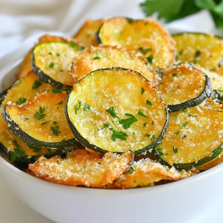 To make garlic parmesan zucchini chips, you need a few simple ingredients. Here’s what you’ll need: - Zucchini - Parmesan cheese - Garlic powder - Onion powder - Smoked paprika - Salt - Black pepper - Olive oil - Fresh parsley (for garnish) These ingredients come together to create a tasty snack. Zucchini provides a great base. It’s low in calories and has a nice crunch. The parmesan cheese adds a salty and nutty flavor. Garlic powder gives the chips a rich taste. Onion powder adds a hint of sweetness. Smoked paprika brings a warm, smoky note. Salt and black pepper enhance all the flavors. Olive oil helps the spices stick to the zucchini and makes them crispy. Finally, fresh parsley adds a pop of color and freshness when you serve the chips. Enjoy making this delicious snack! {{ingredient_image_2}} Start by preheating your oven to 425°F (220°C). This high heat helps create crispy chips. While the oven heats, prepare your baking sheet by lining it with parchment paper. This makes clean-up easy. Rinse two medium zucchinis under cool water. Dry them with a clean kitchen towel. Slice the zucchinis into thin rounds, about ⅛ inch thick. Thin slices cook better and get crispier. In a large mixing bowl, combine 2 tablespoons of olive oil, 1 teaspoon of garlic powder, 1 teaspoon of onion powder, ½ teaspoon of smoked paprika, ½ teaspoon of salt, and ¼ teaspoon of black pepper. Stir these ingredients until they mix well. This blend adds great flavor to the chips. Add the zucchini slices to the bowl with the seasoning. Toss the slices gently until they are evenly coated. Make sure all the zucchini gets that tasty mixture. Sprinkle ½ cup of grated Parmesan cheese over the coated zucchini. Toss again to help the cheese stick. Place the zucchini slices on the baking sheet in a single layer. Make sure they do not touch. This helps them cook evenly. Put the baking sheet in the oven and bake for 20-25 minutes. Flip the chips halfway through to help them brown evenly. Once they are golden brown, take them out and let them cool on the sheet. This helps them become extra crispy. Just before serving, add finely chopped fresh parsley for a nice touch. To make your zucchini chips super crispy, I suggest baking them at a high temperature. Preheat the oven to 425°F (220°C). The heat helps remove moisture from the zucchini, giving a great crunch. Thin slices also help. Aim for slices about ⅛ inch thick. This thickness lets the chips cook evenly. If the slices are too thick, they may turn out soggy. Use a sharp knife or a mandoline for uniformity. Flipping the chips halfway through baking is key. This step ensures both sides get golden brown. Use a spatula to turn them gently. This also helps keep them from sticking to the baking sheet. Pro Tips Slice Evenly: Ensure your zucchini slices are uniform in thickness to promote even baking and crispiness. Use Fresh Parmesan: Opt for freshly grated Parmesan instead of pre-packaged for better flavor and adherence to the zucchini. Monitor Closely: Keep an eye on the chips as they bake, as oven temperatures may vary and can affect cooking time. Experiment with Seasonings: Feel free to customize the spices to your taste; add cayenne for heat or Italian herbs for an aromatic twist. {{image_4}} You can switch up the cheese in this recipe. Try using cheddar for a sharper taste. Feta adds a nice tang, while mozzarella gives a gooey texture. Each cheese brings unique flavors. This lets you play with your snacks and find your favorite. The spice blend is key to flavor. You can add cayenne pepper for heat. A dash of Italian seasoning can give a lovely herb taste. For a smoky flavor, try adding more smoked paprika. Feel free to mix and match spices to create your custom blend. Fresh herbs can bring a bright taste to your chips. Basil or oregano works well. You can also use rosemary for a more earthy flavor. Just chop them finely and mix them in before baking. These small changes make your zucchini chips even more special. After enjoying your garlic Parmesan zucchini chips, store any leftovers. Let the chips cool completely on the baking sheet. Then, place them in a container with a lid. They stay crispy for a short time, so aim to eat them within a day or two. If you wait too long, they may lose their crunch. To refresh your leftover chips, preheat your oven to 350°F (175°C). Spread the chips on a baking sheet in a single layer. Heat them for about 5-10 minutes. This method keeps them crispy. Avoid using the microwave, as it can make them soggy. Choose an airtight container for the best storage. Glass or plastic containers work well. If you have a lot of chips, use a large bag. Make sure to squeeze out the air to keep them fresh. You can also line the container with paper towels to absorb moisture. This will help preserve the chips' texture and flavor. To make zucchini chips crispy, slice them thin. Aim for about ⅛ inch thick. This helps them cook evenly. Toss the slices in olive oil and spices to coat them well. A hot oven also helps; bake at 425°F (220°C). Flip the chips halfway through cooking for even crispiness. Yes, you can use other vegetables! Carrots, sweet potatoes, or even eggplant work well. Slice them thin, just like zucchini. Each veggie will add a unique flavor. Adjust the cooking time as needed, since some may take longer or shorter to crisp up. Garlic parmesan zucchini chips are best eaten fresh. If stored properly, they can last up to two days in an airtight container. Keep them in a cool, dry place. They may lose some crispiness over time, so enjoy them soon after baking! Absolutely! Air frying zucchini chips is a great option. Set your air fryer to 400°F (200°C). Cook the chips in a single layer for about 10-15 minutes. Shake the basket halfway through to ensure even cooking. They come out crispy and delicious! Zucchini chips pair well with many dips. Try marinara sauce, garlic aioli, or even ranch dressing. They also make a great side for sandwiches or salads. Feel free to get creative with your pairings! To prevent sticking, always line your baking sheet with parchment paper. This makes clean-up easy too. Make sure the chips are in a single layer, with space around each one. This allows hot air to circulate, helping them cook evenly without sticking. In this post, we explored a tasty zucchini chip recipe. We covered the ingredients, like zucchini and spices, and shared clear steps to make them. I provided tips for crispiness and different flavor options. Storing your leftovers and reheating them for best results was also discussed. Making zucchini chips is simple and fun. Try this recipe for a healthy snack that satisfies your cravings. Enjoy your crispy, seasoned chips anytime!