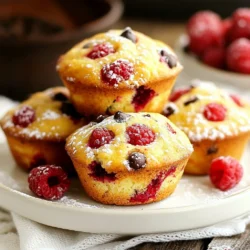 To make your Raspberry Chocolate Chip Muffins, gather these items: - 1 ½ cups all-purpose flour - ½ cup granulated sugar - ½ teaspoon baking soda - 1 teaspoon baking powder - ¼ teaspoon salt - ½ cup unsalted butter, melted - 2 large eggs - ¾ cup buttermilk (or milk mixed with 1 teaspoon of vinegar) - 1 teaspoon vanilla extract - 1 cup fresh raspberries (frozen works too) - ½ cup semi-sweet chocolate chips - Zest of 1 lemon (optional) You can swap some ingredients for different flavors or needs: - Use whole wheat flour instead of all-purpose flour for a nuttier flavor. - Coconut sugar can replace granulated sugar for a lower glycemic option. - Greek yogurt can be used in place of buttermilk if you want more protein. - Use dairy-free butter and non-dairy milk to make the recipe vegan. Want to get creative? Here are some add-ins to try: - Chopped nuts like walnuts or pecans add crunch. - A sprinkle of cinnamon gives warmth and spice. - Dried fruits, like cranberries, can add a chewy texture. - A handful of oats can make the muffins heartier. These ingredients and options make your muffins tasty and fun! {{ingredient_image_2}} Start by preheating your oven to 350°F (175°C). This step is key for even baking. While the oven heats, prepare your muffin tin. Use paper liners or spray it with cooking spray. This ensures easy removal later. Grab a large mixing bowl. Add 1 ½ cups of all-purpose flour, ½ cup of granulated sugar, ½ teaspoon of baking soda, 1 teaspoon of baking powder, and ¼ teaspoon of salt. Use a whisk to mix these well. This helps all the ingredients blend evenly, giving you the best muffins possible. In another bowl, melt ½ cup of unsalted butter. Whisk in 2 large eggs, ¾ cup of buttermilk, and 1 teaspoon of vanilla extract. Mix until smooth. It should look creamy with no lumps. This blend adds moisture and flavor to your muffins. Now, gently mix the wet ingredients into the dry ingredients. Use a spatula or wooden spoon to fold them together. Remember, don’t overmix! A few lumps are okay. This keeps the muffins light and fluffy. Next, add in 1 cup of fresh raspberries and ½ cup of semi-sweet chocolate chips. If you want a zesty kick, add the zest of 1 lemon. Carefully fold everything together. Then, fill each muffin cup about ¾ full with batter. Place the muffin tin in the oven. Bake for 18-22 minutes. Use a toothpick to check if they’re done. It should come out clean or with a few crumbs. Once baked, take the muffin tin out of the oven. Let the muffins cool in the pan for about 5 minutes. Then, move them to a wire rack. This step helps them cool evenly. Serve warm or at room temperature. They taste amazing with coffee or tea! To get that perfect muffin texture, focus on mixing well but don't overdo it. Combine the dry and wet ingredients just until you see no dry flour. A few lumps in the batter are okay. This helps keep the muffins light and fluffy. Also, using buttermilk adds moisture and a slight tang, which makes each bite delightful. When you add raspberries, do so gently. Fold them into the batter with care. A light touch helps keep the berries whole. If you use frozen raspberries, don't thaw them first. This prevents them from breaking and turning your batter pink. It also keeps your muffins looking fresh and beautiful. To keep your muffins fresh, store them in an airtight container. They stay good at room temperature for about three days. If you want them to last longer, freeze them. Just wrap each muffin in plastic wrap, then place them in a freezer bag. When you're ready to enjoy, thaw them at room temperature or warm them in the oven. Pro Tips Use Fresh Ingredients: Fresh raspberries will give your muffins the best flavor and texture. If using frozen, be sure to gently fold them in to avoid breaking apart. Don’t Overmix: Overmixing can lead to dense muffins. Mix until just combined for a light and fluffy texture. Bake Evenly: Make sure your oven is fully preheated before baking. This ensures even rising and browning of the muffins. Experiment with Flavors: The lemon zest adds a refreshing twist, but feel free to experiment with other citrus or spices like cinnamon for a unique flavor profile. {{image_4}} You can easily make these muffins gluten-free. Use a gluten-free flour blend in place of all-purpose flour. Make sure the blend works for baking. Also, check that your baking powder and baking soda are gluten-free. This option keeps the muffins light and fluffy. For a dairy-free version, swap the butter with coconut oil or a dairy-free margarine. Use almond milk or oat milk instead of buttermilk. Mixing your milk with vinegar still works great. These changes keep the flavors rich while making it safe for those avoiding dairy. Adding nuts or seeds can give your muffins a tasty crunch. Chopped walnuts or pecans work well with raspberries. You can also try sunflower seeds or pumpkin seeds for a nut-free option. Add about half a cup of your choice to the batter. This makes the muffins even more nutritious and satisfying. To keep your raspberry chocolate chip muffins fresh, store them in an airtight container. This will help keep moisture in and prevent them from drying out. Place a paper towel in the container. This towel will absorb any extra moisture and keep the muffins soft. You can store them at room temperature for up to three days. If you want to keep them longer, consider freezing. Freezing muffins is easy! First, let them cool completely after baking. Then, wrap each muffin in plastic wrap. You can also put them in a freezer-safe bag. Squeeze out as much air as you can before sealing. This helps prevent freezer burn. Label the bags with the date and type of muffin. You can freeze them for up to three months. When you’re ready to enjoy one, just take it out and let it thaw at room temperature. Reheating your muffins is simple. You can use the microwave or an oven. For the microwave, place your muffin on a plate and heat it for about 10-15 seconds. This will warm it up nicely. If you prefer the oven, preheat it to 350°F (175°C). Place the muffin on a baking sheet and heat for about 5-7 minutes. This will restore that soft, fresh-baked taste. Enjoy them warm for the best flavor! Yes, you can use frozen raspberries in these muffins. They are a great substitute when fresh ones are not available. Just toss the frozen raspberries in a little flour before adding them to the batter. This helps prevent them from sinking to the bottom while baking. Keep in mind, the muffins may be slightly wetter due to the extra moisture from the frozen fruit. To help your muffins rise higher, follow these tips: - Use fresh baking powder and baking soda. Old leavening agents lose their power. - Fill the muffin cups about three-quarters full. This allows them to rise well. - Avoid overmixing. Stir gently just until combined to keep air in the batter. - Bake in a preheated oven. A hot oven helps create a great rise. The best way to measure flour is to use the spoon and level method. Here’s how to do it: - Fluff the flour in the container with a spoon. - Use a spoon to scoop the flour into your measuring cup. - Do not pack it down. - Finally, use a straight edge to level off the excess flour. This method gives you the right amount without using too much. This blog post covered how to make delicious muffins from scratch. We went over the best ingredients, simple steps, and useful tips. You can swap ingredients if you need to, and even try fun variations like gluten-free or dairy-free options. Remember to store your muffins correctly. This keeps them fresh longer. With these helpful hints, you can bake perfect muffins every time. Enjoy the process, and share your tasty results!