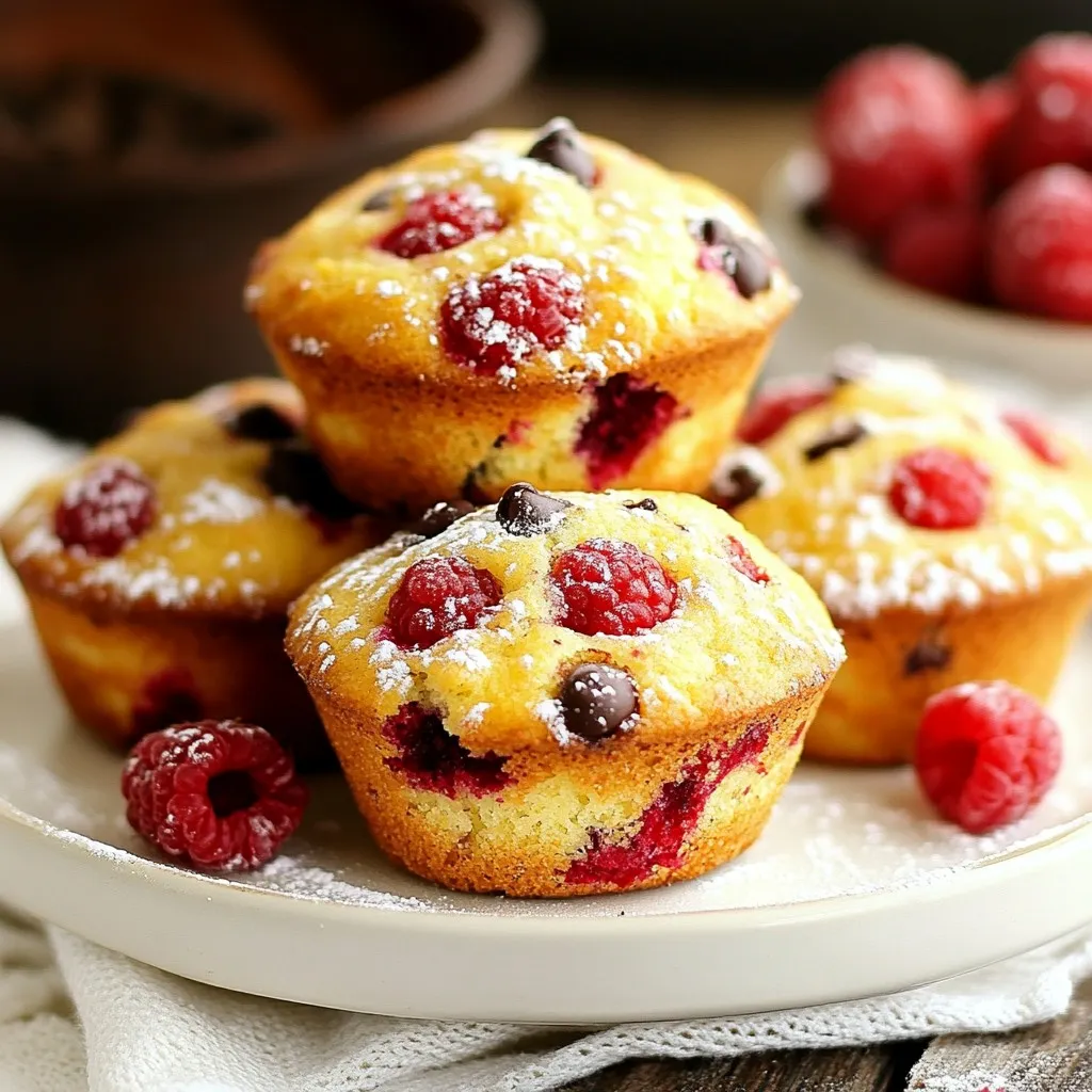 To make your Raspberry Chocolate Chip Muffins, gather these items: - 1 ½ cups all-purpose flour - ½ cup granulated sugar - ½ teaspoon baking soda - 1 teaspoon baking powder - ¼ teaspoon salt - ½ cup unsalted butter, melted - 2 large eggs - ¾ cup buttermilk (or milk mixed with 1 teaspoon of vinegar) - 1 teaspoon vanilla extract - 1 cup fresh raspberries (frozen works too) - ½ cup semi-sweet chocolate chips - Zest of 1 lemon (optional) You can swap some ingredients for different flavors or needs: - Use whole wheat flour instead of all-purpose flour for a nuttier flavor. - Coconut sugar can replace granulated sugar for a lower glycemic option. - Greek yogurt can be used in place of buttermilk if you want more protein. - Use dairy-free butter and non-dairy milk to make the recipe vegan. Want to get creative? Here are some add-ins to try: - Chopped nuts like walnuts or pecans add crunch. - A sprinkle of cinnamon gives warmth and spice. - Dried fruits, like cranberries, can add a chewy texture. - A handful of oats can make the muffins heartier. These ingredients and options make your muffins tasty and fun! {{ingredient_image_2}} Start by preheating your oven to 350°F (175°C). This step is key for even baking. While the oven heats, prepare your muffin tin. Use paper liners or spray it with cooking spray. This ensures easy removal later. Grab a large mixing bowl. Add 1 ½ cups of all-purpose flour, ½ cup of granulated sugar, ½ teaspoon of baking soda, 1 teaspoon of baking powder, and ¼ teaspoon of salt. Use a whisk to mix these well. This helps all the ingredients blend evenly, giving you the best muffins possible. In another bowl, melt ½ cup of unsalted butter. Whisk in 2 large eggs, ¾ cup of buttermilk, and 1 teaspoon of vanilla extract. Mix until smooth. It should look creamy with no lumps. This blend adds moisture and flavor to your muffins. Now, gently mix the wet ingredients into the dry ingredients. Use a spatula or wooden spoon to fold them together. Remember, don’t overmix! A few lumps are okay. This keeps the muffins light and fluffy. Next, add in 1 cup of fresh raspberries and ½ cup of semi-sweet chocolate chips. If you want a zesty kick, add the zest of 1 lemon. Carefully fold everything together. Then, fill each muffin cup about ¾ full with batter. Place the muffin tin in the oven. Bake for 18-22 minutes. Use a toothpick to check if they’re done. It should come out clean or with a few crumbs. Once baked, take the muffin tin out of the oven. Let the muffins cool in the pan for about 5 minutes. Then, move them to a wire rack. This step helps them cool evenly. Serve warm or at room temperature. They taste amazing with coffee or tea! To get that perfect muffin texture, focus on mixing well but don't overdo it. Combine the dry and wet ingredients just until you see no dry flour. A few lumps in the batter are okay. This helps keep the muffins light and fluffy. Also, using buttermilk adds moisture and a slight tang, which makes each bite delightful. When you add raspberries, do so gently. Fold them into the batter with care. A light touch helps keep the berries whole. If you use frozen raspberries, don't thaw them first. This prevents them from breaking and turning your batter pink. It also keeps your muffins looking fresh and beautiful. To keep your muffins fresh, store them in an airtight container. They stay good at room temperature for about three days. If you want them to last longer, freeze them. Just wrap each muffin in plastic wrap, then place them in a freezer bag. When you're ready to enjoy, thaw them at room temperature or warm them in the oven. Pro Tips Use Fresh Ingredients: Fresh raspberries will give your muffins the best flavor and texture. If using frozen, be sure to gently fold them in to avoid breaking apart. Don’t Overmix: Overmixing can lead to dense muffins. Mix until just combined for a light and fluffy texture. Bake Evenly: Make sure your oven is fully preheated before baking. This ensures even rising and browning of the muffins. Experiment with Flavors: The lemon zest adds a refreshing twist, but feel free to experiment with other citrus or spices like cinnamon for a unique flavor profile. {{image_4}} You can easily make these muffins gluten-free. Use a gluten-free flour blend in place of all-purpose flour. Make sure the blend works for baking. Also, check that your baking powder and baking soda are gluten-free. This option keeps the muffins light and fluffy. For a dairy-free version, swap the butter with coconut oil or a dairy-free margarine. Use almond milk or oat milk instead of buttermilk. Mixing your milk with vinegar still works great. These changes keep the flavors rich while making it safe for those avoiding dairy. Adding nuts or seeds can give your muffins a tasty crunch. Chopped walnuts or pecans work well with raspberries. You can also try sunflower seeds or pumpkin seeds for a nut-free option. Add about half a cup of your choice to the batter. This makes the muffins even more nutritious and satisfying. To keep your raspberry chocolate chip muffins fresh, store them in an airtight container. This will help keep moisture in and prevent them from drying out. Place a paper towel in the container. This towel will absorb any extra moisture and keep the muffins soft. You can store them at room temperature for up to three days. If you want to keep them longer, consider freezing. Freezing muffins is easy! First, let them cool completely after baking. Then, wrap each muffin in plastic wrap. You can also put them in a freezer-safe bag. Squeeze out as much air as you can before sealing. This helps prevent freezer burn. Label the bags with the date and type of muffin. You can freeze them for up to three months. When you’re ready to enjoy one, just take it out and let it thaw at room temperature. Reheating your muffins is simple. You can use the microwave or an oven. For the microwave, place your muffin on a plate and heat it for about 10-15 seconds. This will warm it up nicely. If you prefer the oven, preheat it to 350°F (175°C). Place the muffin on a baking sheet and heat for about 5-7 minutes. This will restore that soft, fresh-baked taste. Enjoy them warm for the best flavor! Yes, you can use frozen raspberries in these muffins. They are a great substitute when fresh ones are not available. Just toss the frozen raspberries in a little flour before adding them to the batter. This helps prevent them from sinking to the bottom while baking. Keep in mind, the muffins may be slightly wetter due to the extra moisture from the frozen fruit. To help your muffins rise higher, follow these tips: - Use fresh baking powder and baking soda. Old leavening agents lose their power. - Fill the muffin cups about three-quarters full. This allows them to rise well. - Avoid overmixing. Stir gently just until combined to keep air in the batter. - Bake in a preheated oven. A hot oven helps create a great rise. The best way to measure flour is to use the spoon and level method. Here’s how to do it: - Fluff the flour in the container with a spoon. - Use a spoon to scoop the flour into your measuring cup. - Do not pack it down. - Finally, use a straight edge to level off the excess flour. This method gives you the right amount without using too much. This blog post covered how to make delicious muffins from scratch. We went over the best ingredients, simple steps, and useful tips. You can swap ingredients if you need to, and even try fun variations like gluten-free or dairy-free options. Remember to store your muffins correctly. This keeps them fresh longer. With these helpful hints, you can bake perfect muffins every time. Enjoy the process, and share your tasty results!