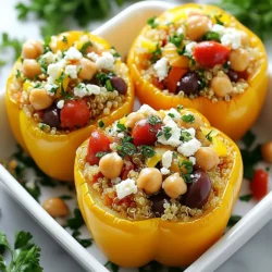 For these tasty Mediterranean quinoa stuffed peppers, you will need: - 4 large bell peppers (your choice of color) - 1 cup quinoa, thoroughly rinsed - 2 cups vegetable broth - 1 cup canned chickpeas, drained and rinsed - 1/2 cup cherry tomatoes, halved - 1/2 cup Kalamata olives, pitted and coarsely chopped - 1/4 cup red onion, finely diced - 1/4 cup feta cheese, crumbled (optional for vegan version) - 2 tablespoons olive oil, divided - 1 teaspoon dried oregano - 1 teaspoon garlic powder - Salt and pepper, to taste Each ingredient adds flavor and texture. Quinoa brings protein and fiber. Bell peppers provide crunch and color. Chickpeas add heartiness, while olives and feta give a salty kick. Feel free to swap or add other ingredients to make the dish your own. Here are some ideas: - Spinach or kale for extra greens - Zucchini or carrots, finely diced - Artichoke hearts for a tangy twist - Different cheese options like mozzarella or goat cheese - Fresh herbs like basil or thyme for added aroma Mix and match these optional ingredients based on your tastes. They can enhance the flavor and nutrition of your stuffed peppers. Garnishing can elevate your dish's presentation. Here are some great options: - Fresh parsley, chopped - A sprinkle of red pepper flakes for heat - A drizzle of balsamic glaze for sweetness - Lemon wedges on the side for a zesty touch These garnishes not only look great but also add flavor. They make your Mediterranean quinoa stuffed peppers even more enjoyable. {{ingredient_image_2}} Start by preheating your oven to 375°F (190°C). This step is key for even cooking. Next, take your bell peppers and cut off the tops. Remove the seeds and membranes gently. Drizzle the insides of the peppers with 1 tablespoon of olive oil. Sprinkle a little salt inside each pepper. Place them upright in a baking dish, ready to be filled. In a medium saucepan, add 1 cup of rinsed quinoa and 2 cups of vegetable broth. Bring it to a boil over medium-high heat. Once it boils, reduce the heat to low. Cover it with a lid and let it simmer for about 15 minutes. The quinoa will become fluffy and absorb all the liquid. In a large mixing bowl, combine the cooked quinoa, 1 cup of chickpeas, 1/2 cup of halved cherry tomatoes, and 1/2 cup of chopped Kalamata olives. Also, add 1/4 cup of finely diced red onion and 1/4 cup of crumbled feta cheese if you want. Pour in the remaining tablespoon of olive oil, 1 teaspoon of dried oregano, and 1 teaspoon of garlic powder. Season with salt and pepper to taste. Stir everything well until it blends nicely. Take the quinoa mixture and carefully spoon it into each prepared bell pepper. Pack it down gently with the back of the spoon. This helps to fill them well. Cover the baking dish with aluminum foil and place it in your preheated oven. Bake for 25 minutes to let the flavors meld. After 25 minutes, remove the foil. Bake for another 10-15 minutes. This step allows the peppers to soften and get a slight char. Once done, take them out and let them cool for a few minutes. Garnish with freshly chopped parsley for that extra burst of flavor. Enjoy your tasty Mediterranean quinoa stuffed peppers! To get the best texture in your stuffed peppers, cook the quinoa well. Rinse it before cooking to remove bitterness. Use vegetable broth for more flavor. Cook it until fluffy and all liquid is absorbed, about 15 minutes. When you mix in the other ingredients, make sure they are well combined. This helps create a nice, even texture. To enhance the flavors, try adding fresh herbs like basil or mint. You can also add a squeeze of lemon juice for brightness. If you like spice, toss in some red pepper flakes. These little tweaks can make your dish pop. Don’t forget to taste the filling before stuffing the peppers. Adjust the seasoning with salt and pepper to your liking. If you have leftovers, store them in an airtight container. They will keep well in the fridge for up to three days. To reheat, place them in the oven at 350°F (175°C) for about 15-20 minutes. You can add a splash of broth to keep them moist. They also freeze well for up to three months. Just make sure to wrap them tightly. Pro Tips Choose Colorful Peppers: Using a mix of colored bell peppers not only enhances the visual appeal of the dish but also adds a variety of flavors. Red, yellow, and orange peppers tend to be sweeter than green ones. Perfectly Cooked Quinoa: Ensure you rinse the quinoa thoroughly before cooking to remove its natural coating, called saponin, which can taste bitter. This step guarantees a deliciously fluffy base for your filling. Add More Veggies: Feel free to customize the filling by adding more vegetables such as spinach, zucchini, or mushrooms. This not only boosts nutrition but also enhances the flavor profile of the dish. Experiment with Spices: Don’t hesitate to experiment with different herbs and spices. Adding a pinch of cumin or smoked paprika can give your stuffed peppers an extra depth of flavor that complements the Mediterranean theme beautifully. {{image_4}} You can easily make this dish vegan. Simply skip the feta cheese. The stuffed peppers will still taste great! You can also add more veggies. Try spinach, zucchini, or mushrooms. These add depth and flavor. For a protein boost, include more chickpeas or black beans. Quinoa is fantastic, but you can switch it up. Brown rice, farro, or even couscous work well. Each grain brings its own texture. Brown rice gives a hearty feel. Farro adds a nutty flavor. Couscous cooks quickly and is light. Choose what you like best. Make use of seasonal veggies. In spring, add fresh peas or asparagus. In summer, use sweet corn or zucchini. Fall brings great options like squash or mushrooms. In winter, try root vegetables like carrots or parsnips. Swapping ingredients keeps the dish exciting and fresh! Each serving of Mediterranean quinoa stuffed peppers contains around 350 calories. The dish offers 12 grams of protein, 14 grams of fat, and 45 grams of carbs. Quinoa is a complete protein, which means it has all nine essential amino acids. This makes it great for a balanced meal. The peppers add fiber and vitamins A and C, which support overall health. Quinoa is high in protein and fiber. It helps you feel full longer. Chickpeas provide more protein and fiber, plus they are great for heart health. Tomatoes and olives add antioxidants. These help protect your cells from damage. Feta cheese, if used, adds calcium and flavor. Olive oil provides healthy fats, supporting heart health and reducing inflammation. This recipe contains common allergens. Feta cheese is dairy, so avoid it for lactose intolerance. Olives may have traces of gluten. Always check labels if you have allergies. For a vegan option, skip the cheese. The dish remains tasty and nutritious without it. To make quinoa from scratch, rinse 1 cup of quinoa in cold water. This removes any bitter taste. Next, combine the rinsed quinoa with 2 cups of vegetable broth in a saucepan. Bring it to a boil over medium-high heat. Once boiling, reduce the heat to low and cover the pot. Let it simmer for about 15 minutes. The quinoa is done when it is fluffy and all the liquid is absorbed. Yes, you can use different types of peppers! While bell peppers are popular, try using poblano, jalapeño, or even mini sweet peppers. Each type adds its own flavor. Just make sure they are large enough for stuffing. Stuffed peppers pair well with many sides. Serve them with a simple green salad for freshness. You can also add a side of roasted vegetables or garlic bread. For a heartier meal, serve with rice or couscous. Peppers are done cooking when they are tender and slightly charred. After baking for about 35-40 minutes, check them by gently poking with a fork. If the fork goes in easily, they are ready to enjoy! Stuffed peppers offer a simple way to enjoy healthy meals. We covered key ingredients, tips for perfect texture, and various tasty options. You can customize your dish to suit your taste and needs. By adding seasonal ingredients or trying different grains, stuffed peppers can fit any diet. Remember, they store well for leftovers, making meal prep easier. Experiment and have fun with this versatile recipe, and enjoy every bite!