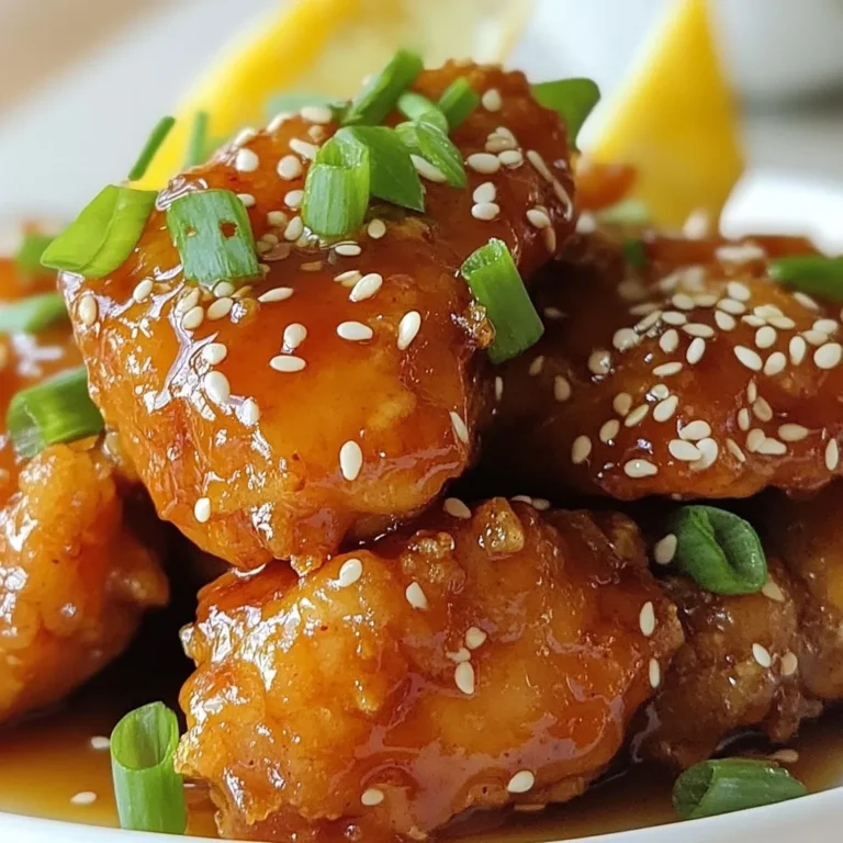 - 1 lb chicken breast, cut into bite-sized pieces - 1/2 cup cornstarch - 1/4 cup all-purpose flour - 1 teaspoon baking powder - 2 eggs, beaten - 1 cup vegetable oil (for frying) - Salt and pepper to taste For the chicken, we need fresh chicken breast. Cut it into small pieces. The cornstarch helps make the chicken crispy. The all-purpose flour adds texture. The baking powder gives it a nice lift. Eggs are for coating the chicken. Don’t forget salt and pepper to season! - 1/3 cup honey - 1/4 cup fresh lemon juice - 1 tablespoon low sodium soy sauce - 1 clove garlic, minced - 1 teaspoon lemon zest - 1 teaspoon cornflour mixed with 1 tablespoon water (for thickening) For the sauce, honey and lemon juice give it a sweet and tangy taste. Soy sauce adds depth. Garlic brings flavor, while lemon zest gives a fresh kick. The cornflour mixed with water helps thicken the sauce, making it perfect for coating the chicken. - Sesame seeds - Finely chopped green onions For a pop of color and taste, use sesame seeds and green onions. They add crunch and a fresh touch to your dish. Garnishing makes your meal look even more inviting! Enjoy making this delicious meal. {{ingredient_image_2}} Start by mixing cornstarch, flour, baking powder, salt, and pepper in a bowl. Make sure these dry ingredients blend well. In another bowl, beat the eggs until smooth. Dip each chicken piece into the eggs, letting any extra drip off. Then, coat each piece in the flour mix, ensuring they are covered evenly. This step makes the chicken crispy when cooked. Heat vegetable oil in a large pan over medium-high heat. When the oil shimmers, it's ready. Add the chicken pieces in batches, but don't crowd the pan. Fry them for about 4 to 5 minutes. Turn the chicken occasionally until it turns golden brown and crispy. Once done, place the chicken on a paper towel to soak up excess oil. In a medium saucepan, mix honey, lemon juice, soy sauce, minced garlic, and lemon zest. Heat this mixture over medium heat. Stir well and bring it to a gentle simmer. After it simmers, add the cornflour mixed with water. Keep stirring for 1 to 2 minutes until the sauce thickens nicely. This sauce adds a sweet and tangy flavor to the chicken. Now, toss the crispy chicken in the honey lemon sauce. Make sure each piece gets coated well. You want the chicken to glisten with sauce. This step ensures that every bite is delicious and full of flavor. Serve the glazed chicken on a nice plate. For a pop of color, sprinkle sesame seeds and finely chopped green onions on top. This not only adds flavor but also makes the dish look appealing. Enjoy your meal! To get crispy chicken, use the right oil. I prefer vegetable oil for frying. Heat the oil to medium-high heat before adding the chicken. If the oil is hot enough, the chicken will fry, not steam. Fry in batches to avoid overcrowding. This keeps the heat steady and gives you that perfect crunch. If you want a thicker sauce, use more cornflour mixed with water. Start with one teaspoon of cornflour and one tablespoon of water. Mix it in well and add it to the sauce while it simmers. Stir constantly to avoid lumps. If it's too thick, add a bit more lemon juice or water to loosen it up. You can make the sauce ahead. Just store it in the fridge. When ready to serve, reheat it gently. For the chicken, fry it right before serving for the best texture. If you need to, you can fry the chicken a few hours ahead. Just keep it warm in a low oven. This way, you keep the crunchiness intact! Pro Tips Perfect Temperature: Ensure your oil is hot enough before frying to achieve that perfect crispy texture. A temperature of around 350°F (175°C) is ideal. Double Coating: For extra crispiness, consider double coating the chicken by dipping it back into the egg and flour mixture a second time before frying. Resting Time: Allow the fried chicken to rest on a paper towel for a few minutes to let excess oil drain and maintain its crispiness. Customization: Feel free to customize the sauce by adding chili flakes for a spicy kick or additional herbs for more flavor depth. {{image_4}} You can switch out chicken for other proteins. Use shrimp for a quick cook time. Firm tofu works well for a plant-based option. Both will soak up the honey lemon sauce nicely. You might also try pork tenderloin, cut into small pieces. Adjust the cooking time based on the protein you choose. Want to mix up the flavor? Add fresh herbs like thyme or basil. A pinch of red pepper flakes gives a nice kick. For a smoky taste, try adding smoked paprika. You can even experiment with citrus zest, like lime or orange, to brighten the sauce. To make this dish lighter, use skinless chicken breasts. Air frying can reduce oil use while keeping crispiness. Swap honey for a sugar-free alternative if needed. You can also add more veggies to the dish, like bell peppers or broccoli, for extra nutrients. These changes keep the meal flavorful and satisfying. You can keep leftover crispy honey lemon chicken in your fridge. Place it in an airtight container. This keeps it fresh for up to three days. When ready to eat, check for any signs of spoilage. If it smells off, toss it out. Freezing is also an option. First, let the chicken cool completely. Then, place it in a freezer-safe bag or container. Remove as much air as you can to prevent freezer burn. It can last up to three months in the freezer. When you want to enjoy it, thaw it in the fridge overnight. To reheat, use an oven for the best results. Preheat your oven to 375°F (190°C). Place the chicken on a baking sheet and heat for about 10-15 minutes. This keeps the chicken crispy. If you use a microwave, be aware it may become soggy. To make your chicken extra crispy, use a mix of cornstarch and flour. Cornstarch adds great crunch. Ensure the oil is hot before frying. This helps to seal the coating fast. Fry the chicken in small batches. Overcrowding can lower the oil temperature, leading to soggy chicken. Yes, you can swap some ingredients in the sauce. Try maple syrup instead of honey for a different taste. If you don’t have fresh lemon juice, use bottled juice. You can also add ginger for a spicy kick. Just keep the base flavors balanced for the best outcome. Crispy Honey Lemon Chicken goes well with many sides. Steamed rice is a great choice. You can also serve it with stir-fried veggies for color and nutrients. A light salad with a citrus dressing can add freshness. These sides enhance the meal without overpowering the chicken. This dish takes about 30 minutes total. You’ll spend 15 minutes prepping the ingredients. Cooking the chicken and making the sauce takes another 15 minutes. It’s quick and perfect for a weeknight dinner. Enjoy your tasty meal in no time! You learned how to make Crispy Honey Lemon Chicken with simple steps and tasty tips. We covered ingredients, preparation, and cooking methods to help you succeed. You can customize this dish with variations or tips for meal prep. Remember to store leftovers properly for future meals. Enjoy making this dish for your friends and family. Trust me, they’ll love it!