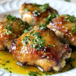 - Chicken thighs: 4 bone-in, skin-on - Marinade components: 1 cup freshly squeezed orange juice, 1/2 cup raw honey - Flavor enhancers: 2 tablespoons low-sodium soy sauce, 1 tablespoon extra virgin olive oil - Aromatics: 2 cloves minced garlic, 1 teaspoon freshly grated ginger - Optional spice: 1/2 teaspoon crushed red pepper flakes - Seasoning: Salt and freshly ground black pepper to taste - Garnish: Fresh parsley, finely chopped For this recipe, I use chicken thighs. They are juicy and full of flavor. You want four bone-in, skin-on thighs for the best results. The skin adds a crispy texture. Next, we need our marinade. Fresh orange juice gives a sweet and zesty taste. I use one cup of it. Honey adds a rich sweetness. Half a cup of raw honey works well. To boost the flavor, I add soy sauce and olive oil. Two tablespoons of low-sodium soy sauce add umami. A tablespoon of extra virgin olive oil keeps the chicken moist. Now, let’s add some aromatics. I use two cloves of minced garlic and one teaspoon of freshly grated ginger. They make the dish smell amazing. If you like a kick, consider crushed red pepper flakes. A half teaspoon will do. Don’t forget salt and fresh black pepper to taste. Finally, for garnish, I love to use fresh parsley. It adds color and freshness to the dish. {{ingredient_image_2}} - Combine orange juice, honey, soy sauce, olive oil, garlic, ginger, and red pepper flakes. - Reserve marinade for basting. To make the marinade, grab a medium bowl. Pour in one cup of freshly squeezed orange juice. Add in half a cup of raw honey. Then, mix in two tablespoons of low-sodium soy sauce. Add one tablespoon of extra virgin olive oil. Toss in two cloves of minced garlic and one teaspoon of freshly grated ginger. If you like heat, sprinkle in half a teaspoon of crushed red pepper flakes. Whisk everything well until smooth. Set aside a quarter cup of this mix for later. - Coat chicken thighs with the marinade. - Refrigerate for at least 30 minutes or up to 4 hours. Next, take four bone-in, skin-on chicken thighs. Place them in a large resealable bag or a shallow dish. Pour the marinade over the chicken, making sure each piece is well coated. Seal the bag tightly or cover the dish with plastic wrap. Place it in the refrigerator. Let it sit for at least 30 minutes. For even more flavor, marinate for up to four hours. - Set the temperature to 425°F (220°C). While the chicken marinates, preheat your oven to 425°F (220°C). This hot temperature helps create crispy skin. - Pat chicken dry and season with salt and pepper. - Arrange chicken on a lined baking sheet with skin side up. Once marinated, remove the chicken from the refrigerator. Use paper towels to gently pat each thigh dry. This step is key for crispy skin. Season both sides with salt and freshly ground black pepper. Line a baking sheet with parchment paper or aluminum foil. Place the chicken thighs skin side up on the sheet. Brush each piece with the reserved marinade for extra flavor. - Cook for 25-30 minutes until the internal temperature reaches 165°F (75°C). Place the baking sheet in the oven. Bake the chicken for 25 to 30 minutes. Use a meat thermometer to check the internal temperature. It should reach 165°F (75°C) for safe eating. - Broil for the last 3-5 minutes to caramelize the glaze. For a delicious finish, switch your oven to broil mode for the last 3 to 5 minutes. This step caramelizes the glaze and adds a rich flavor. Keep a close eye on it to avoid burning. - Drizzle with leftover glaze and garnish with parsley before serving. After broiling, remove the chicken from the oven. Let it sit for about 5 minutes. Drizzle any leftover glaze from the baking sheet over the chicken. Garnish with fresh parsley for a pop of color and flavor. Enjoy your orange glazed chicken thighs! To get that perfect crispy skin on chicken, start by drying the chicken thighs. Pat them with paper towels until dry. This helps the skin crisp up when cooking. Next, preheat your oven to 425°F (220°C). A hot oven cooks the skin quickly, making it golden and crunchy. Want to boost flavor? Add more spices or herbs to the marinade. Try thyme, rosemary, or paprika for a twist. Pair your orange glazed chicken with simple sides like rice, steamed veggies, or a fresh salad. These will balance the rich flavors of the dish. When glazing your chicken, you can use a brush or a spoon. A brush helps spread the glaze evenly. Use a spoon if you want to drizzle it over for a more rustic look. Timing matters too; baste the chicken halfway through cooking. This keeps the skin moist and packed with flavor. Pro Tips Marinate for Maximum Flavor: For the best results, marinate the chicken thighs for at least 2 hours. This allows the flavors to penetrate the meat deeply, ensuring every bite is juicy and flavorful. Pat Dry for Crispiness: Always pat the chicken dry with paper towels before baking. This step removes excess moisture, helping to achieve that coveted crispy skin. Use a Meat Thermometer: To guarantee perfectly cooked chicken, use a meat thermometer. The internal temperature should reach 165°F (75°C) for safe consumption and optimal juiciness. Experiment with Citrus: Don’t hesitate to mix different citrus juices, like lemon or lime, into your glaze for a unique twist. Each adds its own vibrant flavor profile to the dish. {{image_4}} You can use chicken breasts or drumsticks instead of thighs. Chicken breasts cook faster, so check them at 20-25 minutes. Drumsticks need about 35-40 minutes to cook fully. Adjust cooking times based on the cut you choose. If you want to change the sweetness, try maple syrup or agave nectar instead of honey. For heat, increase crushed red pepper flakes or add a dash of hot sauce. If you prefer less heat, skip the red pepper flakes altogether. You can grill the chicken for a smoky flavor. Preheat your grill to medium-high heat. Cook each thigh for about 6-8 minutes per side. Check for an internal temperature of 165°F (75°C). A slow cooker is another great option. After marinating, place the chicken in a slow cooker on low heat for 6-7 hours. This method makes the chicken very tender and juicy. To store leftover orange glazed chicken thighs, place them in an airtight container. Cool the chicken to room temperature first. Then, cover it well to keep out air and moisture. This keeps the chicken fresh. You can store it in the fridge for up to four days. If you want to keep it longer, freeze it. For freezing, wrap each thigh in plastic wrap and place them in a freezer-safe bag. Be sure to remove as much air as possible. This helps prevent freezer burn. When reheating, I recommend using the oven. This method keeps the chicken juicy. Preheat your oven to 350°F (175°C). Place the chicken on a baking sheet and cover it with foil. Heat for about 15-20 minutes. If you prefer the microwave, use a microwave-safe dish. Add a splash of water to keep moisture. Cover the dish with a lid or plastic wrap, leaving a small gap for steam. Heat in short bursts, checking often to avoid drying it out. Orange glazed chicken thighs last in the fridge for about four days. Always check for spoilage before eating. Signs of spoilage include a sour smell, slimy texture, or discoloration. If you notice any of these signs, it’s best to throw the chicken away. Ensuring food safety is key to enjoying your meals! Yes, you can use lemon or lime juice instead of orange juice. Both add a nice tang. Lemon juice brightens the dish, while lime juice gives it a zesty kick. Just keep the amounts the same for a balanced flavor. Check the internal temperature with a meat thermometer. It should reach 165°F (75°C). You can also look for clear juices when you cut into the thigh. If the juices run clear, the chicken is done. You can marinate the chicken overnight for deeper flavor. However, if you do, make sure to not exceed 24 hours. The acid in the juice can break down the meat too much, making it mushy. This dish pairs well with rice, quinoa, or a fresh salad. Steamed veggies like broccoli or green beans also complement the sweet glaze. You can even serve it with mashed potatoes for a hearty meal. Broiling helps caramelize the glaze, adding a rich flavor. This step gives the chicken a beautiful finish. Keep an eye on it to avoid burning. A few minutes under the broiler makes a big difference! This recipe for orange glazed chicken thighs is simple and rewarding. We covered essential ingredients, step-by-step instructions, and tips for delicious results. By marinating the chicken and using the right cooking methods, you can achieve crispy skin and rich flavor. Try variations and enhance your dish with different proteins or spices. Store leftovers properly to enjoy them later. With these techniques, you'll impress everyone at your table and create a dish that’s truly delightful. Enjoy your cooking experience and share this recipe with friends and family!