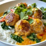 - 1 lb ground chicken (or turkey) - 1/2 cup breadcrumbs - 1 egg, lightly beaten - 2 cloves garlic, minced - 1 tbsp fresh ginger, grated - 1/4 cup fresh cilantro, chopped - 1 tbsp soy sauce - 1 tsp salt - 1/2 tsp freshly ground black pepper - 1 can (13.5 oz) coconut milk - 2 tbsp red curry paste - 1 tbsp fish sauce (optional for umami) - 1 tbsp lime juice - 1 cup fresh spinach, chopped - Cooked jasmine rice, for serving You can add a few extra touches to boost flavor. Consider these options: - Chopped scallions for crunch - Crushed peanuts for texture - A dash of chili flakes for heat Not every home has the exact items. Here are some swaps: - Use ground beef or pork instead of chicken or turkey. - Swap breadcrumbs with cooked quinoa for a gluten-free option. - Replace fish sauce with soy sauce for a vegetarian choice. - Use green curry paste for a different flavor. These choices keep your meal fun and flavorful. Adjust based on what you have at home! {{ingredient_image_2}} To start, grab a large mixing bowl. Add 1 lb of ground chicken or turkey. Then, mix in 1/2 cup of breadcrumbs. Next, add 1 lightly beaten egg, 2 cloves of minced garlic, and 1 tbsp of grated ginger. Don't forget 1/4 cup of chopped cilantro, 1 tbsp of soy sauce, 1 tsp of salt, and 1/2 tsp of black pepper. Use your hands or a spatula to blend all the ingredients well. The mixture should feel sticky and hold together nicely. Now it's time to shape the mixture into meatballs. Wet your hands slightly to help form them. Roll the mixture into balls about 1 to 1.5 inches wide. Place them on a tray lined with parchment paper so they won't stick. Next, heat some oil in a large skillet over medium heat. Once hot, add the meatballs in batches. Cook them for about 5-7 minutes. Make sure to turn them so they brown evenly. They don’t need to be fully cooked yet. Once browned, transfer them to a plate. In the same skillet, pour in one can of coconut milk. Stir in 2 tbsp of red curry paste and mix well. Let it cook for about 2 minutes, stirring often. This will help the flavors blend. Then, return the browned meatballs to the skillet. Gently stir to coat them in the sauce. If you like, add 1 tbsp of fish sauce for extra flavor. Let everything simmer for about 10-15 minutes. This helps the meatballs cook through and the sauce thicken. Finally, stir in 1 cup of chopped spinach and 1 tbsp of lime juice. Cook for an additional 2-3 minutes until the spinach wilts nicely. To keep your meatballs moist, use ground chicken or turkey. These meats have enough fat to stay juicy. Add breadcrumbs to the meat mixture. They soak up moisture and help keep meatballs tender. Mixing in an egg also helps bind everything together. This makes them less likely to dry out. Start with a good coconut milk. Choose a full-fat version for creaminess. Stir in red curry paste for a rich flavor. Adjust the amount based on how spicy you like it. Add fish sauce for an extra layer of taste. A dash of lime juice at the end brightens the sauce. Taste as you go to find the balance you love. Serve your meatballs over fluffy jasmine rice. Drizzle extra curry sauce on top for flavor. Add a wedge of lime on the side. This gives a fresh kick when you squeeze it over the dish. Garnish with chopped cilantro or crushed peanuts for color and crunch. This makes your meal look inviting and fun! Pro Tips Use Fresh Ingredients: Fresh herbs and spices will enhance the flavor of your meatballs and curry sauce significantly. Opt for fresh ginger and cilantro for the best results. Control Spice Level: Adjust the amount of red curry paste to suit your preference for heat. Start with a smaller amount and add more if desired. Make Ahead: You can prepare the meatballs in advance and refrigerate or freeze them. Cook them fresh when you're ready to serve for a quick meal. Experiment with Vegetables: Feel free to add other vegetables like bell peppers or zucchini to the curry for added nutrition and flavor. Just ensure they are cut uniformly for even cooking. {{image_4}} You can make this dish vegetarian or vegan easily. Use lentils or chickpeas for the base. Combine them with breadcrumbs, flaxseed meal, and spices instead of meat. This makes a hearty, plant-based option. For a creamy sauce, stick with coconut milk and red curry paste. Add fresh veggies like bell peppers or eggplants for texture and flavor. If you want to switch proteins, turkey works great. You can also use pork or beef for a richer taste. Ground tofu is another option for a lighter meatball. Each protein brings its unique flavor. Adjust the cooking time if using larger or denser meat types. You can adjust the spice in your curry. For a milder taste, use less red curry paste. Adding more coconut milk can help balance the heat. If you want a spicy kick, toss in fresh chilies or more curry paste. Experiment with herbs like basil or mint for fresh notes. These changes can make each meal unique and exciting! To store your leftover meatballs, wait for them to cool. Place them in an airtight container. Keep them in the fridge for up to three days. If you want to keep them longer, freezing is a great option. Always store the meatballs in the coconut curry sauce to keep them moist and tasty. Freezing these meatballs is easy and smart for meal prep. First, make sure they cool down completely. Then, transfer them to a freezer-safe bag or container. Try to remove as much air as possible to avoid freezer burn. You can freeze the meatballs with or without the sauce. They last up to three months in the freezer. When you're ready to enjoy your meatballs again, reheating is key. If you froze them, let them thaw in the fridge overnight. To reheat, place them in a skillet over low heat. Add a splash of coconut milk or water to keep the sauce creamy. Stir gently until heated through. You can also use a microwave, but keep an eye on them to avoid drying out. Enjoy your flavorful meal! Yes, you can make this recipe ahead of time. I often prepare the meatballs a day in advance. Simply follow the steps to mix and shape the meatballs. After that, store them in the fridge. When you are ready to cook, just brown them and add the sauce. They taste just as good, and it saves time! You can use ground turkey or even ground pork. If you prefer a plant-based option, try lentils or chickpeas. Just mash them up and mix with your other ingredients. Each option gives a different flavor and texture, so feel free to experiment! The spice level depends on the red curry paste you use. Usually, it can be mild to medium. If you want more heat, add extra curry paste or fresh chili. If you prefer less spice, use less paste. Don’t worry; you can adjust it to fit your taste! Thai coconut curry meatballs are a delicious dish that can fit many tastes. We covered key ingredients, cooking steps, and important tips for a great outcome. You learned about variations like vegetarian options and spice levels. Proper storage and reheating help keep the dish fresh. Enjoy exploring this meal that’s easy to make and full of flavor! Dive into cooking, and let these meatballs bring a taste of Thailand to your table.