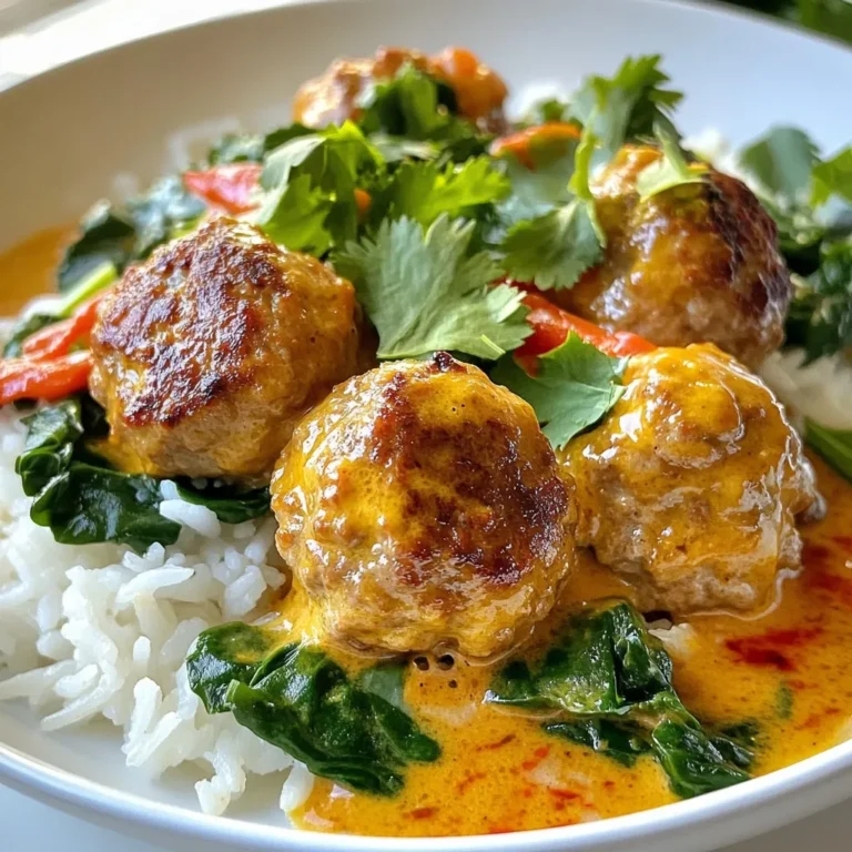 - 1 lb ground chicken (or turkey) - 1/2 cup breadcrumbs - 1 egg, lightly beaten - 2 cloves garlic, minced - 1 tbsp fresh ginger, grated - 1/4 cup fresh cilantro, chopped - 1 tbsp soy sauce - 1 tsp salt - 1/2 tsp freshly ground black pepper - 1 can (13.5 oz) coconut milk - 2 tbsp red curry paste - 1 tbsp fish sauce (optional for umami) - 1 tbsp lime juice - 1 cup fresh spinach, chopped - Cooked jasmine rice, for serving You can add a few extra touches to boost flavor. Consider these options: - Chopped scallions for crunch - Crushed peanuts for texture - A dash of chili flakes for heat Not every home has the exact items. Here are some swaps: - Use ground beef or pork instead of chicken or turkey. - Swap breadcrumbs with cooked quinoa for a gluten-free option. - Replace fish sauce with soy sauce for a vegetarian choice. - Use green curry paste for a different flavor. These choices keep your meal fun and flavorful. Adjust based on what you have at home! {{ingredient_image_2}} To start, grab a large mixing bowl. Add 1 lb of ground chicken or turkey. Then, mix in 1/2 cup of breadcrumbs. Next, add 1 lightly beaten egg, 2 cloves of minced garlic, and 1 tbsp of grated ginger. Don't forget 1/4 cup of chopped cilantro, 1 tbsp of soy sauce, 1 tsp of salt, and 1/2 tsp of black pepper. Use your hands or a spatula to blend all the ingredients well. The mixture should feel sticky and hold together nicely. Now it's time to shape the mixture into meatballs. Wet your hands slightly to help form them. Roll the mixture into balls about 1 to 1.5 inches wide. Place them on a tray lined with parchment paper so they won't stick. Next, heat some oil in a large skillet over medium heat. Once hot, add the meatballs in batches. Cook them for about 5-7 minutes. Make sure to turn them so they brown evenly. They don’t need to be fully cooked yet. Once browned, transfer them to a plate. In the same skillet, pour in one can of coconut milk. Stir in 2 tbsp of red curry paste and mix well. Let it cook for about 2 minutes, stirring often. This will help the flavors blend. Then, return the browned meatballs to the skillet. Gently stir to coat them in the sauce. If you like, add 1 tbsp of fish sauce for extra flavor. Let everything simmer for about 10-15 minutes. This helps the meatballs cook through and the sauce thicken. Finally, stir in 1 cup of chopped spinach and 1 tbsp of lime juice. Cook for an additional 2-3 minutes until the spinach wilts nicely. To keep your meatballs moist, use ground chicken or turkey. These meats have enough fat to stay juicy. Add breadcrumbs to the meat mixture. They soak up moisture and help keep meatballs tender. Mixing in an egg also helps bind everything together. This makes them less likely to dry out. Start with a good coconut milk. Choose a full-fat version for creaminess. Stir in red curry paste for a rich flavor. Adjust the amount based on how spicy you like it. Add fish sauce for an extra layer of taste. A dash of lime juice at the end brightens the sauce. Taste as you go to find the balance you love. Serve your meatballs over fluffy jasmine rice. Drizzle extra curry sauce on top for flavor. Add a wedge of lime on the side. This gives a fresh kick when you squeeze it over the dish. Garnish with chopped cilantro or crushed peanuts for color and crunch. This makes your meal look inviting and fun! Pro Tips Use Fresh Ingredients: Fresh herbs and spices will enhance the flavor of your meatballs and curry sauce significantly. Opt for fresh ginger and cilantro for the best results. Control Spice Level: Adjust the amount of red curry paste to suit your preference for heat. Start with a smaller amount and add more if desired. Make Ahead: You can prepare the meatballs in advance and refrigerate or freeze them. Cook them fresh when you're ready to serve for a quick meal. Experiment with Vegetables: Feel free to add other vegetables like bell peppers or zucchini to the curry for added nutrition and flavor. Just ensure they are cut uniformly for even cooking. {{image_4}} You can make this dish vegetarian or vegan easily. Use lentils or chickpeas for the base. Combine them with breadcrumbs, flaxseed meal, and spices instead of meat. This makes a hearty, plant-based option. For a creamy sauce, stick with coconut milk and red curry paste. Add fresh veggies like bell peppers or eggplants for texture and flavor. If you want to switch proteins, turkey works great. You can also use pork or beef for a richer taste. Ground tofu is another option for a lighter meatball. Each protein brings its unique flavor. Adjust the cooking time if using larger or denser meat types. You can adjust the spice in your curry. For a milder taste, use less red curry paste. Adding more coconut milk can help balance the heat. If you want a spicy kick, toss in fresh chilies or more curry paste. Experiment with herbs like basil or mint for fresh notes. These changes can make each meal unique and exciting! To store your leftover meatballs, wait for them to cool. Place them in an airtight container. Keep them in the fridge for up to three days. If you want to keep them longer, freezing is a great option. Always store the meatballs in the coconut curry sauce to keep them moist and tasty. Freezing these meatballs is easy and smart for meal prep. First, make sure they cool down completely. Then, transfer them to a freezer-safe bag or container. Try to remove as much air as possible to avoid freezer burn. You can freeze the meatballs with or without the sauce. They last up to three months in the freezer. When you're ready to enjoy your meatballs again, reheating is key. If you froze them, let them thaw in the fridge overnight. To reheat, place them in a skillet over low heat. Add a splash of coconut milk or water to keep the sauce creamy. Stir gently until heated through. You can also use a microwave, but keep an eye on them to avoid drying out. Enjoy your flavorful meal! Yes, you can make this recipe ahead of time. I often prepare the meatballs a day in advance. Simply follow the steps to mix and shape the meatballs. After that, store them in the fridge. When you are ready to cook, just brown them and add the sauce. They taste just as good, and it saves time! You can use ground turkey or even ground pork. If you prefer a plant-based option, try lentils or chickpeas. Just mash them up and mix with your other ingredients. Each option gives a different flavor and texture, so feel free to experiment! The spice level depends on the red curry paste you use. Usually, it can be mild to medium. If you want more heat, add extra curry paste or fresh chili. If you prefer less spice, use less paste. Don’t worry; you can adjust it to fit your taste! Thai coconut curry meatballs are a delicious dish that can fit many tastes. We covered key ingredients, cooking steps, and important tips for a great outcome. You learned about variations like vegetarian options and spice levels. Proper storage and reheating help keep the dish fresh. Enjoy exploring this meal that’s easy to make and full of flavor! Dive into cooking, and let these meatballs bring a taste of Thailand to your table.