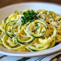 - 4 medium zucchini, spiralized into zoodles - 2 tablespoons extra virgin olive oil - 4 cloves garlic, finely minced - 1 cup heavy cream - 1 cup freshly grated Parmesan cheese - 1/2 teaspoon sea salt - 1/4 teaspoon freshly ground black pepper - 1/4 teaspoon red pepper flakes (optional, for a kick) - Fresh parsley, finely chopped (for garnish) Choose firm zucchini. Look for ones that feel heavy for their size. Fresh garlic gives the best flavor. Mince it finely for a good taste. Use heavy cream for a rich sauce. Freshly grated Parmesan melts better than pre-grated cheese. Check the salt and pepper for good quality. If you like spice, add red pepper flakes. You can use olive oil or butter for a dairy-free option. Coconut cream works well instead of heavy cream. Nutritional yeast can replace Parmesan for a vegan version. For gluten-free diets, this recipe is naturally safe. Always read labels to ensure no hidden gluten. {{ingredient_image_2}} First, you need to spiralize the zucchini into zoodles. Use a spiralizer or a julienne peeler for this. After you spiralize, place the zoodles on paper towels. This step is key. It helps soak up extra moisture. If you skip this, your dish may turn watery. Next, grab a large skillet. Heat two tablespoons of extra virgin olive oil over medium heat. Wait until the oil shimmers, which takes about one minute. Add four cloves of finely minced garlic to the hot oil. Sauté the garlic for about one minute. Stir constantly until it smells amazing and turns slightly golden. Be careful not to burn it! Then, pour in one cup of heavy cream. Bring this mixture to a gentle simmer while stirring. Let it cook for about three to four minutes. This will let the cream thicken slightly. Gradually add one cup of freshly grated Parmesan cheese. Keep stirring until the cheese melts. The sauce should be smooth and creamy. Season with half a teaspoon of sea salt, a quarter teaspoon of black pepper, and the red pepper flakes if you want a kick. Now it’s time to add the zoodles to your creamy sauce. Toss the zoodles gently for two to three minutes. You want them well-coated and just tender. They should still have a slight crunch. Remove the skillet from heat. Serve your zoodles right away. Garnish with finely chopped fresh parsley for a nice touch. Enjoy your delicious dish! To make the sauce just right, keep it creamy. Start with heavy cream. Heat it gently, then add the cheese slowly. Stir often. This helps it blend smoothly. If your sauce is too thick, add a splash of water or broth. This keeps it from clumping. Watery zoodles can ruin your dish. After spiralizing the zucchini, lay them on paper towels. This helps soak up extra moisture. You can sprinkle a bit of salt on them too. Let them sit for about ten minutes. This step is key to keeping your zoodles crisp. For a beautiful plate, use shallow bowls. Start with a base of zoodles. Pour the creamy sauce on top. Add a sprinkle of fresh parsley for color. You can also add more grated Parmesan on top. A light drizzle of olive oil makes it shine. This simple touch elevates the dish. Pro Tips Use Fresh Zucchini: Always choose firm and fresh zucchini for the best texture and flavor. Avoid ones that are soft or have blemishes. Don’t Overcook the Zoodles: Toss the zoodles in the sauce just until they are warmed through and slightly tender, retaining a bit of crunch. Customize Your Cheese: Feel free to mix different cheese varieties, like Pecorino Romano or a blend of cheeses, to elevate the flavor profile. Adjust the Spice Level: If you enjoy heat, increase the red pepper flakes or add a pinch of cayenne for an extra kick in your dish. {{image_4}} You can add protein to make this dish heartier. Chicken and shrimp work great. For chicken, use grilled or sautéed pieces. Cook the chicken first, then add it to the zoodles after mixing in the sauce. For shrimp, sauté them in the same pan with garlic before adding the cream. This gives a nice flavor to the shrimp. You can also use tofu for a plant-based option. To make a vegan version, swap heavy cream and cheese for coconut cream or cashew cream. Use nutritional yeast instead of Parmesan for that cheesy taste. You can find cashew cream by blending soaked cashews with water until smooth. This keeps the dish creamy and delicious without dairy. Adding herbs and spices can elevate your zoodles. Fresh basil or thyme adds a nice touch. You could also mix in a pinch of Italian seasoning for extra flavor. If you like heat, toss in more red pepper flakes. A squeeze of lemon juice at the end brightens the dish. Experiment with flavors to find what you love most! To keep your zoodles fresh, place any leftovers in an airtight container. Make sure to let the dish cool before sealing it. Store the container in the fridge for up to three days. If you see any moisture, use a paper towel to soak it up before sealing. When you are ready to enjoy your zoodles again, reheat them gently. Use a skillet over low heat. Add a splash of cream or water to help revive the sauce. Stir often, so the zoodles warm evenly. You can also microwave them in short bursts, stirring in between to avoid overheating. While zoodles can be frozen, the texture may change. If you want to freeze them, do so before adding the sauce. Place the raw zoodles in a freezer bag, ensuring to squeeze out the air. They can last up to three months. When ready to use, thaw them in the fridge overnight. Drain any liquid before cooking. For the sauce, you can freeze it in an airtight container for up to three months too. Thaw it in the fridge, then reheat on the stove before combining with fresh zoodles. Zoodles are noodles made from zucchini. They are a fun, healthy alternative to pasta. Zoodles are low in carbs and calories. You can spiralize zucchini to create long, noodle-like strands. They soak up sauces well, making them tasty and versatile. Yes, you can use other veggies! Carrots, cucumbers, or sweet potatoes work well. Each veggie gives a different taste and texture. Just remember to adjust cooking time based on the vegetable. For example, carrots might need a bit more cooking. You can make zoodles without a spiralizer. A julienne peeler or a knife works too. If using a knife, slice the zucchini into thin strips. Aim for long, even pieces for the best results. This method takes a bit more time, but it works! This post covered the ingredients and steps for making creamy garlic Parmesan zoodles. You learned how to choose the right ingredients and substitute for dietary needs. I shared tips to enhance texture and presentation. We explored variations with protein and flavors. Finally, I explained storage and reheating methods. Zoodles offer a fun, healthy twist on pasta. Enjoy experimenting with your own recipes!