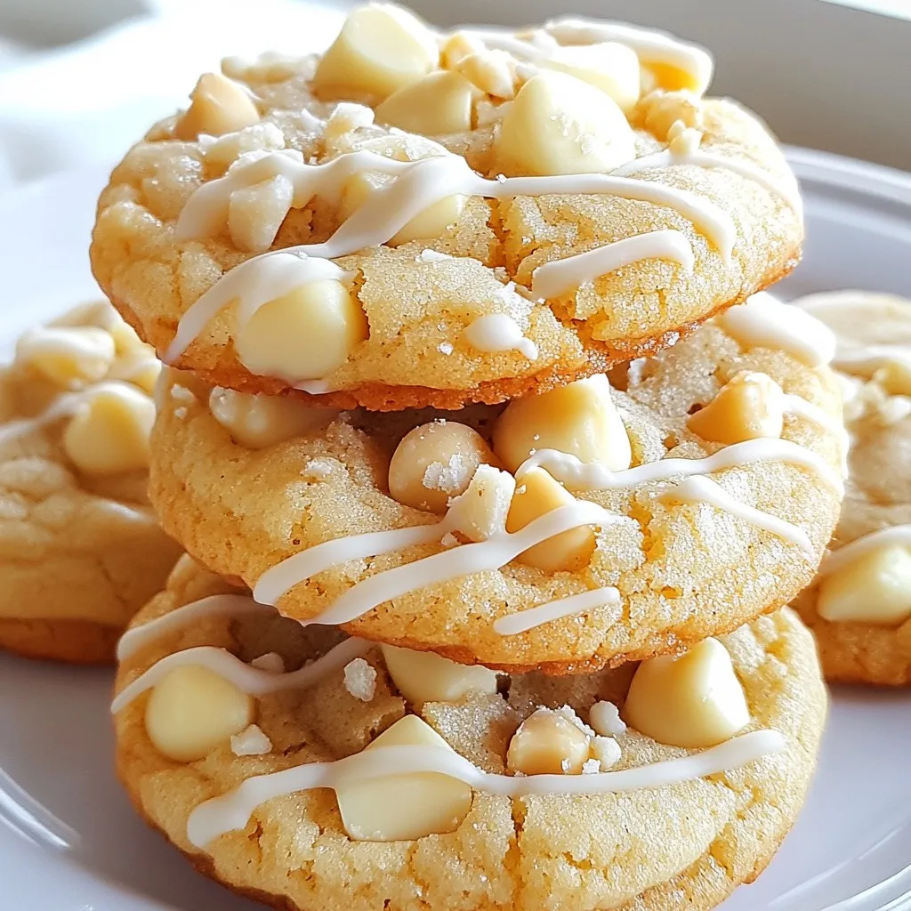 - 1 cup unsalted butter - 3/4 cup packed brown sugar - 3/4 cup granulated sugar - 2 large eggs - 1 teaspoon pure vanilla extract - 1/2 teaspoon coconut extract (optional) - 2 1/2 cups all-purpose flour - 1 teaspoon baking soda - 1/2 teaspoon salt - 1 cup white chocolate chips - 1 cup macadamia nuts The ingredients for macadamia white chocolate cookies are key to their great taste. Start with unsalted butter. It helps control the salt levels. Use room temperature butter for easy mixing. Brown sugar adds moisture and rich flavor. Granulated sugar gives sweetness and crunch. Next, you need two large eggs. They bind the dough and add texture. Pure vanilla extract gives warmth. Coconut extract is optional but adds a fun twist. For the dry mix, all-purpose flour is essential. It gives structure to the cookie. Baking soda helps them rise. Salt balances the sweetness. Now for the fun part: the mix-ins. White chocolate chips are creamy and sweet. Macadamia nuts add crunch and a nutty flavor. Be sure to chop the nuts roughly for great texture. If you want to swap ingredients, here are some ideas. Instead of unsalted butter, use coconut oil or vegan butter. This change works well for dairy-free diets. For sugar, coconut sugar or maple syrup can be good swaps. Just adjust the amounts. If you need an egg replacement, use flax eggs or applesauce. Each option will change the texture slightly but will keep the cookies tasty. When choosing chocolate chips, go for high-quality brands like Guittard or Ghirardelli. Their taste is richer and creamier. For macadamia nuts, look for fresh, whole nuts without any dark spots. Freshness matters in flavor. Make sure your ingredients are at room temperature. This helps them blend better. It also prevents lumps in your dough, giving you smooth, tasty cookies. {{ingredient_image_2}} First, preheat your oven to 350°F (180°C). This step is key to getting your cookies nice and golden. While the oven heats, prepare your baking sheets. Line them with parchment paper. This will help prevent the cookies from sticking. Next, grab a large bowl. Add in 1 cup of softened butter, 3/4 cup of brown sugar, and 3/4 cup of granulated sugar. Use an electric mixer on medium speed. Mix until the mixture is light and fluffy. This should take about 3-5 minutes. Now, add 2 large eggs, one at a time. Mix well after each egg. Then, add 1 teaspoon of pure vanilla extract and, if you want, 1/2 teaspoon of coconut extract. Blend until everything is well combined. In another bowl, whisk together 2 1/2 cups of flour, 1 teaspoon of baking soda, and 1/2 teaspoon of salt. Make sure the dry ingredients are well mixed. Gradually add this dry mix to your wet ingredients. Mix gently until no flour streaks remain. It’s okay if there are a few lumps. Now, fold in 1 cup of white chocolate chips and 1 cup of chopped macadamia nuts. Use a spatula to ensure they are evenly mixed in the dough. Next, use a cookie scoop or two spoons. Drop rounded tablespoons of dough onto the baking sheets, spacing them about 2 inches apart. Bake your cookies in the preheated oven for 10-12 minutes. Look for edges that are golden brown. The centers may seem soft, but they will firm up while cooling. After baking, let the cookies sit on the sheets for about 5 minutes. Then, move them to a wire rack to cool completely. To get perfect macadamia white chocolate cookies, avoid overmixing your dough. When you mix too much, the cookies can become tough. Mix just until you don’t see any flour. You want a few lumps; they are fine. Next, check for doneness by looking at the edges. They should turn a lovely golden brown. The centers might look soft, but that is okay. They will firm up as they cool. To add a coconut flavor, use coconut extract. Just half a teaspoon can give a nice tropical twist. If you want more, try adding shredded coconut. It will add both taste and texture. You can also switch up the mix-ins. Try using dried fruits like cranberries or apricots. Different nuts like pecans or walnuts work well too. Be creative with your flavors! When serving, stack your cookies on a pretty cake stand. It makes for a lovely display. For a special touch, sprinkle some chopped macadamia nuts on top. A drizzle of melted white chocolate will impress your guests. Pair these cookies with coffee or tea for a perfect snack. The rich flavors of the cookie go well with warm drinks. Enjoy your treats with friends and family! Pro Tips Chill the Dough: For thicker cookies, refrigerate the dough for at least 30 minutes before baking. This helps the cookies maintain their shape and enhances the flavors. Use Fresh Ingredients: Ensure your baking soda is fresh for the best rise. Stale ingredients can lead to flat cookies. Mixing Technique: Avoid overmixing the dough after adding the flour. This can lead to tough cookies instead of soft and chewy ones. Storage Tips: Store cookies in an airtight container at room temperature for up to a week. For longer storage, freeze them in a single layer and then transfer to a freezer-safe bag. {{image_4}} You can make these cookies even more fun! Try adding dried fruits like cranberries or cherries. They add a nice chewiness. You can also mix in other nuts, like walnuts or pecans, for extra crunch. If you want a twist, switch to dark chocolate chips. This change gives the cookies a rich flavor. You can find many options for chocolate, so choose what you love. Want to make these cookies a bit healthier? Start by reducing the sugar. You can cut the amount in half. This change still keeps the cookies sweet. Another option is to use whole wheat flour instead of all-purpose flour. This swap adds more fiber and nutrients. The cookies will still taste great, just a little different. You can change the cookies for the seasons! In the fall, add pumpkin spice for a cozy flavor. For winter holidays, mix in peppermint chips or nuts like pecans. You can also customize the cookies for special occasions. Try using colored sprinkles for birthdays or holidays. This makes the cookies even more festive and fun! To keep your cookies fresh, store them at room temperature. Place them in an airtight container. This helps to keep them soft and chewy. If you don’t have an airtight container, use a zip-top bag. Just make sure to remove as much air as possible. Layering parchment paper between cookies can help prevent sticking. You can freeze both raw dough and baked cookies. To freeze raw dough, scoop portions onto a baking sheet and freeze until solid. Then, transfer the dough balls to a zip-top bag. Make sure to label them with the date. For baked cookies, let them cool completely, then place them in an airtight container or a freezer bag. They can last up to three months in the freezer. Fresh cookies typically last about a week at room temperature. To check if they’re fresh, look for softness and a pleasant smell. Signs that cookies have gone stale include a dry texture or a hard bite. If you notice these, it’s best to enjoy them right away or freeze them to keep them from going bad. Macadamia white chocolate cookies last about one week at room temperature. Store them in an airtight container. This keeps them soft and fresh. You can also freeze them for up to three months. To eat, just thaw and enjoy! Yes, you can use other nuts! Almonds, walnuts, or pecans work well. Just chop them roughly like the macadamia nuts. Each nut gives a different flavor and crunch. Experiment to find your favorite! To keep cookies soft, store them with a slice of bread. The bread adds moisture to the cookies. You can also underbake them slightly. This keeps the centers soft and chewy. To adjust the recipe, simply divide or multiply the ingredients. For a smaller batch, cut the recipe in half. For a larger batch, double the amounts. Use simple math to keep the same ratios. Yes, you can make gluten-free cookies! Use a gluten-free all-purpose flour blend. Make sure it has a binding agent, like xanthan gum. This helps the cookies hold their shape and taste great. In this blog post, I covered how to make macadamia white chocolate cookies. From gathering your ingredients to baking the perfect cookie, each step is easy to follow. You can even swap ingredients for your taste. Remember to keep your dough cool for the best results. With these tips, your cookies will shine! Enjoy sharing them with friends or savoring them alone. Happy baking!