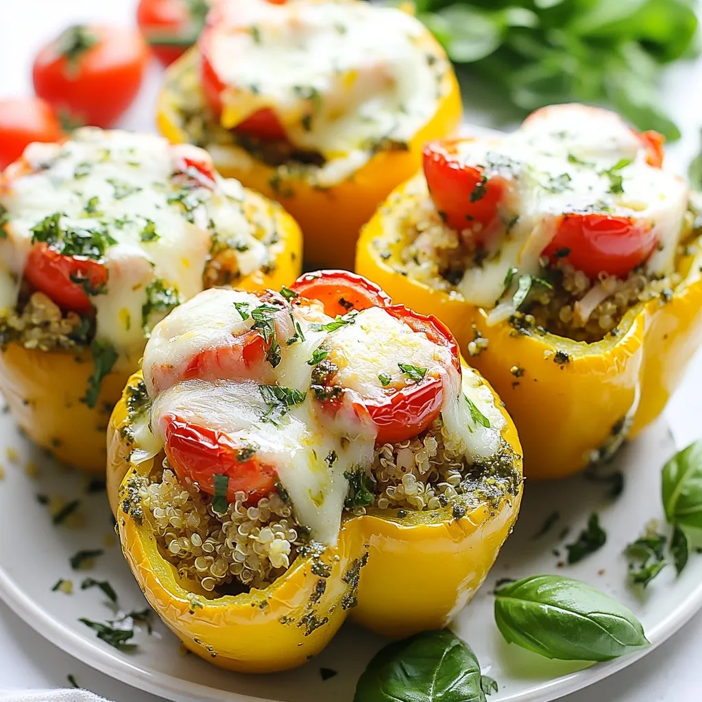 To make pesto chicken stuffed peppers, you need fresh and tasty ingredients. Here’s what you will need: - 4 large bell peppers (any color) - 2 cups cooked chicken, shredded - 1 cup fresh basil pesto (store-bought or homemade) - 1 cup cooked quinoa or rice (your choice) - 1 cup cherry tomatoes, halved - 1 cup mozzarella cheese, shredded - 1/2 cup Parmesan cheese, grated - Salt and pepper to taste - Fresh basil leaves for garnish These ingredients blend to create a dish full of flavor and color. The bell peppers add crunch, while the chicken and pesto bring rich taste. You can use any color of bell peppers you like. Each color has its own unique flavor. Using cooked quinoa or rice adds texture to the filling. The cherry tomatoes give a fresh burst of flavor, while the cheese makes it creamy and delicious. Don’t forget the salt and pepper! They help bring out all the other flavors. Finally, fresh basil leaves not only look pretty but also add a pop of fresh taste. Gather these ingredients and get ready for a fun cooking adventure! {{ingredient_image_2}} First, set your oven to 375°F (190°C). This heat ensures the peppers bake well. Preheating helps cook them evenly. Next, take your bell peppers. Slice off the tops gently. Be careful when removing the seeds and membranes. After that, place the cleaned peppers upright in a baking dish. They should stand firm without falling over. Now, grab a large mixing bowl. Add the shredded chicken and fresh basil pesto. Pour in your choice of cooked quinoa or rice. Toss in halved cherry tomatoes, half of the mozzarella cheese, and half of the Parmesan cheese. Stir everything until well mixed. Don’t forget to add salt and pepper for flavor! It’s time to stuff the peppers! Take a spoon and fill each pepper with the chicken mixture. Press down gently to pack it in. This step ensures every bite is tasty. Cover the baking dish with aluminum foil. This keeps the peppers moist while baking. Place the dish in your preheated oven for 25 minutes. After that, remove the foil. Bake for another 10-15 minutes until the cheese is melted and golden. When the peppers are done, carefully take the dish out of the oven. Let them cool for a few minutes. This prevents burns when you serve them. For a nice touch, garnish each pepper with fresh basil leaves. Serve them on a colorful platter for a beautiful look. You can drizzle extra pesto on the plate for added flair. To cook your peppers just right, select large, firm ones. You want them to hold their shape. Cut off the tops and scoop out the seeds carefully. This step ensures they cook evenly. When you bake them, cover with foil for the first half to keep moisture in. This method helps them soften without burning. After 25 minutes, take off the foil. Let them bake until the cheese on top is golden and bubbly. For the filling, use juicy, shredded chicken. Mix it with fresh basil pesto for a burst of flavor. Adding cooked quinoa or rice gives it a nice texture. Don’t forget the halved cherry tomatoes; they add sweetness and color. Taste your filling. Adjust with salt and pepper to ensure it is flavorful. You can also add garlic or onion powder for an extra kick. Cheese makes everything better, right? You can stick with mozzarella and Parmesan, but feel free to mix it up. Try using goat cheese for a tangy twist. Feta cheese also adds a nice salty flavor. If you want a creamier filling, blend in some cream cheese. Use your favorite cheese to make this dish your own. Each variation can change the taste and make it special. Pro Tips Choose Colorful Peppers: Using a variety of colored bell peppers not only enhances the visual appeal of your dish but also adds a range of flavors. Red, yellow, and orange peppers tend to be sweeter, while green peppers have a more savory taste. Make It Ahead: You can prepare the stuffed peppers a day in advance. Simply stuff them and store in the fridge, covered with foil. Bake them fresh when you're ready to serve, adding a few extra minutes to the cooking time if they are cold from the fridge. Add Extra Veggies: Boost the nutritional value by adding extra diced vegetables to the stuffing mixture, such as zucchini, spinach, or mushrooms. These will complement the flavors and add texture to your dish. Experiment with Cheese: While mozzarella and Parmesan are delicious, feel free to experiment with different cheeses like feta, goat cheese, or even pepper jack for a spicy kick. This can elevate the flavor profile of your stuffed peppers. {{image_4}} You can swap the chicken for several other proteins. Ground turkey or beef works well. Shredded rotisserie chicken makes a quick option. For a unique flavor, try cooked shrimp or crab. Each protein adds its own taste while keeping the dish hearty and filling. To make this dish vegetarian, replace chicken with black beans or lentils. These options add protein and fiber. For a vegan twist, use tofu or tempeh instead. Make sure to use vegan pesto and dairy-free cheese. This way, you keep all the flavor without animal products. While quinoa and rice are great, you have more options. Try farro or barley for a nutty taste. Cauliflower rice makes for a low-carb choice. Each grain brings a different texture to the dish, so experiment to find your favorite combination. After enjoying your pesto chicken stuffed peppers, you may have some leftovers. To store them, let the peppers cool completely. Place them in an airtight container. If you want to keep them fresh, store them in the fridge. They will last for about 3 to 4 days. Make sure to cover the container to keep the moisture in. When you're ready to eat the leftovers, reheating is simple. Preheat your oven to 350°F (175°C). Place the stuffed peppers in an oven-safe dish. Cover with foil to prevent drying out. Bake them for about 20 to 25 minutes. You can also heat them in the microwave. Just place a pepper on a microwave-safe plate and heat for 2 to 3 minutes. Make sure they are hot all the way through before eating. If you want to freeze your stuffed peppers, it's best to do it before baking. Stuff the peppers as you normally would, but do not bake them. Wrap each pepper in plastic wrap and place them in a freezer bag. They can last in the freezer for up to 3 months. When you're ready to enjoy them, bake straight from the freezer. Just add about 10 extra minutes to the baking time. This way, you can enjoy a tasty meal anytime! You can use turkey instead of chicken. Ground turkey works well in this dish. Shredded rotisserie chicken is also a great option. For a plant-based choice, try chickpeas or lentils. Both add protein and texture to your stuffed peppers. Yes, you can prepare the filling ahead of time. Mix your chicken, pesto, quinoa, and veggies. Keep it in the fridge for up to two days. When ready, stuff the peppers and bake them. This saves time on busy days. To adjust servings, change the number of bell peppers. Use one pepper per person as a guide. Keep the filling's ratios similar. For instance, if you use two peppers, halve the filling ingredients. This way, everyone gets a tasty meal. Absolutely! You can assemble the stuffed peppers early. Cover them with foil and store them in the fridge. Bake them when you're ready to eat. They taste great even after some time in the fridge. Serve these peppers with a fresh side salad for a complete meal. Garlic bread pairs well too. You can also drizzle extra pesto on the plate for added flavor. For a fun touch, add a sprinkle of chili flakes for a spicy kick. This blog showed you how to make tasty pesto chicken stuffed peppers. We covered ingredients, step-by-step instructions, and helpful tips. You learned various options, like proteins and grains, to customize your dish. Storing leftovers or making them in advance is also easy. In conclusion, this recipe is simple and fun. It lets you be creative while enjoying a healthy meal. Dive in and enjoy crafting this delicious dish!