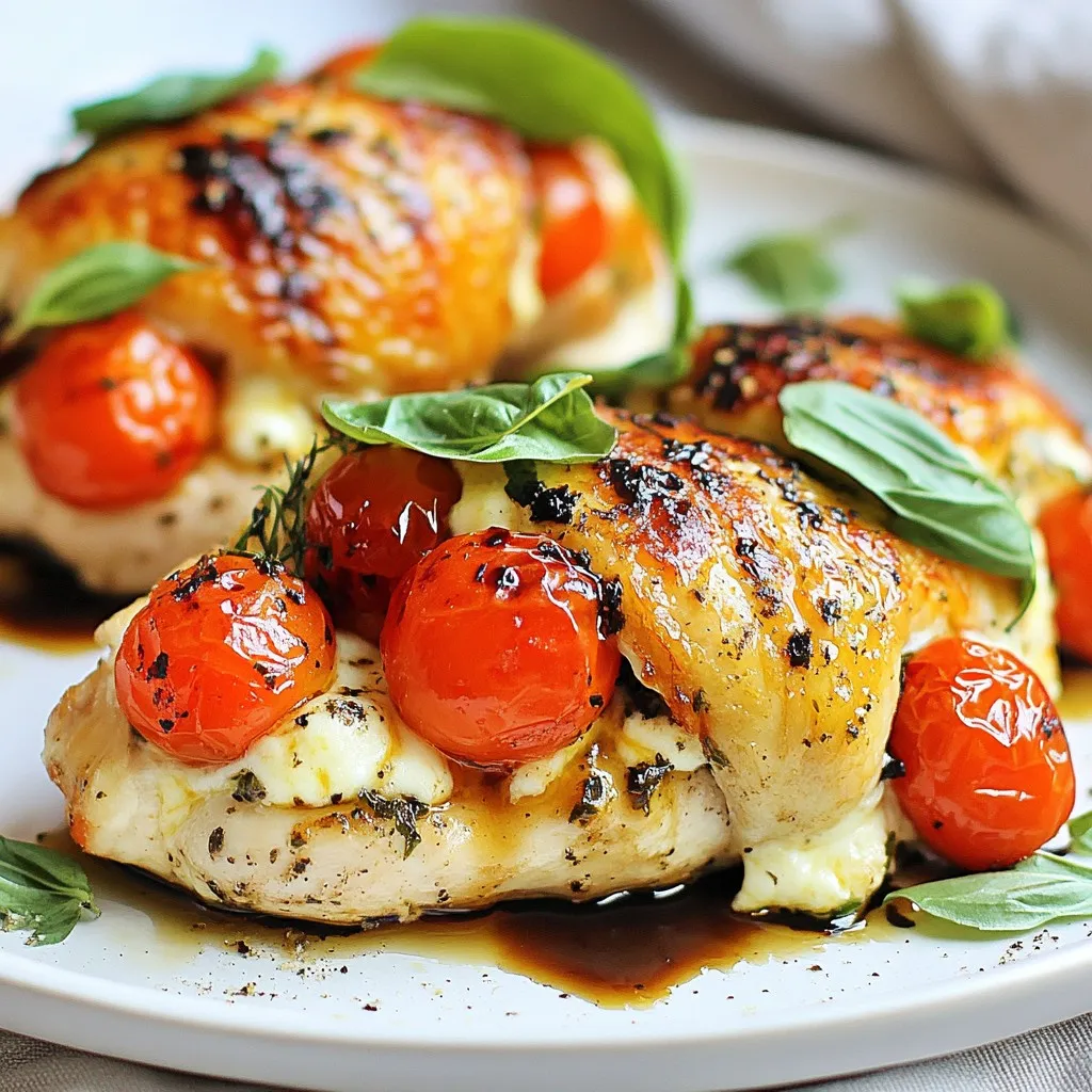 - 4 boneless, skinless chicken breasts - 1 cup fresh mozzarella cheese, diced into small cubes - 1 cup cherry tomatoes, halved to reveal their juicy insides - 1/2 cup fresh basil leaves, finely chopped for an aromatic touch - 2 tablespoons balsamic glaze, for a sweet and tangy finish - 2 tablespoons olive oil, perfect for searing - 1 teaspoon garlic powder, for added flavor - Salt and freshly ground black pepper, to taste - Toothpicks or kitchen twine, for securing the delicious filling For the best flavor, use fresh mozzarella. It melts beautifully and adds creaminess. Choose ripe cherry tomatoes for their sweetness. Fresh basil should be bright green and fragrant. Quality balsamic glaze enhances the dish with sweet and tangy notes. Always opt for cold-pressed extra virgin olive oil for cooking; it has a great taste. You can swap mozzarella for burrata for a creamier filling. If tomatoes are out of season, use sun-dried tomatoes for a rich flavor. For a kick, add red pepper flakes to the stuffing. Fresh oregano or thyme can replace basil if you prefer different herbs. If you're avoiding gluten, ensure your balsamic glaze is gluten-free. {{ingredient_image_2}} First, preheat your oven to 375°F (190°C). This step is key to cooking the chicken evenly. While the oven heats up, take your chicken breasts. With a sharp knife, cut a pocket in each breast. Be careful not to slice all the way through. You want enough space to hold the tasty filling. In a mixing bowl, combine the diced mozzarella, halved cherry tomatoes, and chopped basil leaves. Add salt and freshly ground black pepper to taste. Mix the ingredients well. The goal is to create a flavorful filling that bursts with fresh flavors. Now, generously fill each chicken breast pocket with the stuffing mixture. Pack it in well to ensure every bite is delicious. Use toothpicks or kitchen twine to secure the openings. This keeps all the flavors inside while cooking. Heat olive oil in an oven-safe skillet over medium-high heat. Carefully add the stuffed chicken breasts. Sear each side for about 3-4 minutes until they turn golden brown. Sprinkle garlic powder over the top of the chicken. Drizzle with balsamic glaze for a sweet and tangy touch. Transfer the skillet to your preheated oven. Bake for 20-25 minutes. The chicken should reach an internal temperature of 165°F (75°C). Once baked, let it rest for 5 minutes. This helps the juices redistribute. Remove any toothpicks or twine, and your dish is ready to serve! To keep the stuffing inside the chicken, cut a pocket carefully. Make sure not to slice all the way through. Fill it generously with the mozzarella and tomato mix. Use toothpicks or kitchen twine to close the pocket. This step is key to prevent the stuffing from leaking out while cooking. For a great sear, use a hot pan. Heat olive oil in an oven-safe skillet over medium-high heat. Once it shimmers, add the stuffed chicken breasts. Sear each side for about 3-4 minutes. Look for golden brown color. This adds flavor and texture to your meal. To keep your chicken juicy, do not overcook it. Bake until the internal temperature reaches 165°F (75°C). Let the chicken rest after baking. This helps juices redistribute, making each bite moist. Season well with salt and garlic powder for extra flavor. Pro Tips Use Fresh Ingredients: The quality of your mozzarella, tomatoes, and basil will significantly enhance the flavor of your stuffed chicken. Opt for the freshest ingredients available for the best results. Secure Properly: Make sure to securely tie or pin the chicken pockets to prevent the filling from spilling out during cooking. This ensures a beautifully presented dish when served. Let It Rest: Allowing the chicken to rest after baking helps the juices redistribute, making for a juicier and more flavorful bite. Aim for at least 5 minutes before slicing. Experiment with Flavors: Feel free to add other ingredients to the filling, such as sun-dried tomatoes, spinach, or even a sprinkle of red pepper flakes for a spicy kick! {{image_4}} You can switch up the cheese in this dish. Try provolone for a sharp taste. Ricotta adds creaminess and pairs well with the tomatoes. Goat cheese gives a tangy twist. Each cheese offers a unique flavor, so feel free to experiment. Herbs can change the dish’s vibe. Use oregano for a more Italian flair. Thyme adds a lovely, earthy note. For a fresh burst, try parsley or chives. You can also add crushed red pepper for some heat. Play with these options to find what you love most. Caprese stuffed chicken works great with many sides. Serve it with a light salad for balance. Garlic bread enhances the meal with its warm, buttery goodness. Pair it with roasted vegetables for a colorful plate. You could also serve it with pasta drizzled in olive oil. These sides elevate your chicken and make each bite a delight. To store leftovers, let the chicken cool down completely. Place the stuffed chicken in an airtight container. You can keep it in the fridge for up to three days. Make sure it’s sealed well to avoid drying out. Label the container with the date so you know when you made it. When you’re ready to eat, preheat your oven to 350°F (175°C). Place the chicken in a baking dish. Cover it with foil to keep it moist. Heat for about 15-20 minutes, or until it’s warm throughout. You can also use a microwave, but the oven keeps the chicken juicier. Heat on medium for 2-3 minutes, checking often. If you want to freeze the chicken, wrap each piece tightly in plastic wrap. Then, put them in a freezer bag. This can keep them fresh for up to three months. When ready to eat, thaw in the fridge overnight. Reheat as mentioned above to restore its tasty flavors. You can make a healthier version by using lean chicken breast. Swap regular mozzarella for part-skim mozzarella. Use less olive oil for cooking. You can also add more veggies to the stuffing, like spinach or zucchini. This adds nutrients without many calories. You might even replace the balsamic glaze with a splash of lemon juice for a fresh kick without extra sugar. Yes, you can prepare this dish in advance. Stuff the chicken breasts the night before and store them in the fridge. This helps the flavors mix well. When you're ready to cook, just take them out and let them sit for a few minutes. This helps them cook evenly. Searing and baking will take the same time as usual. Several sides work well with Caprese stuffed chicken. A fresh salad with mixed greens pairs nicely. Roasted vegetables make a great choice too. You can serve it with garlic bread for something hearty. For a lighter option, consider steamed broccoli or asparagus. Each of these sides complements the flavors of the chicken really well. To sum up, we explored the ingredients for Caprese stuffed chicken, outlining what you need and some great options. We detailed the prep, cooking steps, and helpful tips for juicy chicken. I shared tasty variations and essential storage info. With these insights, you can make this dish your own. Remember, practice makes perfect. Enjoy cooking and impressing everyone with your skills!