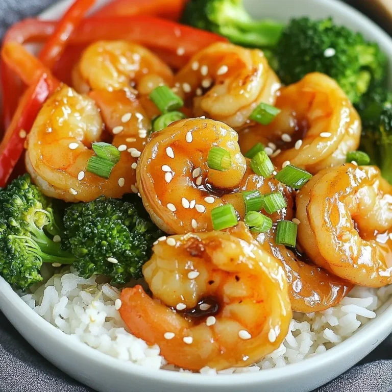 To make delicious Honey Garlic Shrimp Bowls, you need fresh and simple ingredients. Here’s what you will need: - Shrimp: 1 pound, peeled and deveined - Honey: 3 tablespoons - Garlic: 4 cloves, minced - Soy Sauce: 2 tablespoons - Olive Oil: 1 tablespoon - Chili Flakes: 1 teaspoon (optional) - Jasmine Rice: 1 cup - Water: 2 cups - Broccoli Florets: 1 cup - Red Bell Pepper: 1 sliced - Green Onions: 2, chopped - Sesame Seeds: for garnish Gather these items before you start cooking. Each ingredient plays a key role in building flavor. The shrimp brings protein, while honey and garlic make a sweet and savory sauce. The soy sauce adds depth, and the veggies give color and crunch. Don't skip the sesame seeds; they add a nice touch! {{ingredient_image_2}} - Boil the rice: In a medium pot, add 1 cup of jasmine rice and 2 cups of water. Bring this to a rolling boil over high heat. - Reduce heat and simmer: Once boiling, lower the heat to low. Cover the pot and let it simmer for 15 minutes. - Fluff the rice: After 15 minutes, remove the pot from heat. Let it sit for 5 minutes. Then, fluff the rice with a fork to separate the grains. - Mixing ingredients: In a small bowl, whisk together 3 tablespoons of honey, 4 minced garlic cloves, and 2 tablespoons of soy sauce. - Setting aside the sauce: Once mixed, set the sauce aside for later use. - Heating olive oil: In a large skillet, heat 1 tablespoon of olive oil over medium heat. - Sautéing shrimp: Add 1 pound of peeled and deveined shrimp in a single layer. - Flipping for even cooking: Cook for 2-3 minutes without stirring. When pink on one side, flip them over. Cook for another 2-3 minutes until fully cooked. - Pouring sauce over shrimp: Once the shrimp is cooked, pour the prepared sauce over them. - Adding optional chili flakes: If you like heat, sprinkle in 1 teaspoon of chili flakes. - Allowing sauce to thicken: Stir gently and cook for another 2-3 minutes. Let the sauce thicken while stirring occasionally. - Steaming broccoli and bell pepper: In a separate pot or steamer, add 1 cup of broccoli florets and 1 sliced red bell pepper. - Checking for tenderness: Steam for about 4-5 minutes, until the veggies are tender yet bright. - Creating a rice base: In each bowl, add a generous scoop of rice as a base. - Layering shrimp and vegetables: Top the rice with the honey garlic shrimp and the steamed veggies. - Adding garnishes: Finish by sprinkling chopped green onions and sesame seeds on top for a tasty crunch. To avoid overcooking your shrimp, keep a close eye on the heat. Cook them for about 2-3 minutes on each side. They should turn pink and opaque. For checking doneness, look for a C-shape. If they curl up tightly, they are done. To switch things up, try maple syrup instead of honey. You can also use tamari instead of soy sauce for a gluten-free option. Fresh herbs like cilantro or basil can add a nice touch. Simply chop them fine and stir them into the sauce before adding it to the shrimp. Pair your shrimp bowls with a side of fresh salad for balance. Slices of avocado also make a great addition. For presentation, stack the rice high and layer the shrimp and veggies on top. A sprinkle of sesame seeds and green onions adds a pop of color. Pro Tips Fresh Shrimp is Key: Always choose fresh or frozen shrimp that are peeled and deveined for the best flavor and texture. Customize the Sauce: Feel free to adjust the sweetness or saltiness of the sauce by modifying the honey or soy sauce to suit your taste. Perfectly Steamed Vegetables: Avoid overcooking the broccoli and bell pepper to maintain their bright colors and crunch; tender-crisp is the goal! Serve Hot: For the best experience, serve the bowls immediately while everything is hot and fresh, enhancing the flavors. {{image_4}} You can swap shrimp for chicken or tofu. Chicken works well if you cut it into small pieces. Cook chicken for about 6-8 minutes until it is fully cooked. Tofu needs less time, about 4-5 minutes, so add it later. Using different proteins can change the flavor and texture of your bowl. Feel free to use snap peas, carrots, or zucchini in your bowl. They all add bright colors and crunch. In summer, use fresh corn or bell peppers. In winter, consider Brussels sprouts or kale. Seasonal veggies bring new tastes and nutrients to your meal. For a twist, add ginger to your sauce. It gives a fresh and zesty flavor. If you like heat, mix in chili flakes or sriracha. This makes the dish spicy and exciting. You can adjust the spice level to match your taste. To keep your Honey Garlic Shrimp Bowls fresh, store leftovers in airtight containers. This helps prevent moisture from getting in and keeps your dish tasty. Try to eat them within three days for the best flavor. If you leave them longer, they may lose their quality. When you are ready to enjoy your leftovers, there are a few good methods for reheating. You can use the microwave, which is quick and easy. Just heat in short bursts to avoid overcooking. Another method is using a skillet on low heat. This helps keep the shrimp tender while warming up the rice and veggies. Always check the shrimp's color; it should stay pink and juicy. If you want to save some bowls for later, freezing is a great option. Pack the shrimp, rice, and veggies in separate freezer-safe bags. This way, everything stays fresh and keeps its taste. To defrost, move the bags to the fridge the day before you plan to eat. For a quicker option, you can use the microwave on a low setting. Just be careful not to cook them again. You can use chicken or tofu as a substitute for shrimp. If using chicken, choose boneless, skinless breasts or thighs. Cut them into bite-sized pieces and cook them until they are no longer pink. For tofu, use firm or extra-firm tofu. Press it to remove excess water, then cut it into cubes and sauté until golden brown. Both options work well with the honey garlic sauce. Yes, you can prepare this dish ahead of time. Cook the rice and shrimp, then store them separately in airtight containers. Keep the veggies fresh by steaming them just before serving. When you're ready to eat, reheat the rice and shrimp in the microwave or on the stovetop. This makes meal prep easy and quick for busy days. The dish can be as spicy as you like with chili flakes. If you want a mild flavor, skip the flakes or use just a pinch. For more heat, add more chili flakes to taste. You can also serve the dish with chili sauce on the side for those who want extra spice. You can make this dish gluten-free by using gluten-free soy sauce. Look for tamari or other gluten-free brands at the store. This way, you can enjoy the same great flavor without the gluten. Be sure to check all other ingredients for gluten content to keep the dish safe for those with gluten sensitivities. This blog post shared a simple and tasty Honey Garlic Shrimp Bowl recipe. You learned about the key ingredients, helpful cooking steps, and tips for perfecting flavors. I also suggested fun variations, storage methods, and answered common questions. Remember, cooking is fun! Feel free to mix things up and make this dish your own. Enjoy your meal and impress your friends with what you created!