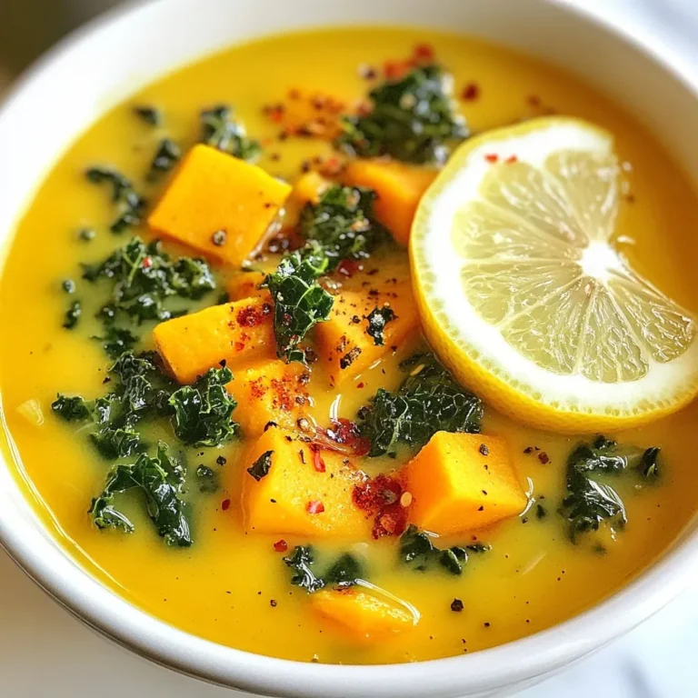 - 2 medium sweet potatoes, peeled and diced - 1 bunch of kale, stems removed - 1 medium onion, finely chopped - 3 cloves of garlic, minced - 1 medium carrot, diced - 4 cups of vegetable broth - 1 can of creamy coconut milk - 1 tablespoon of extra virgin olive oil - 1 teaspoon of ground cumin - 1 teaspoon of smoked paprika - Salt and pepper, to taste - Juice from 1 fresh lemon - Optional: Red pepper flakes Using fresh ingredients makes a big difference. Sweet potatoes are sweet and creamy. Kale adds a nice color and texture. Onion and garlic build a great base flavor. Carrots give a hint of sweetness. I choose vegetable broth for a rich taste. Coconut milk adds creaminess without dairy. The spices bring warmth and depth. Lemon juice brightens the soup. Optional red pepper flakes add a kick. Gather these ingredients before you start cooking. This way, you stay organized. Enjoy the process and watch your soup come together! {{ingredient_image_2}} Start by heating olive oil in a large pot. Use medium heat to warm it up. Next, add the finely chopped onion and diced carrot. Sauté these for about five minutes. Stir them often until the onion turns clear and the carrot softens. After that, add minced garlic, ground cumin, and smoked paprika. Stir these spices for one minute. This helps release their flavors and makes the kitchen smell amazing. Now, add the diced sweet potatoes to the pot. Make sure they get well-coated with the mixture of spices, onion, and carrot. Pour in four cups of vegetable broth. Cover the pot with a lid and turn up the heat. Bring the mixture to a gentle boil. Once it boils, reduce the heat to low. Let it simmer for about 15 minutes until the sweet potatoes are fork-tender. After the sweet potatoes are soft, add the chopped kale and creamy coconut milk to the pot. Stir gently to combine everything. Cook for an additional five minutes. This will let the kale wilt and become tender. Season the soup with salt and freshly cracked black pepper to taste. If you enjoy some heat, add a pinch of red pepper flakes. Just before you serve, squeeze in fresh lemon juice. This adds a bright flavor to the soup. Stir once more to mix everything well. To make your sweet potato kale soup sing, adjust the spices to fit your taste. If you love bold flavors, add more cumin or paprika. You can also add a pinch of red pepper flakes for heat. It’s fun to experiment! Adding more lemon juice brightens the soup. The lemon adds a fresh zing that balances the sweetness of the potatoes. I usually start with two tablespoons, but feel free to add more! For sautéing, use a heavy pot. This helps cook the onion and carrot evenly. Stir them often to avoid burning. Sauté them until the onion is soft and clear. When it’s time to check the sweet potatoes, use a fork. They should be soft enough to pierce easily. If they aren’t fork-tender after 15 minutes, let them simmer a bit longer. Perfectly cooked sweet potatoes make the soup creamy and rich. Pro Tips Choose Fresh Ingredients: Using fresh kale and sweet potatoes will enhance the flavor and nutritional value of your soup. Look for vibrant, crisp kale and firm, unblemished sweet potatoes. Customize the Consistency: If you prefer a thicker soup, you can blend a portion of the soup after adding the kale and coconut milk. This will create a creamy texture while still leaving some chunks for variety. Experiment with Spices: Feel free to add different spices such as turmeric or coriander to complement the flavors of the soup. Adjust the spice level to your taste by varying the amount of red pepper flakes. Make it Ahead: This soup stores well in the refrigerator for up to 4 days, making it a great option for meal prep. Just reheat gently on the stove before serving, adding a splash of vegetable broth if needed to loosen it up. {{image_4}} You can switch out kale for other greens. Spinach is a great choice. It wilts quickly and adds a nice color. Swiss chard works well too. Its flavor is mild and pairs nicely with sweet potatoes. Collard greens are another option. They add a hearty texture to the soup. Just chop them up and add them at the same time as the kale. Want to make your soup more filling? Consider adding protein. Beans are a wonderful choice. Black beans or chickpeas can boost protein and fiber. Lentils are also great. They cook quickly and add a nice texture. If you prefer meat, shredded chicken is a good option. Just stir it in during the last few minutes of cooking. If you want a different creaminess, try using other milks. Almond milk can give a nice nutty taste. Soy milk is another option that works well too. For a richer flavor, use heavy cream instead of coconut milk. If you prefer a lighter soup, skip the cream altogether. Just add more vegetable broth for a thinner texture. To keep your sweet potato kale soup fresh, cool it first. Once cooled, store it in an airtight container. It’s best to refrigerate the soup within two hours. This soup can last in the fridge for up to four days. If you have more soup than you can eat, freeze it! Use freezer-safe containers. Make sure to leave some space at the top for expansion. Frozen soup can last up to three months. Label the containers with the date so you know when to use them. When you’re ready to enjoy your soup again, reheat it on the stove. Pour the soup into a pot and heat it over medium-low heat. Stir it often to prevent sticking. If the soup is too thick, add a splash of vegetable broth or water. Heat until it's warm throughout, about 5 to 10 minutes. You can also use a microwave. Place the soup in a microwave-safe bowl and cover it. Heat in 1-minute intervals, stirring in between. Enjoy that warmth again! Sweet potato kale soup lasts about 4 to 5 days in the fridge. Make sure to store it in an airtight container. Check for any off smells or changes in color before eating. This soup usually keeps well because of its hearty ingredients. Yes, you can make this soup vegan! Just use vegetable broth and creamy coconut milk. Both of these are plant-based, so they fit perfectly in a vegan diet. If you want to add creaminess, stick with coconut milk. It adds a nice flavor without dairy. You can serve this soup with crusty bread or a light green salad. A sprinkle of fresh herbs on top can also enhance the flavors. Try adding a dollop of dairy-free yogurt for creaminess. If you like a kick, some red pepper flakes make a great topping! This blog post guides you through making a delicious sweet potato kale soup. You learned about the key ingredients, step-by-step cooking instructions, and tips for perfect flavor. We discussed variations you can try and how to store your leftovers. With simple steps and easy swaps, this soup can fit any diet. I hope you feel inspired to cook. Enjoy the warmth and taste of this healthy dish!