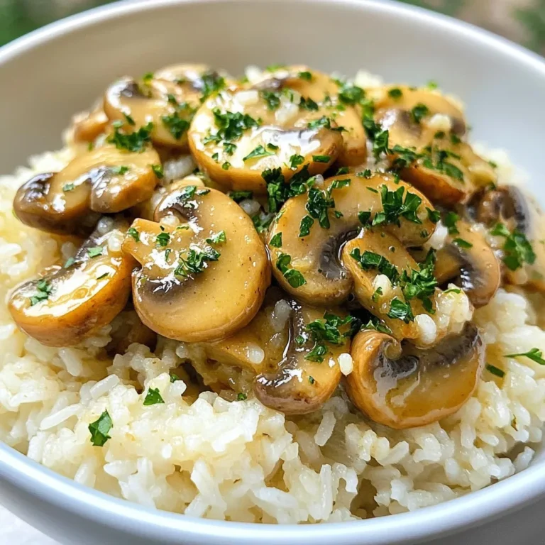 - 1 cup jasmine or basmati rice - 2 cups vegetable broth - 250g mushrooms, sliced (button or cremini) - 4 tablespoons unsalted butter, divided - 4 cloves garlic, minced - 1 small onion, finely chopped - 2 tablespoons soy sauce - 1 teaspoon thyme (fresh or dried) - Salt and pepper to taste - Fresh parsley, finely chopped (for garnish) Gathering the right ingredients is key. Start with your rice. Jasmine or basmati works best here. Both have a great aroma and texture. Next, choose your mushrooms. Button or cremini mushrooms will add a nice depth of flavor. Butter is essential for that rich, creamy taste. Use unsalted butter to control the salt level. Fresh garlic gives a strong taste, and don't skip the onion. It enhances the dish's base flavor. Soy sauce adds umami, and thyme brings an earthy note. Finally, season with salt and pepper to match your taste. Garnish with fresh parsley for color and freshness. These simple yet effective ingredients make for a comforting dish that warms the heart. Each one plays a role in creating a rich flavor profile. Enjoy experimenting with these components! {{ingredient_image_2}} - Rinse the rice under cold running water. - Combine rice with vegetable broth in a saucepan. - Bring to a boil, cover, and reduce heat to simmer. First, rinsing the rice is key. It removes extra starch. This gives you fluffy rice. Next, mix the rinsed rice with vegetable broth. The broth adds flavor. Bring this mix to a boil. Once it bubbles, cover it. Lower the heat and let it simmer for about 15 minutes. This step ensures the rice absorbs all the liquid. After that, let it sit for 5 more minutes. Fluff it with a fork to keep it light. - Melt butter in a skillet and sauté chopped onion. - Add sliced mushrooms, garlic, and thyme. - Season and sauté until mushrooms are golden. While the rice cooks, let’s focus on the mushrooms. In a large skillet, melt 2 tablespoons of butter over medium heat. Butter gives the dish a rich taste. Next, add the chopped onion. Cook it until it looks clear, around 3 to 4 minutes. After that, toss in the sliced mushrooms, garlic, and thyme. Season with salt and pepper. Sauté this mix until the mushrooms turn golden brown, about 5 to 7 minutes. That’s when they release their yummy flavor. - Stir in soy sauce into mushroom mixture. - Fold the cooked rice into the skillet. - Adjust seasoning before serving. Now it's time to bring it all together. First, add soy sauce to the mushrooms. Give it a good stir. This adds a savory kick. Then, carefully fold the cooked rice into the skillet. Make sure all the rice gets coated. Don’t mash the rice; we want it fluffy! Taste and adjust the seasoning with more salt or pepper if needed. Your Garlic Butter Mushroom Rice is almost ready to serve! Rinsing rice is key for fluffy grains. It removes extra starch that can make your rice sticky. Use cold water and a fine-mesh strainer. Rinse until the water is clear. After cooking, let the rice sit covered. This steaming technique helps the rice finish cooking and makes it light. For the best flavor, choose fresh mushrooms. Button or cremini mushrooms work great. Fresh mushrooms give a rich taste. Dried thyme can work too, but fresh thyme shines. Use one teaspoon if you choose dried. Fresh herbs add a vibrant touch to your dish. Garnish your rice with fresh parsley and extra mushrooms. This adds a pop of color and flavor. You can serve it with grilled chicken for a complete meal. This dish pairs well with many main dishes. Enjoy the blend of garlic, butter, and mushrooms in every bite. Pro Tips Rinse the Rice: This step is essential for achieving fluffy rice. Rinsing removes excess starch, preventing clumping and ensuring a light texture. Use Fresh Herbs: For the best flavor, opt for fresh thyme instead of dried. Fresh herbs elevate the dish's aroma and taste. Don't Overcook the Mushrooms: Sauté until golden brown for the best texture. Overcooking can make them rubbery and lessen their flavor. Garnish for Color: Finishing with fresh parsley not only adds a pop of color but also a refreshing flavor that complements the dish beautifully. {{image_4}} You can make Garlic Butter Mushroom Rice even better by adding protein. If you like chicken, cook diced chicken breast in the skillet before adding mushrooms. This will give your dish a hearty twist. If shrimp is your choice, add it in when you add the mushrooms. Cook until shrimp turns pink. For a vegetarian option, use tofu. Cut firm tofu into cubes and sauté it with the onions until golden. Tofu will soak up all the yummy garlic butter flavor. To spice up the flavor, try different herbs and spices. Fresh basil or parsley can add a nice touch. A pinch of red pepper flakes will bring some heat. You can also try adding lemon zest for a fresh twist. Adding cheese can make this dish creamy and rich. Parmesan or cheddar works well. Just sprinkle it in right before serving. The cheese will melt and blend perfectly with the rice and mushrooms. If you need gluten-free options, swap the soy sauce for tamari. It has a similar taste without any gluten. You can also use gluten-free rice if needed. For vegan adaptations, replace the butter with plant-based butter. It will still give you that nice, rich flavor without any dairy. Just make sure all other ingredients are also vegan. After enjoying Garlic Butter Mushroom Rice, let it cool to room temperature. This step is key to keeping it safe. Store the rice in an airtight container. It can last in your fridge for up to three days. Always check for any off smells or changes in texture before eating. To reheat, use a microwave or a pan on the stove. If using a microwave, place the rice in a bowl, add a splash of broth or water, and cover it. Heat in short bursts, stirring in between. This keeps the rice moist. If using a pan, warm it over low heat. Stir often and add a little butter for extra flavor. Avoid high heat, as this can dry out the rice. I recommend using jasmine or basmati rice. Jasmine rice offers a floral aroma and a sticky texture. It pairs well with the buttery mushrooms. Basmati rice has a nuttier flavor and a fluffier texture. Both types work great in this dish. You can choose based on your taste. Yes, you can prepare this dish ahead of time. Cook the rice and mushroom mixture separately. Store them in the fridge for up to three days. When you are ready to serve, reheat both components together. This keeps the flavors fresh and delicious. To add heat, consider using crushed red pepper flakes. You can also add a dash of hot sauce or sriracha. Mixing in chopped jalapeños will give you a nice kick. Adjust the spice level to match your taste. Enjoy experimenting! This blog post shared how to make Garlic Butter Mushroom Rice. We covered the key ingredients, step-by-step instructions, and helpful tips. You learned how to cook fluffy rice and boost the mushroom flavor. We also looked at protein options, flavor enhancements, and storage tips. I hope you feel ready to create this dish. It's simple and tasty. Enjoy experimenting with variations to make it your own!
