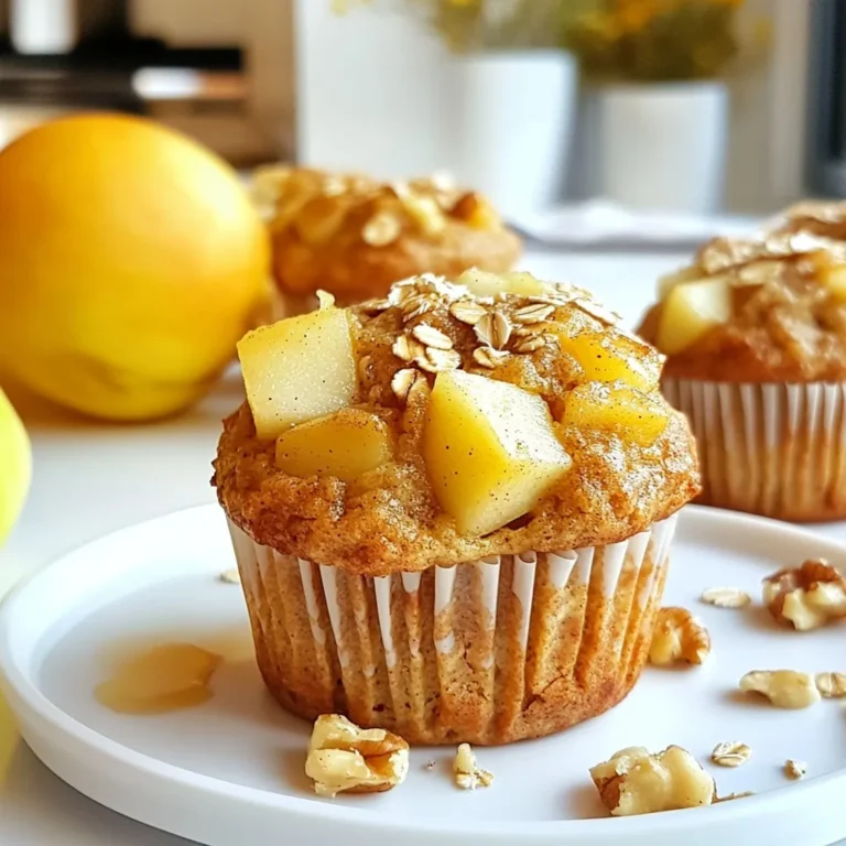 To make these tasty muffins, you need key ingredients for the best flavor and texture. Here’s what you’ll need: - 1 cup whole wheat flour - 1 cup rolled oats - 1 teaspoon baking powder - 1 teaspoon baking soda - 1 teaspoon ground cinnamon - ¼ teaspoon salt - 2 ripe bananas, mashed until smooth - 1 cup unsweetened applesauce - 1/4 cup honey or maple syrup (or a mix) - 1 teaspoon pure vanilla extract - 1 cup diced apples (Gala or Fuji are sweet choices) - 1/4 cup chopped walnuts or pecans (optional) - 1/2 cup raisins or dried cranberries (optional) These ingredients create a warm and hearty muffin. The apples give natural sweetness, while bananas add moisture. You can swap some ingredients if needed. For whole wheat flour, try all-purpose flour for a lighter muffin. Instead of honey, agave syrup works well too. If you don’t have applesauce, mashed pears or pumpkin puree can be a good match. To enhance your muffins, consider adding a few extras. You can mix in: - 1/4 cup chocolate chips for sweetness - 1/2 teaspoon nutmeg for warmth - Chopped nuts like almonds for crunch - Fresh blueberries for a fruity twist These options allow you to customize your muffins and make them your own. Enjoy experimenting with flavors! {{ingredient_image_2}} Start by preheating your oven to 350°F (175°C). This step is crucial. It helps the muffins rise perfectly. Next, grab a muffin tin. You can use paper liners or lightly grease each cup with cooking spray. This will help the muffins come out easily. In a large mixing bowl, combine the whole wheat flour, rolled oats, baking powder, baking soda, ground cinnamon, and salt. Use a whisk to mix these dry ingredients thoroughly. Make sure there are no lumps. This will ensure an even texture in your muffins. In another bowl, mix the mashed bananas, applesauce, honey or maple syrup, and vanilla extract. Stir this mixture with a fork or whisk until it is smooth. The bananas give a nice sweetness and moisture to the muffins. Now, pour the wet ingredients into the bowl with the dry ingredients. Stir gently until just combined. Be careful not to overmix. It's okay if some lumps remain. This will keep your muffins fluffy and light. Next, fold in the diced apples and optional nuts like walnuts or pecans. You can also add raisins or dried cranberries if you like. Mix these in carefully until they are evenly spread throughout the batter. This adds a burst of flavor and texture. Take a spoon and fill each muffin cup with the batter. Fill them about 2/3 full. This allows space for the muffins to rise while baking. Now, place the muffin tin in the preheated oven and bake for 18-22 minutes. Check for doneness by inserting a toothpick into the center of a muffin. It should come out clean. Once baked, let the muffins cool in the pan for about 5 minutes. After that, carefully transfer them to a wire rack. Allow them to cool completely. This step helps keep their fluffy texture. Enjoy your tasty and healthy Apple Cinnamon Energy Muffins! To get the best muffins, follow these simple tips: - Measure Ingredients Accurately: Use a scale or measuring cups. This helps keep your recipe on point. - Don't Overmix: When you combine wet and dry ingredients, mix just until they come together. Lumps are okay. - Use Ripe Bananas: The riper the banana, the sweeter your muffins will be. Look for brown spots. - Check Oven Temperature: An oven thermometer can help ensure your oven heats correctly. This helps with even baking. Here are some common errors to steer clear of: - Using Cold Ingredients: Let your eggs and applesauce warm up a bit. This helps them mix better. - Skipping the Cooling Step: Don't rush to eat! Letting muffins cool helps them stay fluffy. - Filling Muffin Cups Too Full: If you overfill, muffins will spill over. Fill only two-thirds full. Make your muffins look as good as they taste: - Serve Warm: Warm muffins are inviting. They smell amazing too! - Add a Drizzle: Drizzle honey or maple syrup on top for a sweet touch. - Serve with Fruit: Pair with fresh slices of apple or a small bowl of yogurt. - Wrap for On-the-Go: Wrap each muffin in parchment paper for a fun snack. Perfect for busy mornings! Pro Tips Use Ripe Bananas: The riper the bananas, the sweeter and more flavorful your muffins will be. Look for bananas with plenty of brown spots for optimal sweetness. Mix-In Variations: Feel free to experiment with different mix-ins like dried figs, chopped dates, or even chocolate chips to customize your muffins to your taste. Storage Tips: Store any leftover muffins in an airtight container at room temperature for up to 3 days, or freeze them for up to 3 months for a quick breakfast option. Don’t Overmix: When combining wet and dry ingredients, mix until just combined. Overmixing can lead to dense muffins, so a few lumps are perfectly fine. {{image_4}} To make gluten-free muffins, you can use gluten-free flour. A good choice is almond flour or a gluten-free blend. Replace the whole wheat flour with 1 cup of your chosen flour. You may need to adjust the liquid slightly, as gluten-free flours can absorb more moisture. This keeps the muffins moist and tender. To create a vegan version, replace honey with maple syrup. Use flaxseed meal mixed with water instead of eggs. Combine 1 tablespoon of flaxseed meal with 2.5 tablespoons of water for each egg. Let it sit for a few minutes until it thickens. This adds moisture and binds the muffins well. You can boost flavor by adding seasonal fruits. In spring, try adding fresh strawberries or blueberries. In summer, peaches or raspberries work great. During fall, add pears or cranberries for a festive touch. In winter, consider using citrus fruits like orange zest for a bright flavor. These additions keep the muffins exciting and fresh. To keep your Apple Cinnamon Energy Muffins fresh, store them in an airtight container. This helps lock in moisture. You can keep them at room temperature for up to three days. If you want to extend their life, place them in the fridge. Just be aware that this may change their texture a bit. If you want to freeze your muffins, let them cool completely first. Wrap each muffin tightly in plastic wrap. Then, place them in a freezer-safe bag. They can last up to three months in the freezer. When you’re ready to eat one, take it out and let it thaw at room temperature. You can also heat it in the microwave for about 15-20 seconds for a warm treat. These muffins can last about three days at room temperature and about a week in the fridge. Watch for any signs of spoilage. If you see mold or a strange smell, it’s best to toss them. Enjoy your muffins while they’re fresh for the best taste! Apple Cinnamon Energy Muffins are packed with nutrients. Whole wheat flour gives you fiber, which aids digestion. Apples bring vitamins and antioxidants, great for health. Bananas add potassium, good for muscle function. Oats provide energy that lasts, keeping you full longer. Nuts add healthy fats, which are good for your heart. These muffins can be a balanced snack or breakfast choice. Yes, you can use various flours. Almond flour adds a nutty flavor. Oat flour makes muffins gluten-free. Spelt flour offers a unique taste and more protein. Each flour will change the texture a bit, so experiment to find your favorite. Just remember, different flours absorb moisture differently. To lower sugar, use less honey or maple syrup. You can reduce it by half and still have great taste. Adding more apples or bananas can also help sweeten the muffins naturally. Consider using stevia or monk fruit for a sugar-free option. This way, you keep the flavor without the extra sugar. Yes, applesauce is a great substitute. It keeps the muffins moist and adds sweetness. Use equal amounts of applesauce for fresh apples. This change works well if you want to save time or if apples are not in season. The flavor will still be lovely and fruity. You can easily customize these muffins. For a vegan version, replace honey with maple syrup. Use flax eggs instead of regular eggs if needed. If you want gluten-free muffins, use gluten-free flour and oats. Add seeds like chia or pumpkin for extra nutrition. Make it your own! Absolutely! These muffins store well. They can last in the fridge for up to a week. You can also freeze them for longer storage. Just wrap each muffin in plastic wrap before freezing. To eat, thaw them overnight in the fridge or warm them in the oven. Perfect for a quick breakfast! You learned how to make tasty Apple Cinnamon Energy Muffins. We covered key ingredients, smart swaps, and flavor add-ins. You saw step-by-step instructions to guide you through mixing and baking. We discussed tips to avoid common mistakes and explored fun variations. Remember proper storage to keep your muffins fresh and delicious. These muffins are great for breakfast or snacks. Enjoy making them your way, and share with others for smiles all around. Keep baking and have fun!