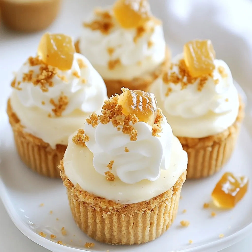 To make these Gingerbread Cheesecake Dip Cups, you need some tasty items: - 8 oz cream cheese, softened to room temperature - 1 cup powdered sugar, sifted - 1 teaspoon pure vanilla extract - 1 teaspoon ground ginger - 1 teaspoon ground cinnamon - ½ teaspoon ground nutmeg - ½ cup whipped cream, plus extra for serving - 1 cup gingerbread cookie crumbs (reserve some for garnish) - 12 mini graham cracker cups - Additional whipped cream for garnish - Optional: crystallized ginger pieces for decorative topping These ingredients create a rich and creamy dip. The spices bring out that classic gingerbread flavor. The gingerbread cookie crumbs add crunch and texture, making each bite delightful. You can get creative with garnishes. Top each cup with extra whipped cream for a fluffy finish. Adding a sprinkle of gingerbread cookie crumbs gives a nice look. Crystallized ginger pieces add a special touch and a bit of chewiness. If you're feeling adventurous, try adding a drizzle of caramel or chocolate sauce. If you have dietary needs, there are easy swaps. For a dairy-free version, use vegan cream cheese and whipped cream. Gluten-free graham cracker cups work great for a gluten-free option. If you need less sugar, try using a sugar substitute in the dip. These swaps keep the flavor but fit different diets perfectly. {{ingredient_image_2}} Start by taking 8 ounces of softened cream cheese. Place it in a large bowl. Use an electric mixer on medium speed. Beat the cream cheese until it is smooth and creamy. You want to see no lumps. Next, add in 1 cup of sifted powdered sugar. Mix until it’s fluffy and well blended. Now, add 1 teaspoon of pure vanilla extract. Then, mix in 1 teaspoon of ground ginger, 1 teaspoon of ground cinnamon, and ½ teaspoon of ground nutmeg. Keep mixing until all the spices blend well into the cream cheese base. Once your cream cheese base is ready, it's time to fold in the whipped cream. Measure out ½ cup of whipped cream. Use a spatula to gently fold it into the mixture. Be careful not to stir too hard. You want to keep the dip light and airy. This is key for a perfect texture. When the whipped cream is combined, add in 1 cup of gingerbread cookie crumbs. Reserve about 2 tablespoons for later. Stir gently until just mixed. Avoid over-mixing to keep that fluffy feel. Now, grab your 12 mini graham cracker cups. Use a spoon or a piping bag to fill each cup. Make sure to create a nice, heaping mound on top. This adds to the visual appeal. After filling the cups, place them in the refrigerator. Let them chill for at least 30 minutes. This helps the flavors mix and the dip to firm up. When you're ready to serve, add a dollop of whipped cream on each cup. Sprinkle the reserved gingerbread crumbs on top. For a final touch, you can add a piece of crystallized ginger as a garnish. Enjoy these festive treats! To get a creamy texture, start with room-temperature cream cheese. Beat it well. This helps avoid lumps. When you mix in the whipped cream, fold gently. This keeps the dip light and fluffy. Over-mixing can make it dense, so be careful! Want to boost the flavors? Try adding a pinch of salt. It brings out the spices. You can also swap in different spices like allspice or cloves for extra warmth. If you love a little zing, add finely chopped crystallized ginger. It gives a nice kick! For a stunning display, use a colorful platter. Arrange the cups in a circle or a fun pattern. Add fresh mint leaves or edible flowers for a pop of color. Finish with a sprinkle of gingerbread crumbs on top. This makes each cup look special and inviting! Pro Tips Chill for Best Flavor: Allowing the dip to chill for at least 30 minutes helps to meld the flavors together, resulting in a richer taste. Use Room Temperature Ingredients: Make sure your cream cheese is at room temperature for a smoother mixing process and a creamier texture. Decorate Creatively: Feel free to use other toppings like chocolate shavings or whipped cream swirls to personalize your dip cups. Gingerbread Crumb Variation: If you want a stronger ginger flavor, consider adding finely crushed ginger snaps instead of standard gingerbread crumbs. {{image_4}} For a gluten-free treat, swap the graham cracker cups for gluten-free cookie cups. Many stores sell these, or you can make your own. Use gluten-free cookies like almond or coconut options. This way, everyone can enjoy the dip without worry. To make this dip vegan, replace cream cheese with a dairy-free cream cheese. Use powdered sugar and dairy-free whipped cream for a light texture. The spices will still pack a punch. Choose vegan gingerbread cookies or another cookie that fits your diet. You can add festive flavors to your dip. Consider mixing in peppermint extract for a fresh twist. Crushed peppermint candies on top also look great. For a chocolate version, fold in cocoa powder. You can even top with chocolate shavings for a rich finish. To keep your Gingerbread Cheesecake Dip Cups fresh, place them in an airtight container. If you have extra, cover them tightly with plastic wrap. Always store them in the fridge. This helps maintain their creamy texture and flavor. You don’t need to reheat these dip cups. They are served cold and taste best chilled. If you have leftovers, simply keep them in the fridge. You can enjoy them again within a few days. Just make sure to check for any changes in texture or smell before eating. These dip cups can last in the fridge for about 3 to 5 days. For the best taste, serve them within two days. Always add fresh whipped cream and gingerbread crumbs right before serving. This keeps the presentation nice and tasty! Yes, you can make these cups ahead of time. Prepare the dip and fill the cups. Then cover them and chill in the fridge. They taste best if enjoyed within two days. The flavors blend well when they sit overnight. To make the dip less sweet, reduce the powdered sugar. Start with half a cup instead of a full cup. You can also add a pinch of salt. This helps balance the sweetness and enhances the flavors. Absolutely! While gingerbread cookies are tasty, you can use other cookies. Try chocolate wafers or vanilla cookies for a different twist. Each cookie adds its own flavor. Get creative with your choices! Gingerbread cheesecake dip cups are a fun treat to make. We explored key ingredients, step-by-step instructions, and useful tips. Don't forget optional garnishes and variations to suit your taste. You can even make gluten-free and vegan options! Store them properly to keep them fresh. These cups are perfect for any gathering. Make them ahead of time, and enjoy sharing with friends and family!