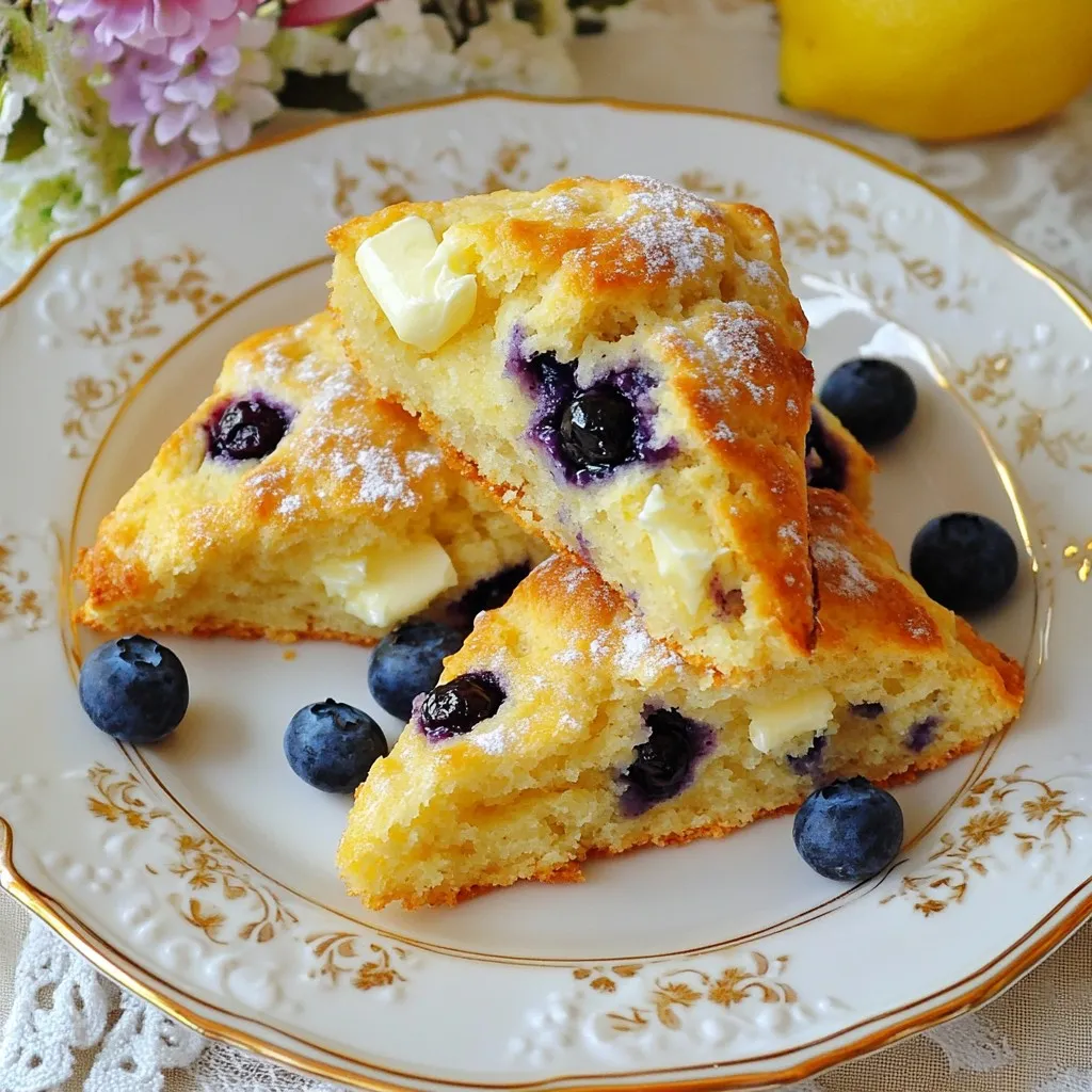 To make lemon blueberry scones, you need a mix of dry and wet ingredients. Here’s the complete list of what you’ll need: - 2 cups all-purpose flour - 1/2 cup granulated sugar - 1 tablespoon baking powder - 1/4 teaspoon salt - 1/2 cup unsalted butter, cold and cubed - 1/2 cup fresh blueberries (or frozen, thawed) - Zest of 1 lemon - 1/4 cup heavy cream - 1 large egg - 1 teaspoon vanilla extract - 2 tablespoons fresh lemon juice - Extra granulated sugar for sprinkling Each ingredient plays a vital role in creating soft, flaky scones that burst with flavor. The all-purpose flour gives structure, while the sugar adds sweetness. Baking powder helps the scones rise, creating that perfect, airy texture. Fresh blueberries bring a juicy pop, and lemon zest lifts the flavor to new heights. Using cold butter is key to achieving a flaky texture. The heavy cream and egg add richness, making every bite a delight. Finally, a sprinkle of sugar on top gives a lovely finish. Together, these ingredients create an irresistible treat that is sure to impress! {{ingredient_image_2}} 1. Preheat your oven to 400°F (200°C). This heat helps the scones rise perfectly. 2. Line a baking sheet with parchment paper. This stops the scones from sticking. 3. In a large bowl, mix the flour, sugar, baking powder, and salt. Whisk them well. 4. Add the cold, cubed butter to the bowl. Blend it into the flour until it looks crumbly. 1. Gently fold in the fresh blueberries and lemon zest. Be careful not to crush the blueberries. 2. In another bowl, whisk the heavy cream, egg, vanilla, and lemon juice together. Mix until smooth. 3. Pour the wet mixture into the dry ingredients. Stir gently with a spatula until just combined. 1. Transfer the dough to a floured surface. Knead it gently a few times to bring it together. 2. Pat the dough into a circle about 1 inch thick. This helps it bake evenly. 3. Slice the dough into 8 wedges with a sharp knife. Place them on the lined baking sheet. 4. Brush the tops with extra heavy cream and sprinkle sugar on top for sweetness. 5. Bake for 15-20 minutes until the scones are golden brown. 6. Let the scones cool on the baking sheet for a few minutes before transferring them. To make great scones, start with cold butter. Cold butter helps the scones rise high and stay flaky. Cut the butter into small cubes before mixing. This keeps it cold until baking. Avoid overmixing the dough. Mix just until the flour disappears. If you mix too much, the scones become tough. You want them light and airy, not dense. The ideal oven temperature is 400°F (200°C). This heat helps the scones bake evenly. Preheat your oven for at least 15 minutes before baking. You can tell when scones are done by their color. They should turn a nice golden brown. You can also test with a toothpick. If it comes out clean, the scones are ready. Serve the warm scones on a nice platter. A dollop of clotted cream or butter makes a great side. It adds to the taste and looks lovely. For garnishing, sprinkle fresh lemon zest on top. This adds color and a fresh aroma. Scatter some whole blueberries around the scones for a pop of color. It makes the dish inviting and delicious. Pro Tips Use Cold Butter: Ensure your butter is cold and cubed to create a flaky texture in your scones. This helps to achieve that desired rise and lightness. Don't Overmix: When combining wet and dry ingredients, mix just until incorporated. Overmixing can lead to tough scones, so keep it gentle! Fresh vs. Frozen Blueberries: If using frozen blueberries, be sure to thaw and drain them to prevent excess moisture in the dough. Brush with Cream: Brushing the tops of the scones with heavy cream before baking gives them a beautiful golden-brown color and added richness. {{image_4}} To make gluten-free scones, use a gluten-free flour blend. You can find many blends that work well in baking. Replace all-purpose flour with an equal amount of this blend. Add 1 teaspoon of xanthan gum if it’s not already included in the mix. You may need to adjust the baking time slightly. Keep an eye on the scones, as they might bake faster or slower depending on your blend. For a vegan version, choose dairy-free milk like almond or oat milk. These options keep the scones moist and tasty. Instead of an egg, use a flax egg. Mix 1 tablespoon of ground flaxseed with 2.5 tablespoons of water. Let it sit for a few minutes to thicken. This mix binds the ingredients well. Your scones will still turn out delicious and fluffy. You can switch the blueberries for other fruits, like raspberries or chopped strawberries. Each fruit brings its own unique taste. Want to get creative? Add fresh herbs like rosemary or thyme for a savory twist. The herbs complement the lemon and add a new layer of flavor. Try different combinations to find your perfect match! To keep your leftover scones fresh, place them in an airtight container. This helps prevent them from drying out. You can store them at room temperature for up to two days. If you want to keep them longer, refrigerate them for about one week. To freeze unbaked scones, first cut them into wedges. Place the wedges on a baking sheet and freeze them for about one hour. Once frozen, transfer them to a freezer bag. They can be stored for up to three months. When you're ready to bake, take out the scones and let them thaw for about 30 minutes. Preheat your oven while they thaw. Bake them as usual, adding a few extra minutes to the baking time. Enjoy warm, fresh scones any time! Yes, you can use frozen blueberries. They may change the texture slightly. Frozen berries release more juice, which can make the scones a bit wetter. This can add a nice burst of flavor but be careful not to overmix. Thaw them first and drain any excess juice for best results. To achieve fluffy scones, ensure your butter is cold. Cut it into small pieces and mix it quickly into the flour. This creates pockets of air that help the scones rise. Also, avoid overmixing when you combine wet and dry ingredients. Gently fold until just combined for that perfect light texture. These scones shine with a dollop of clotted cream or butter. You can also pair them with fresh lemon curd for a citrus kick. A cup of tea or coffee complements them nicely, too. For an extra touch, sprinkle some lemon zest or scatter whole blueberries on top when serving. In this blog post, we explored how to make delicious lemon blueberry scones. From the essential ingredients to the step-by-step instructions, I shared tips for perfecting your scones. Remember to use cold butter and avoid overmixing for the best texture. I also covered storage methods and variations to suit your needs. Experiment with flavors and techniques to find what you love. Enjoy baking these scones and impressing friends or family with your skills. Your kitchen will smell amazing, and the taste will be worth it!