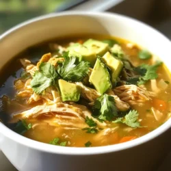 - 1 lb boneless, skinless chicken breasts - 1 tablespoon olive oil - 1 medium onion, diced - 3 cloves garlic, minced - 1 bell pepper, diced - 4 cups low-sodium chicken broth - 1 can (15 oz) black beans, rinsed and drained - 1 cup corn kernels - 2 cups diced tomatoes - Zest and juice of 2 limes - 1 teaspoon ground cumin - Salt and pepper to taste - 1 bunch fresh cilantro, chopped - 1 avocado, diced The key seasonings bring the soup to life. Lime zest and juice add brightness. Ground cumin gives it a warm, earthy taste. Salt and pepper help balance the flavors. Fresh cilantro adds a burst of freshness. Each spice plays a role that makes the soup vibrant. Toppings can elevate your dish. Diced avocado adds creaminess. Tortilla chips offer a crunchy texture. Sour cream provides richness, while shredded cheese adds a savory note. Choose your favorites to make the soup even more enjoyable. {{ingredient_image_2}} Start by gathering all your ingredients. This makes cooking easy and fun. - 1 lb boneless, skinless chicken breasts - 1 tablespoon olive oil - 1 medium onion, diced - 3 cloves garlic, minced - 1 bell pepper, diced - 4 cups low-sodium chicken broth - 1 can black beans, rinsed and drained - 1 cup corn kernels - 2 cups diced tomatoes - Zest and juice of 2 limes - 1 teaspoon ground cumin - Salt and pepper to taste - 1 bunch fresh cilantro, chopped - 1 avocado, diced Now, dice your onion and bell pepper. This helps them cook evenly. Mince the garlic to release its flavor. If using fresh corn, cut it off the cob. Heat the olive oil in a large pot over medium heat. Once it shimmers, add the onion and bell pepper. Sauté them for 4-5 minutes until soft. Stir in the minced garlic for another 1-2 minutes. This is when your kitchen starts smelling amazing! Next, add the chicken breasts, broth, diced tomatoes, black beans, corn, and cumin. Stir everything together. This helps blend the flavors. Raise the heat to bring it to a gentle boil. Reduce the heat, cover, and let it simmer for 20-25 minutes. Your chicken should reach 165°F to be safe to eat. When the chicken is done, take it out of the pot. Use two forks to shred it into bite-sized pieces. Return the chicken to the soup and stir it in. Add the lime juice and zest. Taste your soup and add salt and pepper as needed. Finally, fold in the chopped cilantro. This gives your soup a fresh kick! Now you’re ready to serve. Ladle the soup into bowls. Top with diced avocado and a sprinkle of cilantro. You can even add tortilla chips, sour cream, or shredded cheese for a fun twist! Enjoy every spoonful! To make this cilantro lime chicken soup shine, focus on balance. Use fresh lime juice and zest. They bring brightness that lifts the soup. Add salt gradually to enhance flavors. Taste as you go to find the perfect mix. Consider adding a pinch of cayenne for a gentle kick. Fresh cilantro adds a herbal note; fold it in last for the best taste. Start by sautéing the onion and bell pepper in olive oil. This builds a strong base. Cook until they soften. Be careful not to burn the garlic; it can turn bitter quickly. When you add the chicken, keep the broth at a gentle boil. This helps cook the chicken evenly. Shred the chicken once it’s cooked, then mix it back into the soup for a hearty texture. Serve the soup in warm bowls to keep it cozy. Top each bowl with diced avocado for creaminess. Fresh cilantro adds color and flavor. For crunch, add tortilla chips on top. A drizzle of sour cream can add richness, while shredded cheese offers a nice finish. Adjust toppings to match your taste. Enjoy this soup hot, sharing with friends or family for a delightful meal. Pro Tips Use Fresh Ingredients: Whenever possible, opt for fresh herbs and vegetables. Fresh cilantro and lime juice will elevate the flavor of your soup significantly. Customize Your Heat: If you enjoy a bit of spice, add diced jalapeños or a pinch of cayenne pepper while sautéing the vegetables for an extra kick. Make it Ahead: This soup tastes even better the next day! Prepare it in advance and let the flavors meld overnight in the fridge. Perfect Texture: For a creamier texture, blend a portion of the soup after cooking and then mix it back in. This adds richness without needing extra cream. {{image_4}} Want to turn up the heat? You can add diced jalapeños to your soup. Start with one pepper and adjust as needed. If you like a smoky flavor, try adding chipotle in adobo sauce. Just a small spoonful can make a big difference. You can also sprinkle in some cayenne pepper or red pepper flakes. This adds a nice kick to the dish. Not a meat eater? No problem! You can use beans as your main protein. Black beans work well in this soup. Chickpeas or lentils can also add texture and protein. For a richer taste, use vegetable broth instead of chicken broth. Add more veggies like zucchini or carrots to make it hearty. You’ll still get a full and tasty dish. You can swap out chicken for other proteins too. Try using turkey for a lighter option. If you want seafood, shrimp cooks quickly and adds great flavor. For a plant-based choice, use tofu or tempeh. Just make sure to season them well for a tasty bite. Each protein will change the soup's flavor, so have fun experimenting! To store leftovers, let the soup cool to room temperature. Then, pour it into airtight containers. Make sure to seal them well. You can keep leftovers in the fridge for up to three days. If you want to eat it later, freezing is a great option. When you reheat the soup, do it on low heat. Pour the soup into a pot and warm it gently. Stir often to help it heat evenly. If the soup seems thick, add a splash of chicken broth or water. This keeps the soup nice and smooth. To freeze the soup, use freezer-safe containers or bags. Leave some space at the top for expansion. It can last up to three months in the freezer. When you are ready to eat it, thaw it overnight in the fridge. Reheat it on the stove, and enjoy your tasty soup again! If you want a different protein, you can use turkey or tofu. Both work well and still taste great. Shredded pork also adds a nice flavor. You can swap in beans for a vegetarian option. Black beans or chickpeas can make the soup hearty and filling. Just remember to adjust cooking times if using raw meat. Yes, you can easily make this soup in a slow cooker! Start by sautéing the onion, bell pepper, and garlic in a pan. Then transfer them to the slow cooker. Add the rest of the ingredients, including chicken and broth. Cook on low for 6-8 hours, or on high for 3-4 hours. Shred the chicken before serving and add lime juice and cilantro at the end. Cilantro lime chicken soup keeps well in the fridge for about 3-4 days. Store it in an airtight container to keep it fresh. If you want to enjoy it longer, consider freezing it. Just remember to leave out any toppings like avocado or cheese until you serve it. This blog covered the key ingredients and steps to make a tasty soup. You learned about the main ingredients, seasonings, and optional toppings. I shared tips to perfect the flavor and different ways to change the recipe for your taste. We discussed how to store leftovers and answer common questions. In the end, cooking can be fun, easy, and rewarding. Enjoy making this soup your own!