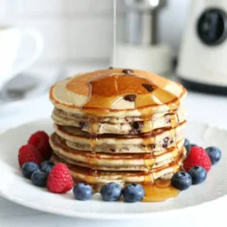 To make these soft and fluffy pancakes, gather these key ingredients: - 1 cup ricotta cheese - 1 cup all-purpose flour - 1 tablespoon baking powder - 2 tablespoons granulated sugar - 1/2 teaspoon salt - 3/4 cup milk - 2 large eggs - 1 teaspoon pure vanilla extract - 1/2 cup semi-sweet chocolate chips - Butter or cooking spray for greasing the pan Ricotta cheese adds creaminess and makes the pancakes rich. The flour gives them structure. Baking powder helps the pancakes rise. Sugar adds sweetness, and salt balances the flavors. Milk makes the batter smooth, while eggs bind everything together. Vanilla extract enhances the flavor, and chocolate chips bring a delicious treat. If you don’t have ricotta cheese, cottage cheese works well too. You can use whole wheat flour for a healthier option. For a dairy-free version, try almond milk or oat milk instead of regular milk. You can replace eggs with mashed banana or applesauce if you want a vegan option. To make these pancakes, you will need: - A large mixing bowl - A whisk - A separate bowl for dry ingredients - A spatula or wooden spoon - A non-stick skillet or griddle - A measuring cup and spoons These tools help you mix and cook the batter evenly. Using a non-stick skillet prevents the pancakes from sticking, making flipping easier. Enjoy the process of creating these delightful treats! {{ingredient_image_2}} Start with a large bowl. Add 1 cup of ricotta cheese, 3/4 cup of milk, 2 large eggs, and 1 teaspoon of pure vanilla extract. Use a whisk to mix these ingredients until smooth. You want no lumps in this mix. This creamy base is key to soft and fluffy pancakes. In another bowl, add 1 cup of all-purpose flour, 1 tablespoon of baking powder, 2 tablespoons of granulated sugar, and 1/2 teaspoon of salt. Stir these dry ingredients well. Make sure the baking powder and salt mix evenly with the flour. This step helps the pancakes rise. Now, slowly add the dry mix to the ricotta blend. Use a spatula or wooden spoon and fold gently. Mix just until combined. It’s okay to have some lumps; they add nice texture. After that, fold in 1/2 cup of semi-sweet chocolate chips. This makes the batter sweet and chocolatey. Preheat a non-stick skillet or griddle over medium heat. Lightly grease it with butter or cooking spray. For each pancake, pour about 1/4 cup of batter onto the skillet. Cook until small bubbles form on top, about 2-3 minutes. Flip the pancake and cook for another 2-3 minutes until golden brown. Once done, move the pancakes to a warm plate. Repeat with the rest of the batter. Enjoy your delicious pancakes! To get soft pancakes, use fresh ricotta cheese. Mix it well with milk and eggs. This helps make the batter smooth. When you combine the dry and wet ingredients, mix just a little. Lumps are good! They help the pancakes stay fluffy and soft. One big mistake is overmixing the batter. This can make your pancakes tough. Another mistake is not greasing the skillet enough. If the pan is too dry, the pancakes may stick. Always check the heat. If it’s too hot, the outside will burn before the inside cooks. Serve the pancakes hot from the skillet. Stack them high on a plate for a fun look. Drizzle warm maple syrup over the top. Add extra chocolate chips and fresh berries for color. You can also sprinkle some powdered sugar for sweetness. Enjoy them with your favorite drink! Pro Tips Use Room Temperature Ingredients: Allow your ricotta cheese, eggs, and milk to reach room temperature before mixing. This helps create a smoother batter and fluffier pancakes. Don’t Overmix the Batter: Mixing just until combined ensures that the pancakes remain tender and light. A few lumps are perfectly fine! Adjust Cooking Temperature: If your pancakes are browning too quickly, lower the heat slightly. Cooking them on medium to medium-low heat allows for even cooking without burning. Experiment with Add-ins: Feel free to add nuts, fruits, or spices like cinnamon to the batter for an extra flavor boost. Customize these pancakes to suit your taste! {{image_4}} You can make these pancakes even more special by adding lemon zest. Just add a teaspoon of fresh lemon zest to the ricotta mixture. This will give your pancakes a fresh and bright flavor. You can also try adding a splash of almond extract for a warm nutty taste. Switching up the type of chocolate can change the pancake game. Use dark chocolate chips for a richer flavor. White chocolate chips add a sweet and creamy touch. You can also try chocolate chunks for a more gooey experience. If you need gluten-free pancakes, no problem! Substitute the all-purpose flour with a gluten-free blend. Many blends work well, so look for one that fits your taste. You can also use almond flour, which adds a nice flavor. Just remember to check the baking powder for gluten. To keep your leftover pancakes fresh, let them cool first. Stack the pancakes with a piece of parchment paper between each one. Place them in an airtight container. You can store these in the fridge for up to three days. This method helps keep them soft and delicious. When you’re ready to eat your leftover pancakes, you can reheat them easily. Use a microwave for quick warming. Place a few pancakes on a plate and cover them with a damp paper towel. Heat them for about 30 seconds. If you want them crispier, use a skillet. Warm them on medium heat for about one minute on each side. Freezing is a great way to store extra pancakes. Make sure they are fully cooled. Then, place them in a single layer on a baking sheet. Freeze for about an hour. Once frozen, transfer them to a freezer bag. They can last for up to two months. When you’re ready to eat, just reheat them straight from the freezer. Enjoy your fluffy treats whenever you want! Yes, you can use low-fat ricotta cheese. It will still work well in this recipe. The texture may be slightly different, but the flavor remains nice. I often use low-fat ricotta when I want to cut some calories. Just remember, the pancakes might be a bit less creamy. To make pancakes fluffier, you can use a few simple tricks. First, do not overmix the batter. A few lumps are okay. This helps keep air in the batter. Second, let the batter rest for a few minutes before cooking. This gives the baking powder time to work. Also, ensure your baking powder is fresh. Old baking powder can make the pancakes flat. Yes, you can replace eggs in this recipe. Use applesauce, mashed banana, or a flaxseed mixture instead. For one egg, mix 1 tablespoon of flaxseed meal with 2.5 tablespoons of water. Let it sit for a few minutes until it thickens. This works great and keeps your pancakes moist and fluffy. These chocolate chip ricotta pancakes are easy and fun to make. We covered the key ingredients, helpful tips, and tasty variations. You learned how to avoid common mistakes and a few storage tricks to keep pancakes fresh. My final thought? Experiment with flavors and enjoy them with family or friends. Cooking should be joyful and delicious!