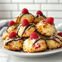 To make these raspberry coconut macaroons, gather the following items: - 2 cups unsweetened shredded coconut - 1 cup sweetened condensed milk - 1 teaspoon vanilla extract - 1/4 teaspoon almond extract - 1/2 cup fresh raspberries, coarsely chopped - 1/4 cup dark chocolate chips (optional, for drizzling) - Pinch of salt You can mix it up a bit. Try these options: - Use sweetened shredded coconut for a sweeter taste. - Replace raspberries with chopped strawberries or blueberries for a different fruit flavor. - Swap almond extract with coconut or lemon extract for a unique twist. - Use milk chocolate chips instead of dark chocolate for a sweeter drizzle. If you have dietary needs, consider these swaps: - Use dairy-free sweetened condensed milk for a vegan option. - Substitute coconut with almond flour for a nutty flavor and different texture. - For a nut-free version, skip the almond extract entirely. - Replace chocolate chips with a dairy-free version if needed. {{ingredient_image_2}} First, gather all your ingredients. You will need shredded coconut, sweetened condensed milk, vanilla extract, almond extract, fresh raspberries, and a pinch of salt. If you want to drizzle chocolate, grab some dark chocolate chips too. Preheat your oven to 325°F (165°C). Line a baking sheet with parchment paper. This will help your macaroons not stick. In a big bowl, mix the unsweetened shredded coconut, sweetened condensed milk, vanilla, almond extract, and salt. Stir well until the coconut is fully coated. Next, fold in the chopped raspberries. Be gentle so you don’t crush them too much. You want nice pieces of raspberry for flavor. Now, take a tablespoon or cookie scoop. Drop mounds of the coconut mix onto your baking sheet. Leave about 1 inch of space between each mound. This lets them spread a little while baking. Bake in the oven for 15 to 20 minutes. Keep an eye on them. You want the tops to be golden brown. Once they are done baking, let the macaroons sit on the sheet for about 5 minutes. This helps them set. After that, move them to a wire rack to cool completely. If you want to drizzle chocolate, melt the chocolate chips in a microwave-safe bowl. Heat in 30-second bursts, stirring each time until smooth. When the macaroons are cool, drizzle the melted chocolate over the tops. It makes them look fancy and adds flavor. Enjoy your tasty treats! When making raspberry coconut macaroons, avoid overmixing the batter. This can break the raspberries and make your macaroons too mushy. Also, be careful not to bake them for too long. You want a golden top, not a burnt one. Use parchment paper to prevent sticking. This makes clean-up easy and keeps the macaroons intact. To get that perfect chewy texture, use unsweetened shredded coconut. Mix it well with the sweetened condensed milk. This balance gives you the right sweetness without being too much. When folding in the raspberries, use a gentle hand. You want some pieces whole for bursts of flavor, not a puree. Bake them just until golden brown at 325°F. This keeps them soft inside. Serve your macaroons on a pretty plate or a cake stand. For a decorative touch, sprinkle extra shredded coconut on top. Fresh raspberries add a splash of color. You can also drizzle melted dark chocolate over them for a rich finish. These small details make your treats look and taste even better! Enjoy sharing these with friends or as a special treat for yourself. Pro Tips Use Fresh Raspberries: Fresh raspberries provide a burst of flavor and moisture. If using frozen, make sure to thaw and pat them dry to avoid excess moisture in the macaroons. Experiment with Extracts: While almond extract adds a lovely flavor, feel free to experiment with other extracts like coconut or lemon for a unique twist on the classic macaroon. Monitor Baking Time: Every oven is different; keep an eye on your macaroons. They are ready when the tops are golden brown, which usually takes about 15-20 minutes. Chocolate Drizzle Tips: For a smooth chocolate drizzle, ensure the chocolate is fully melted and slightly cooled before drizzling. Use a fork or a piping bag for more control. {{image_4}} You can mix up your raspberry coconut macaroons with many flavors. Try adding lemon zest for a bright twist. A sprinkle of cinnamon adds warmth. You can also swap the raspberries for other fruits like mango or pineapple. Each fruit brings its unique taste and color. Remember, keep the texture in mind. Use fruits that won’t break down too much during mixing. If you want a vegan treat, it’s easy to adapt this recipe. Replace sweetened condensed milk with coconut cream or a plant-based milk. Just add a bit of sugar to mimic sweetness. For nut-free macaroons, skip the almond extract. Use only vanilla extract for flavor. You can enjoy these tasty bites without any nuts. They will still be delicious and satisfying. For a fun touch, try chocolate-covered macaroons. After baking and cooling, melt dark chocolate chips. Drizzle or dip the macaroons in the melted chocolate. This adds sweetness and makes them look fancy. The chocolate complements the raspberry flavor well. It’s a simple step that brings your macaroons to the next level. Enjoy the mix of coconut and chocolate! To keep your raspberry coconut macaroons fresh, store them in an airtight container. This helps keep moisture out and preserves their texture. Place parchment paper between layers to avoid sticking. If you have extra macaroons, you can freeze them. Use a freezer-safe container and separate layers with parchment paper. These delightful treats can last for about five days at room temperature. If you freeze them, they can stay good for up to three months. Just remember to thaw them in the fridge before enjoying them again. The flavor will remain vibrant, and the texture will stay nice. To refresh your macaroons, preheat your oven to 300°F (150°C). Place the macaroons on a baking sheet and heat for about five minutes. This helps bring back their crispy edges. Avoid microwaving them, as this can make them chewy instead of crispy. Enjoy your treats warm for the best taste! Yes, you can make these macaroons ahead of time. After baking, let them cool completely. Place the cooled macaroons in an airtight container. They will stay fresh for about five days at room temperature. If you want to keep them longer, store them in the fridge for up to a week. You can also freeze them for up to three months. Just thaw them at room temperature before serving. You’ll know the macaroons are done when the tops turn golden brown. This usually takes about 15 to 20 minutes in a 325°F oven. Keep an eye on them as they bake. If they look too pale, give them a few more minutes. Avoid overbaking, as they can become dry. The edges should also feel firm to the touch. Raspberry coconut macaroons are great on their own, but you can serve them with nice pairings. Consider a scoop of vanilla ice cream or a dollop of whipped cream. Fresh raspberries on the side add a burst of color and flavor. You could also serve them with coffee or tea. For a fun twist, pair them with chocolate sauce for dipping. In this post, we explored all the key elements of making raspberry coconut macaroons. We went through the ingredients list, cooking steps, and tips to avoid common mistakes. We also shared fun variations and helpful storage strategies. Remember, baking is both art and science. Feel free to experiment with flavors and textures. Enjoy your macaroons fresh and share them with friends. Happy baking!