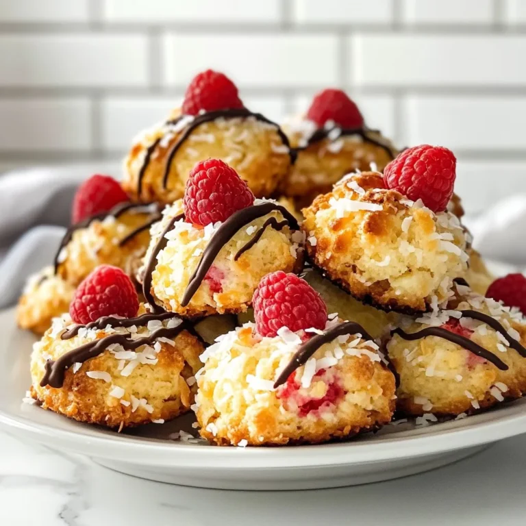 To make these raspberry coconut macaroons, gather the following items: - 2 cups unsweetened shredded coconut - 1 cup sweetened condensed milk - 1 teaspoon vanilla extract - 1/4 teaspoon almond extract - 1/2 cup fresh raspberries, coarsely chopped - 1/4 cup dark chocolate chips (optional, for drizzling) - Pinch of salt You can mix it up a bit. Try these options: - Use sweetened shredded coconut for a sweeter taste. - Replace raspberries with chopped strawberries or blueberries for a different fruit flavor. - Swap almond extract with coconut or lemon extract for a unique twist. - Use milk chocolate chips instead of dark chocolate for a sweeter drizzle. If you have dietary needs, consider these swaps: - Use dairy-free sweetened condensed milk for a vegan option. - Substitute coconut with almond flour for a nutty flavor and different texture. - For a nut-free version, skip the almond extract entirely. - Replace chocolate chips with a dairy-free version if needed. {{ingredient_image_2}} First, gather all your ingredients. You will need shredded coconut, sweetened condensed milk, vanilla extract, almond extract, fresh raspberries, and a pinch of salt. If you want to drizzle chocolate, grab some dark chocolate chips too. Preheat your oven to 325°F (165°C). Line a baking sheet with parchment paper. This will help your macaroons not stick. In a big bowl, mix the unsweetened shredded coconut, sweetened condensed milk, vanilla, almond extract, and salt. Stir well until the coconut is fully coated. Next, fold in the chopped raspberries. Be gentle so you don’t crush them too much. You want nice pieces of raspberry for flavor. Now, take a tablespoon or cookie scoop. Drop mounds of the coconut mix onto your baking sheet. Leave about 1 inch of space between each mound. This lets them spread a little while baking. Bake in the oven for 15 to 20 minutes. Keep an eye on them. You want the tops to be golden brown. Once they are done baking, let the macaroons sit on the sheet for about 5 minutes. This helps them set. After that, move them to a wire rack to cool completely. If you want to drizzle chocolate, melt the chocolate chips in a microwave-safe bowl. Heat in 30-second bursts, stirring each time until smooth. When the macaroons are cool, drizzle the melted chocolate over the tops. It makes them look fancy and adds flavor. Enjoy your tasty treats! When making raspberry coconut macaroons, avoid overmixing the batter. This can break the raspberries and make your macaroons too mushy. Also, be careful not to bake them for too long. You want a golden top, not a burnt one. Use parchment paper to prevent sticking. This makes clean-up easy and keeps the macaroons intact. To get that perfect chewy texture, use unsweetened shredded coconut. Mix it well with the sweetened condensed milk. This balance gives you the right sweetness without being too much. When folding in the raspberries, use a gentle hand. You want some pieces whole for bursts of flavor, not a puree. Bake them just until golden brown at 325°F. This keeps them soft inside. Serve your macaroons on a pretty plate or a cake stand. For a decorative touch, sprinkle extra shredded coconut on top. Fresh raspberries add a splash of color. You can also drizzle melted dark chocolate over them for a rich finish. These small details make your treats look and taste even better! Enjoy sharing these with friends or as a special treat for yourself. Pro Tips Use Fresh Raspberries: Fresh raspberries provide a burst of flavor and moisture. If using frozen, make sure to thaw and pat them dry to avoid excess moisture in the macaroons. Experiment with Extracts: While almond extract adds a lovely flavor, feel free to experiment with other extracts like coconut or lemon for a unique twist on the classic macaroon. Monitor Baking Time: Every oven is different; keep an eye on your macaroons. They are ready when the tops are golden brown, which usually takes about 15-20 minutes. Chocolate Drizzle Tips: For a smooth chocolate drizzle, ensure the chocolate is fully melted and slightly cooled before drizzling. Use a fork or a piping bag for more control. {{image_4}} You can mix up your raspberry coconut macaroons with many flavors. Try adding lemon zest for a bright twist. A sprinkle of cinnamon adds warmth. You can also swap the raspberries for other fruits like mango or pineapple. Each fruit brings its unique taste and color. Remember, keep the texture in mind. Use fruits that won’t break down too much during mixing. If you want a vegan treat, it’s easy to adapt this recipe. Replace sweetened condensed milk with coconut cream or a plant-based milk. Just add a bit of sugar to mimic sweetness. For nut-free macaroons, skip the almond extract. Use only vanilla extract for flavor. You can enjoy these tasty bites without any nuts. They will still be delicious and satisfying. For a fun touch, try chocolate-covered macaroons. After baking and cooling, melt dark chocolate chips. Drizzle or dip the macaroons in the melted chocolate. This adds sweetness and makes them look fancy. The chocolate complements the raspberry flavor well. It’s a simple step that brings your macaroons to the next level. Enjoy the mix of coconut and chocolate! To keep your raspberry coconut macaroons fresh, store them in an airtight container. This helps keep moisture out and preserves their texture. Place parchment paper between layers to avoid sticking. If you have extra macaroons, you can freeze them. Use a freezer-safe container and separate layers with parchment paper. These delightful treats can last for about five days at room temperature. If you freeze them, they can stay good for up to three months. Just remember to thaw them in the fridge before enjoying them again. The flavor will remain vibrant, and the texture will stay nice. To refresh your macaroons, preheat your oven to 300°F (150°C). Place the macaroons on a baking sheet and heat for about five minutes. This helps bring back their crispy edges. Avoid microwaving them, as this can make them chewy instead of crispy. Enjoy your treats warm for the best taste! Yes, you can make these macaroons ahead of time. After baking, let them cool completely. Place the cooled macaroons in an airtight container. They will stay fresh for about five days at room temperature. If you want to keep them longer, store them in the fridge for up to a week. You can also freeze them for up to three months. Just thaw them at room temperature before serving. You’ll know the macaroons are done when the tops turn golden brown. This usually takes about 15 to 20 minutes in a 325°F oven. Keep an eye on them as they bake. If they look too pale, give them a few more minutes. Avoid overbaking, as they can become dry. The edges should also feel firm to the touch. Raspberry coconut macaroons are great on their own, but you can serve them with nice pairings. Consider a scoop of vanilla ice cream or a dollop of whipped cream. Fresh raspberries on the side add a burst of color and flavor. You could also serve them with coffee or tea. For a fun twist, pair them with chocolate sauce for dipping. In this post, we explored all the key elements of making raspberry coconut macaroons. We went through the ingredients list, cooking steps, and tips to avoid common mistakes. We also shared fun variations and helpful storage strategies. Remember, baking is both art and science. Feel free to experiment with flavors and textures. Enjoy your macaroons fresh and share them with friends. Happy baking!
