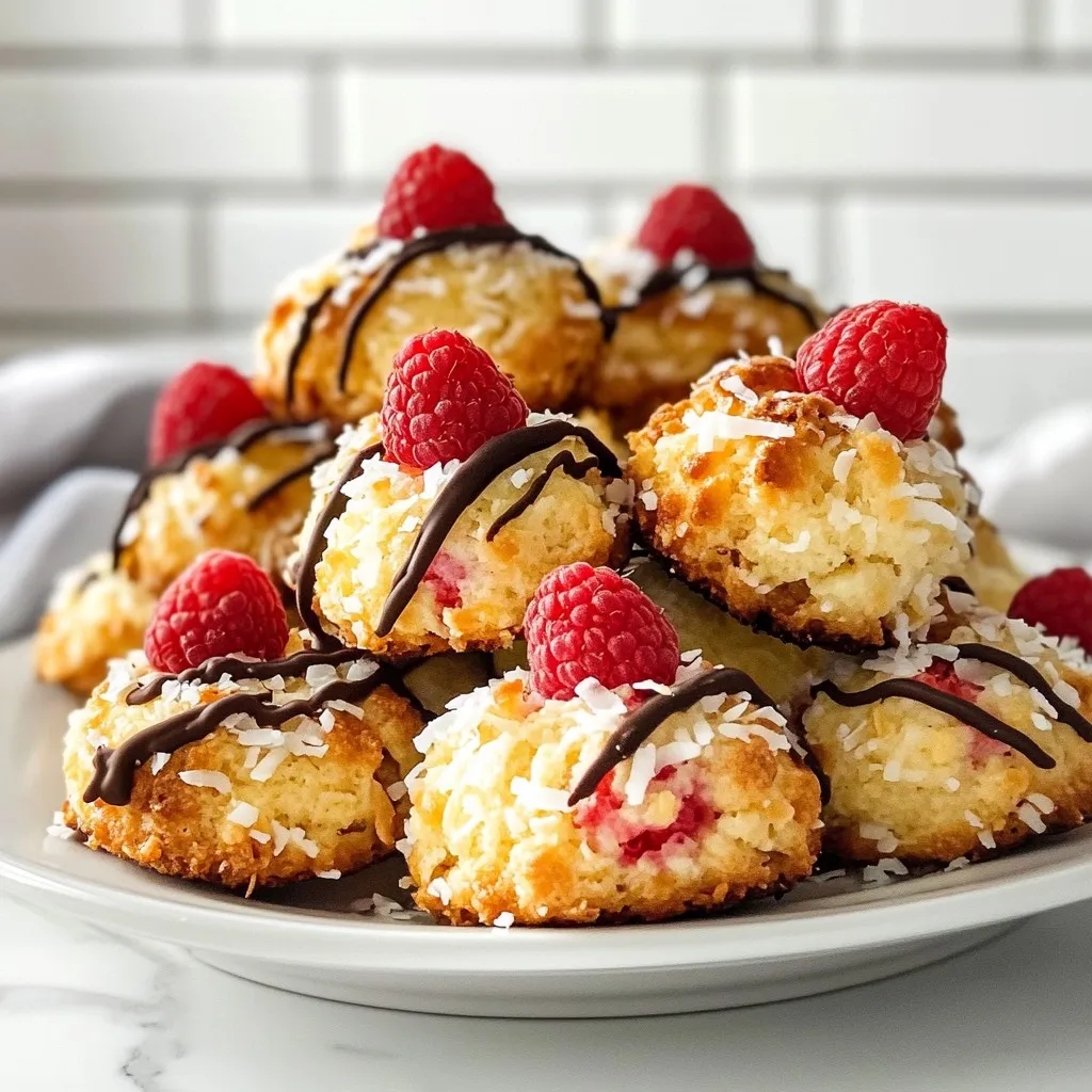 To make these raspberry coconut macaroons, gather the following items: - 2 cups unsweetened shredded coconut - 1 cup sweetened condensed milk - 1 teaspoon vanilla extract - 1/4 teaspoon almond extract - 1/2 cup fresh raspberries, coarsely chopped - 1/4 cup dark chocolate chips (optional, for drizzling) - Pinch of salt You can mix it up a bit. Try these options: - Use sweetened shredded coconut for a sweeter taste. - Replace raspberries with chopped strawberries or blueberries for a different fruit flavor. - Swap almond extract with coconut or lemon extract for a unique twist. - Use milk chocolate chips instead of dark chocolate for a sweeter drizzle. If you have dietary needs, consider these swaps: - Use dairy-free sweetened condensed milk for a vegan option. - Substitute coconut with almond flour for a nutty flavor and different texture. - For a nut-free version, skip the almond extract entirely. - Replace chocolate chips with a dairy-free version if needed. {{ingredient_image_2}} First, gather all your ingredients. You will need shredded coconut, sweetened condensed milk, vanilla extract, almond extract, fresh raspberries, and a pinch of salt. If you want to drizzle chocolate, grab some dark chocolate chips too. Preheat your oven to 325°F (165°C). Line a baking sheet with parchment paper. This will help your macaroons not stick. In a big bowl, mix the unsweetened shredded coconut, sweetened condensed milk, vanilla, almond extract, and salt. Stir well until the coconut is fully coated. Next, fold in the chopped raspberries. Be gentle so you don’t crush them too much. You want nice pieces of raspberry for flavor. Now, take a tablespoon or cookie scoop. Drop mounds of the coconut mix onto your baking sheet. Leave about 1 inch of space between each mound. This lets them spread a little while baking. Bake in the oven for 15 to 20 minutes. Keep an eye on them. You want the tops to be golden brown. Once they are done baking, let the macaroons sit on the sheet for about 5 minutes. This helps them set. After that, move them to a wire rack to cool completely. If you want to drizzle chocolate, melt the chocolate chips in a microwave-safe bowl. Heat in 30-second bursts, stirring each time until smooth. When the macaroons are cool, drizzle the melted chocolate over the tops. It makes them look fancy and adds flavor. Enjoy your tasty treats! When making raspberry coconut macaroons, avoid overmixing the batter. This can break the raspberries and make your macaroons too mushy. Also, be careful not to bake them for too long. You want a golden top, not a burnt one. Use parchment paper to prevent sticking. This makes clean-up easy and keeps the macaroons intact. To get that perfect chewy texture, use unsweetened shredded coconut. Mix it well with the sweetened condensed milk. This balance gives you the right sweetness without being too much. When folding in the raspberries, use a gentle hand. You want some pieces whole for bursts of flavor, not a puree. Bake them just until golden brown at 325°F. This keeps them soft inside. Serve your macaroons on a pretty plate or a cake stand. For a decorative touch, sprinkle extra shredded coconut on top. Fresh raspberries add a splash of color. You can also drizzle melted dark chocolate over them for a rich finish. These small details make your treats look and taste even better! Enjoy sharing these with friends or as a special treat for yourself. Pro Tips Use Fresh Raspberries: Fresh raspberries provide a burst of flavor and moisture. If using frozen, make sure to thaw and pat them dry to avoid excess moisture in the macaroons. Experiment with Extracts: While almond extract adds a lovely flavor, feel free to experiment with other extracts like coconut or lemon for a unique twist on the classic macaroon. Monitor Baking Time: Every oven is different; keep an eye on your macaroons. They are ready when the tops are golden brown, which usually takes about 15-20 minutes. Chocolate Drizzle Tips: For a smooth chocolate drizzle, ensure the chocolate is fully melted and slightly cooled before drizzling. Use a fork or a piping bag for more control. {{image_4}} You can mix up your raspberry coconut macaroons with many flavors. Try adding lemon zest for a bright twist. A sprinkle of cinnamon adds warmth. You can also swap the raspberries for other fruits like mango or pineapple. Each fruit brings its unique taste and color. Remember, keep the texture in mind. Use fruits that won’t break down too much during mixing. If you want a vegan treat, it’s easy to adapt this recipe. Replace sweetened condensed milk with coconut cream or a plant-based milk. Just add a bit of sugar to mimic sweetness. For nut-free macaroons, skip the almond extract. Use only vanilla extract for flavor. You can enjoy these tasty bites without any nuts. They will still be delicious and satisfying. For a fun touch, try chocolate-covered macaroons. After baking and cooling, melt dark chocolate chips. Drizzle or dip the macaroons in the melted chocolate. This adds sweetness and makes them look fancy. The chocolate complements the raspberry flavor well. It’s a simple step that brings your macaroons to the next level. Enjoy the mix of coconut and chocolate! To keep your raspberry coconut macaroons fresh, store them in an airtight container. This helps keep moisture out and preserves their texture. Place parchment paper between layers to avoid sticking. If you have extra macaroons, you can freeze them. Use a freezer-safe container and separate layers with parchment paper. These delightful treats can last for about five days at room temperature. If you freeze them, they can stay good for up to three months. Just remember to thaw them in the fridge before enjoying them again. The flavor will remain vibrant, and the texture will stay nice. To refresh your macaroons, preheat your oven to 300°F (150°C). Place the macaroons on a baking sheet and heat for about five minutes. This helps bring back their crispy edges. Avoid microwaving them, as this can make them chewy instead of crispy. Enjoy your treats warm for the best taste! Yes, you can make these macaroons ahead of time. After baking, let them cool completely. Place the cooled macaroons in an airtight container. They will stay fresh for about five days at room temperature. If you want to keep them longer, store them in the fridge for up to a week. You can also freeze them for up to three months. Just thaw them at room temperature before serving. You’ll know the macaroons are done when the tops turn golden brown. This usually takes about 15 to 20 minutes in a 325°F oven. Keep an eye on them as they bake. If they look too pale, give them a few more minutes. Avoid overbaking, as they can become dry. The edges should also feel firm to the touch. Raspberry coconut macaroons are great on their own, but you can serve them with nice pairings. Consider a scoop of vanilla ice cream or a dollop of whipped cream. Fresh raspberries on the side add a burst of color and flavor. You could also serve them with coffee or tea. For a fun twist, pair them with chocolate sauce for dipping. In this post, we explored all the key elements of making raspberry coconut macaroons. We went through the ingredients list, cooking steps, and tips to avoid common mistakes. We also shared fun variations and helpful storage strategies. Remember, baking is both art and science. Feel free to experiment with flavors and textures. Enjoy your macaroons fresh and share them with friends. Happy baking!