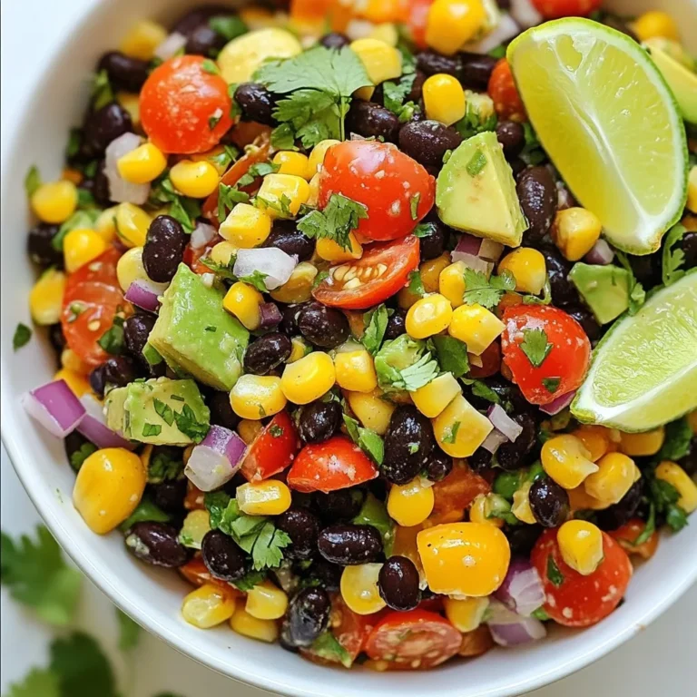 - 1 can black beans - 1 can sweet corn - Fresh vegetables: - 1 red bell pepper, finely diced - 1 yellow bell pepper, finely diced - 1 small red onion, finely chopped - 1 cup cherry tomatoes, halved - 1 ripe avocado, diced - Fresh herbs and seasoning: - 1/4 cup fresh cilantro leaves, chopped - 1/4 cup freshly squeezed lime juice - 2 tablespoons extra virgin olive oil - 1 teaspoon cumin powder - Sea salt and freshly cracked black pepper to taste - Avocado variations: You can use different types of avocados for creaminess. - Additional spices or herbs: Try adding chili powder or oregano for more flavor. - Cheese options: Feta or cotija cheese can add a tangy touch. This salad is bright and fresh. Each ingredient adds a unique flavor and texture. The beans and corn give a hearty base. The veggies bring crunch and sweetness. The herbs and lime juice add zest. You can personalize it with optional ingredients. This makes it fun and versatile. Enjoy mixing and matching to find your favorite version! {{ingredient_image_2}} 1. First, rinse and drain the black beans. This removes extra salt and keeps them clean. 2. Next, do the same with the sweet corn. Drain it well to avoid a watery salad. 3. Now, chop the red and yellow bell peppers into small pieces. You want them to mix well. 4. Finely chop the red onion. This adds a nice crunch and flavor. 5. Halve the cherry tomatoes and dice the avocado into bite-sized pieces. 6. In a separate bowl, whisk together the lime juice, olive oil, cumin, sea salt, and black pepper. Mix until it’s smooth and well combined. 1. In a large mixing bowl, combine the black beans and corn. Gently stir to keep the beans whole. 2. Add the chopped bell peppers, onion, tomatoes, and avocado. Be careful when mixing to keep the avocado intact. 3. Drizzle the dressing over the salad. Toss gently with a spatula until everything is coated. 4. Finally, fold in the chopped cilantro for a fresh flavor boost. 1. Portion the salad into bowls or serve it family-style in a large dish. 2. This salad tastes great at room temperature or chilled. Let it sit for at least 10 minutes to meld flavors. 3. For a beautiful presentation, use a colorful serving bowl. Garnish with extra cilantro and lime wedges around the edge. To keep your black bean corn salad fresh, store it in an airtight container. This helps prevent moisture loss and keeps flavors intact. Place it in the fridge for best results. The salad stays fresh for about 3 days. If you notice any browning on the avocado, just remove it before serving. If you want to make it gluten-free, you’re in luck! This salad is already gluten-free. For a vegan option, ensure your dressing has no animal products. You can swap honey for agave syrup or simply skip it. To adapt for low-sodium diets, rinse the beans and corn well. Also, use fresh lime juice instead of salt for flavor. Marinating the salad can elevate its taste. Let it sit for at least 30 minutes before serving. This helps the flavors blend nicely. You can also try different dressings. A zesty vinaigrette or a creamy avocado dressing adds a fresh twist. Experiment with herbs like dill or parsley for added flavor! Pro Tips Choose Ripe Avocados: Make sure your avocados are perfectly ripe for the best flavor and texture. They should yield slightly to gentle pressure when squeezed. Experiment with Add-ins: Feel free to customize the salad by adding ingredients like black olives, jalapeños, or even diced mango for a sweet twist. Make Ahead: Prepare the salad a few hours in advance to allow the flavors to develop, but add the avocado just before serving to prevent browning. Use Fresh Lime Juice: For the best flavor, always use freshly squeezed lime juice instead of bottled lime juice, as it makes a significant difference in taste. {{image_4}} You can spice up your black bean corn salad with a southwestern twist. Start by adding diced jalapeños for heat. The crunch of corn chips also adds texture. This version brings a fun, zesty flavor that pairs well with the beans and corn. The heat from the jalapeños balances the sweetness of the corn. If you want an extra kick, try some hot sauce too! For a Mediterranean flair, mix in crumbled feta cheese and sliced olives. Feta adds a creamy, salty taste that contrasts nicely with the fresh veggies. The olives bring a briny note that enhances the overall flavor. This variation gives your salad a unique touch, making it perfect for a summer picnic or a dinner party. If you want to make your salad more filling, consider adding protein. Diced grilled chicken or cubed tofu works well. Chicken adds a hearty element, while tofu is great for a vegan option. Both choices make the salad a complete meal. Just toss them in with the other ingredients before serving. This salad stays fresh in the fridge for up to four days. To keep it tasty, store it in an airtight container. - Tip: Add avocado right before serving. This keeps it from browning and makes the salad look fresh. - Tip: If you add lime juice to the salad, it helps slow down browning. The acid from the lime juice is key for flavor and freshness. You can freeze this salad, but it’s best to avoid freezing the avocado. This will keep the texture nice when you serve it. - Best practice: Freeze the salad without the avocado. Place it in a freezer-safe bag and press out extra air. - Thawing and serving: To serve, place the salad in the fridge overnight to thaw. Once thawed, mix in fresh avocado and enjoy! You can easily make this salad vegan. First, all the main ingredients are plant-based. Avoid adding any cheese for a vegan dish. If you want creaminess, use an extra avocado. You can also swap the olive oil for another plant-based oil if desired. Yes, you can prepare this salad in advance. Make it up to a day ahead. Store it in the fridge in a sealed container. The flavors will blend well overnight. Just add the avocado right before serving to keep it fresh. This salad pairs well with many dishes. You can serve it with grilled chicken or fish. It also goes great with tacos or burritos. For drinks, try serving it with iced tea or a light beer. This adds to the fresh flavors of the salad. This blog post detailed how to create a delicious Black Bean Corn Salad. You learned about the main ingredients, preparation steps, and plenty of helpful tips. We explored variations to suit different tastes and dietary needs. Remember, customizing this dish is simple and fun. You can enjoy it fresh or consider storage options to keep it tasty. Now, it’s time to get cooking and share your salad with friends! This colorful dish will surely impress anyone you serve it to.