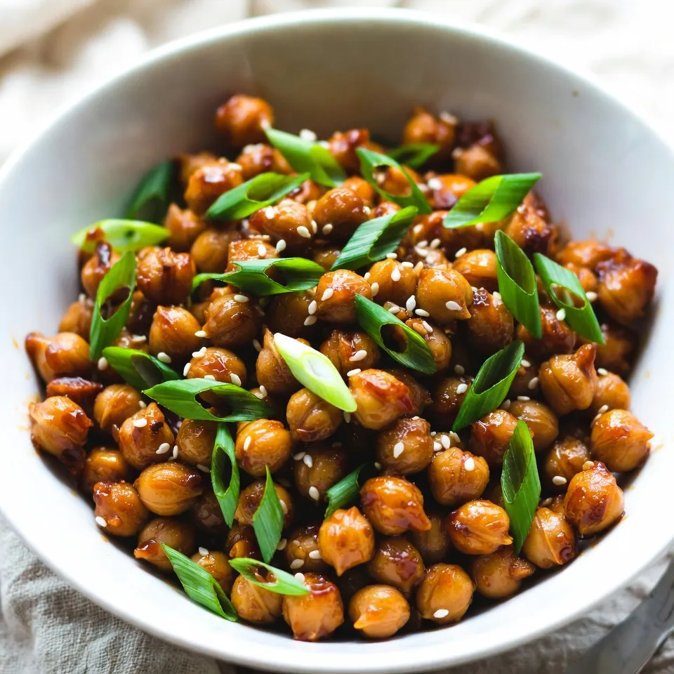 - 1 can (15 oz) chickpeas, drained and rinsed - 2 tablespoons honey - 2 tablespoons soy sauce (or tamari for gluten-free) - 2 cloves garlic, minced - 1 tablespoon sesame oil - 1 tablespoon extra virgin olive oil - 1 teaspoon fresh ginger, grated - 1 tablespoon sesame seeds, toasted if preferred - 2 green onions, thinly sliced - Salt and black pepper to taste To make Honey Garlic Sesame Chickpeas, you need simple but bold ingredients. Chickpeas are your base. They are packed with protein and fiber. You can use canned ones for ease. Just drain and rinse them well. Honey adds sweetness that balances the salty soy sauce. You can use tamari if you want a gluten-free dish. The minced garlic gives a savory kick. You’ll love the warm, nutty flavor from sesame oil and olive oil, too. Fresh ginger boosts the flavor. It adds a zesty punch that makes each bite special. Toasted sesame seeds give crunch and depth. Finally, green onions not only add taste but also a splash of color. When you mix these ingredients, they create a dish that is rich in flavor. You can adjust the salt and pepper to your taste. This recipe is great for a quick meal or snack. It’s simple yet satisfying. {{ingredient_image_2}} To start, grab a medium bowl. In this bowl, you will mix honey, soy sauce, garlic, sesame oil, ginger, salt, and pepper. Use a whisk to blend these ingredients well. You want a smooth marinade that coats the chickpeas nicely. Next, take your drained chickpeas and gently fold them into the marinade. Make sure each chickpea gets a good coat. Let them sit for about 5 minutes. This allows the chickpeas to soak up those tasty flavors. Now, heat a non-stick skillet over medium heat. Add the olive oil and let it heat until it shimmers a bit. Carefully add the marinated chickpeas to the skillet. Sauté them for around 10 to 12 minutes. Stir them occasionally until they turn crispy and warm. In the last few minutes of cooking, sprinkle sesame seeds over the chickpeas. Toss everything together gently. This helps the sesame seeds stick. Once done, remove the skillet from the heat and serve. Garnish with fresh green onions for color and extra flavor. Enjoy your dish! To make a great marinade, you can adjust the sweetness and saltiness. If you like it sweeter, add more honey. If you want more salt, add extra soy sauce. Taste as you go. This way, you get the flavor just right for you. When cooking the chickpeas, use medium heat. This helps them cook evenly. If the heat is too high, the chickpeas might burn. Stir them often, so they do not stick to the pan. You want them warm and a bit crispy on the outside. These chickpeas are very versatile. You can serve them as a snack or a side dish. They also make a great topping for salads and grain bowls. Add them to your meal for extra flavor and protein. Enjoy them however you like! Pro Tips Use Fresh Ingredients: Always opt for fresh garlic and ginger to enhance the flavor profile of your dish. Fresh ingredients yield a more vibrant and aromatic result. Adjust Sweetness: Depending on your taste preference, feel free to adjust the amount of honey. If you prefer a less sweet dish, start with 1 tablespoon and add more if desired. Experiment with Spices: Add a pinch of red pepper flakes or a dash of chili powder to the marinade for a spicy kick. This adds a delightful contrast to the sweetness of the honey. Perfecting the Crisp: For extra crispy chickpeas, ensure they are well-drained and patted dry before marinating. This helps achieve that perfect crunch when sautéing. {{image_4}} If you want a vegan dish, you can swap honey for maple syrup. This change keeps the sweet flavor but makes the dish suitable for vegans. Maple syrup blends well with the other flavors. It adds a nice twist to the recipe. You can boost the flavor by adding spices. Try chili flakes for heat or cumin for a warm taste. These spices add depth to the dish. Just a pinch can change the flavor profile. Don’t be afraid to mix and match spices to find your favorite combo. To make this dish a full meal, consider pairing it with avocado or feta. You can also serve it over rice for a hearty option. This adds texture and complements the chickpeas well. Try garnishing with fresh herbs for extra freshness. Store your leftovers in an airtight container in the fridge. They stay fresh for up to 3 days. This method keeps the flavors intact. You can freeze chickpeas in portions for up to a month. Make sure to use freezer-safe containers. When you want to enjoy them again, reheat thoroughly before serving. This keeps the taste and texture nice. To reheat, use a skillet for the best texture. Just warm them over medium heat until hot. I recommend avoiding the microwave. It can make the chickpeas soggy, which isn't tasty at all. Enjoy your dish warm for the best experience! Preparation and cooking take about 20 minutes total. You can whip this dish up quickly. Yes, but they need to be soaked and cooked beforehand. Dried chickpeas require more time and effort. They pair well with rice, quinoa, or as a salad topping. Try them in a grain bowl for added texture. In this blog post, we covered how to make Honey Garlic Sesame Chickpeas. We discussed the main and flavor ingredients, step-by-step instructions, and helpful tips. The dish is quick, tasty, and versatile. You can adjust flavors and serve it in many ways. I hope you feel inspired to try this recipe. Enjoy your cooking and savor the delicious results!
