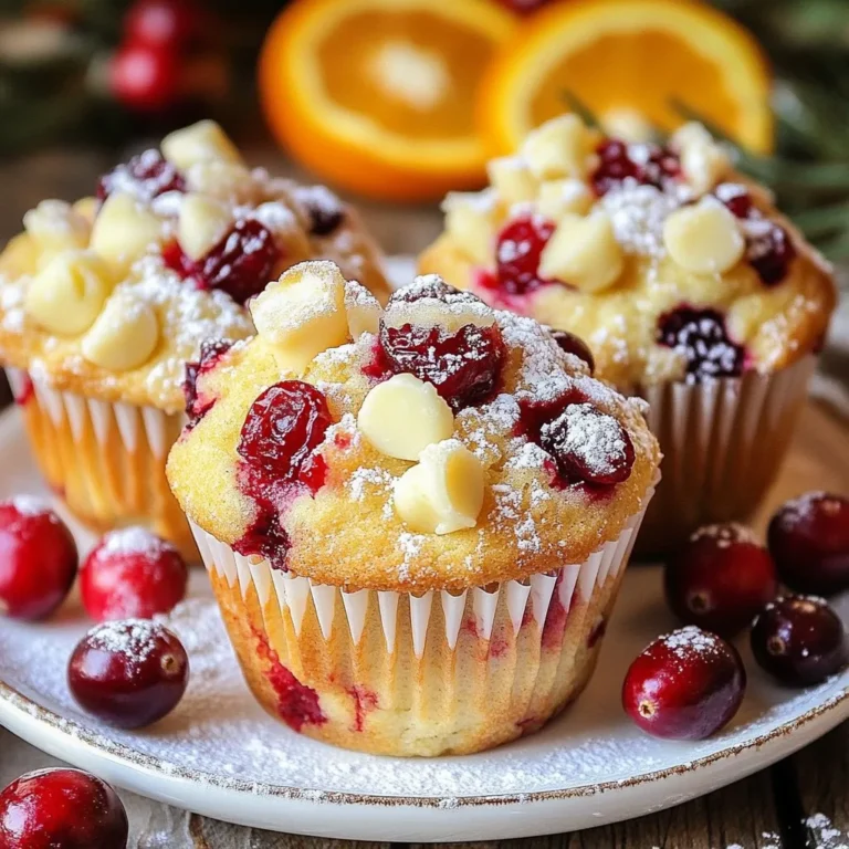 To make delicious Cranberry White Chocolate Muffins, gather the following ingredients: - 1 ½ cups all-purpose flour - 1 cup fresh or frozen cranberries, coarsely chopped - ½ cup white chocolate chips - ½ cup granulated sugar - ½ cup brown sugar, packed tightly - 1 teaspoon baking powder - ½ teaspoon baking soda - ½ teaspoon salt - 1 large egg, at room temperature - 1 cup buttermilk, at room temperature - ½ cup vegetable oil - 1 teaspoon pure vanilla extract - Zest of 1 orange (optional) For a fun twist, consider adding these optional ingredients: - Zest of 1 orange: This adds a bright, fresh flavor that pairs well with cranberries and chocolate. - Nuts: Chopped walnuts or pecans can add crunch and richness. - Dried fruit: Dried cherries or apricots can enhance the sweetness and texture. If you need substitutes, here are some easy options: - All-purpose flour: Use whole wheat flour for a healthier muffin. - Buttermilk: Mix 1 cup of milk with 1 tablespoon of lemon juice or vinegar. Let it sit for 5 minutes to sour. - Vegetable oil: Melted coconut oil or unsalted butter work well in place of vegetable oil. - White chocolate chips: You can replace them with dark chocolate chips for a richer taste. These options help keep the muffins tasty while catering to different diets or preferences. {{ingredient_image_2}} First, preheat your oven to 375°F (190°C). This step is key for even baking. Next, grab your muffin tin. Line it with paper liners or spray it lightly with non-stick spray. This will stop the muffins from sticking. In a large bowl, whisk together the dry ingredients. Combine 1 ½ cups of all-purpose flour, ½ cup of granulated sugar, ½ cup of packed brown sugar, 1 teaspoon of baking powder, ½ teaspoon of baking soda, and ½ teaspoon of salt. Mix them well. Make sure there are no lumps in the flour. In a separate bowl, crack 1 large egg. Beat it lightly. Then, add 1 cup of buttermilk, ½ cup of vegetable oil, 1 teaspoon of pure vanilla extract, and optional zest of 1 orange for a bright flavor. Whisk these wet ingredients until they blend smoothly. Pour the wet mixture into the bowl with the dry ingredients. Using a spatula, gently fold them together. Mix until just combined. It's okay if your batter has some lumps. Overmixing can make the muffins tough. Now, carefully fold in 1 cup of chopped cranberries and ½ cup of white chocolate chips. Make sure they are evenly mixed throughout the batter. This step ensures each muffin has a burst of flavor. Scoop the batter into the prepared muffin tin. Fill each cup about two-thirds full. This gives them space to rise while baking. Place the muffin tin in the oven and bake for 18-22 minutes. To check if they are done, insert a toothpick into the center of a muffin. It should come out clean or with a few moist crumbs. Once baked, take the muffins out of the oven. Let them cool in the tin for 5 minutes. After that, transfer them to a wire rack to cool completely. To serve, place the muffins on a nice platter. Dust them with powdered sugar for a sweet touch. You can also add fresh cranberries and orange slices around them for a lovely display. When making muffins, you want to mix just enough. Overmixing can lead to tough muffins. Here’s how to avoid it: - Mix dry and wet ingredients separately first. This helps you see when they combine. - Pour the wet mix into the dry mix. - Use a spatula to gently fold them together. - Stop mixing when you see a few lumps. This is okay! Baking muffins evenly is key for great results. Here are my tips: - Preheat your oven to 375°F (190°C) before baking. This ensures even cooking. - Fill muffin cups about two-thirds full. This allows space for rising. - Rotate the muffin tin halfway through baking. This helps them bake evenly. - Check for doneness with a toothpick. It should come out clean or with a few crumbs. Orange zest adds a bright twist to your muffins. Here’s how to use it: - Use a microplane to zest the orange. This gives you fine bits. - Mix the zest into the wet ingredients. This helps the flavor spread. - Start with one teaspoon of zest. You can always add more if you like. - The zest pairs well with cranberries, making your muffins extra tasty! Pro Tips Use Room Temperature Ingredients: Ensure your egg and buttermilk are at room temperature before mixing. This helps to create a smoother batter and improves the rise of your muffins. Don't Overmix the Batter: Mix the wet and dry ingredients until just combined. Overmixing can lead to dense muffins rather than light and fluffy ones. Check for Doneness Early: Start checking your muffins a couple of minutes before the suggested baking time. Ovens can vary, and you want to avoid overbaking for the best texture. Store Properly: To keep your muffins fresh, store them in an airtight container at room temperature for up to 3 days or freeze them for longer storage. Just reheat to enjoy! {{image_4}} You can make these muffins even better! Adding nuts is a great choice. Chopped walnuts or pecans add crunch and flavor. You could also mix in dried fruits like apricots or cherries. They pair well with cranberries and white chocolate. Each bite will burst with new flavors. If you want a healthier muffin, swap all-purpose flour for whole wheat flour. This adds fiber and nutrients. You can also try using honey or maple syrup instead of sugar. These natural sweeteners can give a unique taste. Another option is to use unsweetened applesauce for moisture without extra sugar. You can change these muffins with the seasons. In fall, try adding pumpkin puree. It gives a warm, cozy flavor. For winter, consider spices like cinnamon or nutmeg. They add warmth and comfort. In spring or summer, you might add fresh berries like blueberries or raspberries. They bring a burst of freshness to every bite. To keep your cranberry white chocolate muffins fresh, store them in an airtight container. You can place wax paper between the muffins to prevent sticking. Keep the container at room temperature for up to two days. If you want to keep them longer, consider freezing them. If you have extra muffins, freezing is a great option. Wrap each muffin tightly in plastic wrap. Then, place them in a freezer bag or airtight container. Label the bag with the date. Frozen muffins can last up to three months. When you're ready to enjoy them, just take out what you need. Reheating your muffins keeps them soft and tasty. For best results, use the oven. Preheat it to 350°F (175°C). Place the muffins on a baking sheet for about 10 minutes. If you're in a hurry, you can use the microwave. Heat each muffin for about 15-20 seconds. Enjoy them warm for the best flavor! Yes, you can use frozen cranberries. Just chop them coarsely and fold them into the batter. Frozen cranberries work well in muffins and keep their shape during baking. They may add a little extra moisture, but that can make your muffins even more delicious. These muffins stay fresh for about three days at room temperature. Store them in an airtight container to keep them moist. If you want to keep them longer, freeze them. They can last up to three months in the freezer. Just thaw them at room temperature when you are ready to enjoy. If you don't have buttermilk, you can make a substitute. Mix one cup of milk with one tablespoon of vinegar or lemon juice. Let it sit for about five minutes. This will give you a similar tangy flavor and acidity that buttermilk provides. Absolutely! You can make these muffins a day or two in advance. Just store them in an airtight container after they cool. For longer storage, freeze them. You can bake them fresh or heat them up directly from the freezer. They will still taste great! We covered all the key steps for making delicious muffins. You learned about ingredients, measurements, and great add-ins for flavor. You now know how to prep, mix, and bake perfectly moist muffins. Plus, tips on storing and reheating are essential for enjoying them later. Experiment with different ingredients to find your favorite version. Enjoy your muffin journey, and happy baking!
