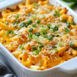 To make Buffalo Ranch Chicken Casserole, you need the following main ingredients: - 2 cups cooked chicken, shredded - 1 cup Buffalo sauce - 1 cup ranch dressing - 2 cups cooked pasta (penne or rotini for best texture) - 1 cup shredded sharp cheddar cheese - 1 cup shredded mozzarella cheese - 1/2 cup green onions, chopped - 1/2 cup celery, diced - 1 teaspoon garlic powder - Salt and pepper to taste - 1 tablespoon olive oil - 1/2 cup breadcrumbs These ingredients work together to create a flavorful and creamy dish. You can customize your casserole by adding optional ingredients: - Diced bell peppers for extra crunch - Cooked bacon for a smoky flavor - Jalapeños for added heat - Fresh herbs like parsley or cilantro for garnish These options let you make the dish your own. If you don't have some ingredients, here are some swaps: - Use Greek yogurt instead of ranch dressing for a lighter version. - Swap chicken for turkey or cooked tofu for a different protein. - Use any pasta shape you have on hand, like rotini or fusilli. - Replace sharp cheddar with Monterey Jack or pepper jack cheese for a twist. These substitutions maintain the spirit of the dish while catering to your pantry. {{ingredient_image_2}} Start by preheating your oven to 350°F (175°C). This step is key for a well-cooked casserole. While the oven warms up, gather all your ingredients. You need cooked chicken, Buffalo sauce, ranch dressing, and cooked pasta. Don't forget the cheese, green onions, and celery. Having everything ready makes the process smooth and fun. In a large bowl, combine your shredded chicken, Buffalo sauce, ranch dressing, and cooked pasta. I like to sprinkle in garlic powder for extra flavor. Next, fold in the chopped green onions, diced celery, and half of the shredded cheddar and mozzarella cheeses. Mix it all well to coat every piece in the tasty sauces. In another bowl, mix the breadcrumbs with the remaining cheddar and mozzarella. Drizzle olive oil over this mix. Toss it lightly so the breadcrumbs get a nice coating of oil. This will help make the topping crispy and golden when baked. Now, grease a 9x13-inch casserole dish. Spoon the chicken and pasta mixture into the dish, spreading it evenly. This helps the casserole cook well. Then, sprinkle the breadcrumb and cheese mix on top. Make sure every part of the casserole is covered. Bake it in the oven for 25-30 minutes until the top is golden brown and the casserole is hot throughout. After baking, let the casserole cool for about 5 minutes. This cooling time helps it set. When serving, get creative! You can garnish with more chopped green onions and drizzle ranch dressing on top for extra flavor. Enjoy this warm dish right from the casserole dish for a cozy meal! Cook pasta until al dente. This means it should have a slight bite. Overcooking makes it mushy in the casserole. Use penne or rotini for the best texture. They hold sauce well. Make sure to salt the water before boiling. This adds flavor to the pasta itself. To get a crispy top, mix breadcrumbs with cheese. Use sharp cheddar and mozzarella for great flavor. Drizzle olive oil over the mixture to help it brown. Toss it lightly to coat all the crumbs. Spread this mixture evenly over the casserole before baking. This creates a nice, golden crust. Garnish your casserole with extra green onions. This adds color and freshness. Drizzle ranch dressing over the top for extra taste. For a rustic look, serve it right from the dish. This makes it feel homey and inviting. Enjoy your meal with family and friends! Pro Tips Use Rotini or Penne Pasta: These shapes hold onto the sauce better, ensuring each bite is full of flavor. Mix in Extra Veggies: Add bell peppers or spinach for added nutrition and color in your casserole. Let it Rest: Allow the casserole to cool for a few minutes after baking so it sets up nicely for easier serving. Customize Your Heat: Adjust the Buffalo sauce to your preferred spice level, or mix in some honey for a sweet and spicy twist. {{image_4}} To make this dish spicier, you can add jalapeños or crushed red pepper flakes. For a smoky kick, try chipotle powder. You could also mix in a bit of extra Buffalo sauce. Adjust the amount to fit your taste. Remember, a little heat can go a long way! If you want a vegetarian version, swap the chicken for cooked lentils or chickpeas. Use veggie broth in place of the chicken. You can add extra veggies like bell peppers or zucchini. This way, you keep the flavor but make it plant-based. Cheese adds creaminess and flavor to this casserole. You can use pepper jack for a spicy twist. Gouda or Monterey Jack can also work well to change it up. If you're feeling adventurous, try a mix of your favorites for a cheesy delight! To store leftovers, first let the casserole cool. Once cooled, cover it tightly with plastic wrap or aluminum foil. You can also use an airtight container. This keeps the casserole fresh and tasty. Store it in the fridge for up to four days. When you are ready to eat the leftovers, preheat your oven to 350°F (175°C). Place the casserole in an oven-safe dish. Cover it with foil to keep it from drying out. Heat for about 20 minutes or until it’s warm all the way through. You can also use a microwave. Just heat in short bursts, stirring in between to make sure it warms evenly. If you want to freeze the casserole, it’s best to do this before baking. Prepare the casserole as normal, but don’t bake it. Instead, cover it tightly with foil or plastic wrap. Place it in a freezer-safe container. It can last in the freezer for up to three months. When you’re ready to bake it, thaw it in the fridge overnight and then bake as directed. This keeps all the flavors intact. No, you should not use raw chicken. This recipe calls for cooked chicken. Using raw chicken can make the dish unsafe. If you want to use raw chicken, you must cook it first. You can add more Buffalo sauce to the mixture. For extra heat, try adding diced jalapeños or a dash of cayenne pepper. Adjust the spice level to your taste, and enjoy the kick! This casserole pairs well with a fresh side salad. You can also serve it with garlic bread or steamed veggies. A cooling dip like ranch or blue cheese works great too! Buffalo Ranch Chicken Casserole lasts about 3 to 4 days in the fridge. Make sure to store it in an airtight container. Always check for any signs of spoilage before eating. Yes, you can use different types of pasta. Penne and rotini work best, but you can try shells or farfalle. Just ensure the pasta is cooked al dente for the best texture in the casserole. You learned about making a tasty Buffalo Ranch Chicken Casserole. We covered key ingredients, preparation steps, and useful tips. You now know how to customize the dish and store it for later. Try out the simple methods I shared for delicious results. Enjoy experimenting with flavors, toppings, and types of pasta. Cooking can be fun and easy!
