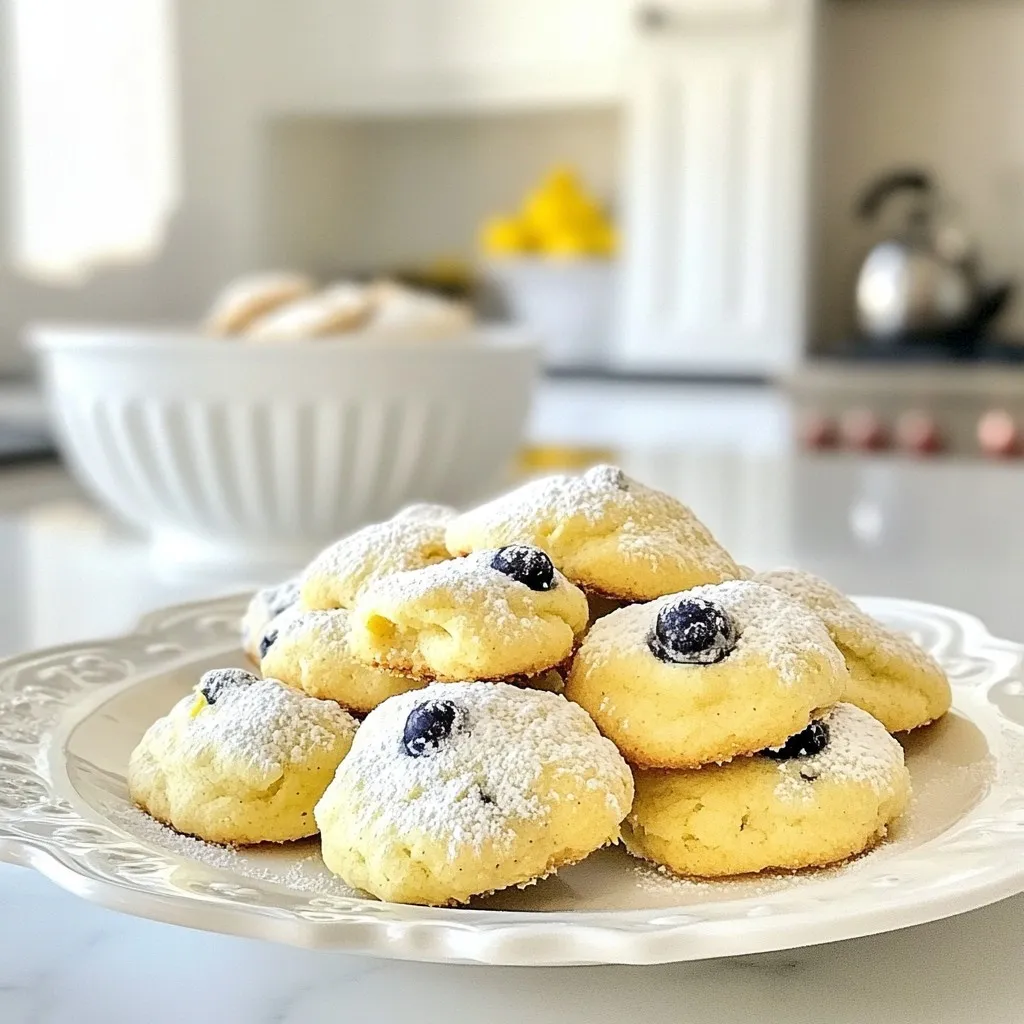 - 1 cup ricotta cheese - 1/2 cup unsalted butter, softened - 1 cup granulated sugar - 1 cup fresh blueberries, rinsed and patted dry I love using ricotta cheese in cookies. It adds a creamy texture and richness. The unsalted butter gives a nice flavor without being too salty. Granulated sugar helps the cookies rise and adds sweetness. Fresh blueberries burst with flavor in every bite. - 2 cups all-purpose flour - 1 teaspoon baking powder - 1/2 teaspoon baking soda - 1/4 teaspoon fine sea salt All-purpose flour forms the base of the cookies. Baking powder and baking soda help them rise. A pinch of sea salt balances the sweetness and enhances flavor. - Zest of 1 large lemon - 2 tablespoons freshly squeezed lemon juice - 1 teaspoon pure vanilla extract - Optional: powdered sugar for dusting Lemon zest adds a bright taste that pairs well with blueberries. Fresh lemon juice brings a tangy kick. Pure vanilla extract gives a warm flavor. If you want extra sweetness, dust with powdered sugar before serving. {{ingredient_image_2}} 1. Preheat the oven and prepare baking sheets: Start by heating your oven to 350°F (175°C). Line your baking sheet with parchment paper. This helps the cookies not stick. 2. Creaming butter and sugar: In a large bowl, mix the softened butter and granulated sugar. Use a hand mixer or stand mixer on medium speed. Beat for about 3-4 minutes until it looks light and fluffy. 3. Adding ricotta, egg, lemon zest, and vanilla: Now add the ricotta cheese, large egg, lemon zest, lemon juice, and vanilla extract. Mix this on low speed. You want a smooth batter with everything blended well. 1. Sifting and combining dry ingredients: In a different bowl, sift together all-purpose flour, baking powder, baking soda, and sea salt. This helps to mix them evenly and removes lumps. 2. Incorporating dry with wet ingredients: Gradually add the dry mix into the wet mix. Use a spatula to fold them together gently. Be careful not to overmix. You want to keep it light and airy. 3. Folding in blueberries: Carefully fold in fresh blueberries. Use a spatula and mix gently. This ensures the berries stay whole and do not get crushed. 1. Dropping dough onto the baking sheet: Use a tablespoon or cookie scoop to drop rounded mounds of dough onto the prepared sheet. Space them about 2 inches apart. 2. Baking time and visual cues: Place the baking sheet in the oven. Bake for 12-15 minutes. The cookies should be lightly golden around the edges and spring back a little when touched. 3. Cooling instructions: After baking, take the cookies out and let them cool on the sheet for about 5 minutes. This helps them firm up. Then, move them to a wire rack to cool completely. To make the best Lemon Blueberry Ricotta Cookies, you need the right batter. Aim for a thick but smooth mixture. Use a hand mixer to blend the butter and sugar until fluffy. This helps the cookies rise well. Avoid overmixing the batter. When adding the dry ingredients, fold them in gently. Too much mixing can make the cookies tough. Keep the batter light and airy for a soft texture. For a fluffy cookie, use room temperature ingredients. This step helps all the components mix well. Ricotta cheese adds moisture, making the cookies tender. To boost the flavor, try adding a splash of almond extract. It pairs well with lemon and blueberries. You can also mix in lemon zest for extra zing. Always use high-quality ingredients. Fresh blueberries are key to great taste. They burst with flavor in every bite. Avoid frozen blueberries if you can; they can make the dough soggy. To make your cookies look beautiful, dust them with powdered sugar. This adds sweetness and a nice finish. Serve them on a colorful plate. Add fresh blueberries and a sprinkle of lemon zest for a pop of color. Arranging the cookies nicely makes an inviting treat. Enjoy! Pro Tips Use Room Temperature Ingredients: Ensure that your butter and egg are at room temperature for a smoother batter and better incorporation of ingredients. Don’t Overmix: Gently fold the dry ingredients into the wet mixture to keep the cookies light and airy. Overmixing can lead to dense cookies. Fresh Blueberries: Use fresh blueberries for the best flavor and texture. If using frozen, make sure they are thawed and patted dry to prevent excess moisture. Optional Variations: Experiment by adding a pinch of cinnamon or a splash of almond extract for a unique twist on the classic flavor profile. {{image_4}} For those who need dairy-free options, you can swap ricotta with tofu or cashew cream. Both options create a similar creamy texture. If you prefer gluten-free cookies, use almond flour or a gluten-free flour blend. For a healthier touch, consider coconut sugar or a sugar substitute like stevia. These swaps keep the flavor intact while meeting dietary needs. You can switch up the fruit in these cookies. Try raspberries or strawberries for a new taste. Adding spices, like cinnamon or nutmeg, gives a warm twist. You can also play with different citrus. Lime or orange zest can add a fresh zing to the cookies. If you want to mix things up, try making lemon blueberry bars instead of cookies. Simply spread the dough in a pan and bake it. For a fun twist, make mini cookies. They’re cute and perfect for sharing. You can also create sandwich cookies by adding frosting between two cookies. This makes for a delightful treat! Store your lemon blueberry ricotta cookies at room temperature. Keep them in a cool, dry place. Use airtight containers to keep them fresh. This will help prevent them from drying out. You can freeze these cookies both before and after baking. To freeze before baking, scoop the dough onto a baking sheet. Place it in the freezer until firm, then transfer to a bag. For freezing after baking, let the cookies cool completely. Then, wrap them tightly and place them in a freezer bag. When you want to enjoy your cookies, thaw them at room temperature. This will help keep their soft texture. You can also warm them in the oven for a few minutes for that fresh-baked feel. These cookies last about 5 days at room temperature. Keep an eye out for signs of spoilage. If they smell off or have a hard texture, it’s best to toss them. Enjoy your cookies while they're fresh! Yes, you can use frozen blueberries. However, they may change the texture. Frozen blueberries have more moisture than fresh ones. This can make the cookies wetter. If you use frozen berries, do not thaw them. Add them straight to the dough. This helps keep the dough from becoming too runny. To make your cookies more lemony, use more lemon zest. You can also add more lemon juice. Start with an extra teaspoon of zest and juice. Mix well to taste. If you want a stronger flavor, add even more until it suits you. Just remember, too much liquid can change the dough. If your dough is too sticky, add more flour. Start with a tablespoon at a time. Mix it in gently until the dough feels right. You can also chill the dough for 30 minutes. This will help it firm up and be easier to scoop. Yes, you can make these cookies ahead of time. Prepare the dough and scoop it onto the baking sheet. Then, cover it with plastic wrap. You can freeze the dough for up to three months. When ready to bake, just thaw it in the fridge overnight. Then, bake as usual. In this blog post, we explored delicious lemon blueberry cookies, focusing on key ingredients like ricotta and fresh blueberries. We detailed step-by-step instructions for making the dough, mixing, baking, and cooling. Tips on perfecting texture and flavor added extra insights. We also shared variations for dietary needs and unique tastes, plus storage advice to keep cookies fresh. Enjoy baking these treats and feel free to experiment. Your cookies will be a hit, whether for yourself or sharing with friends. Happy baking!
