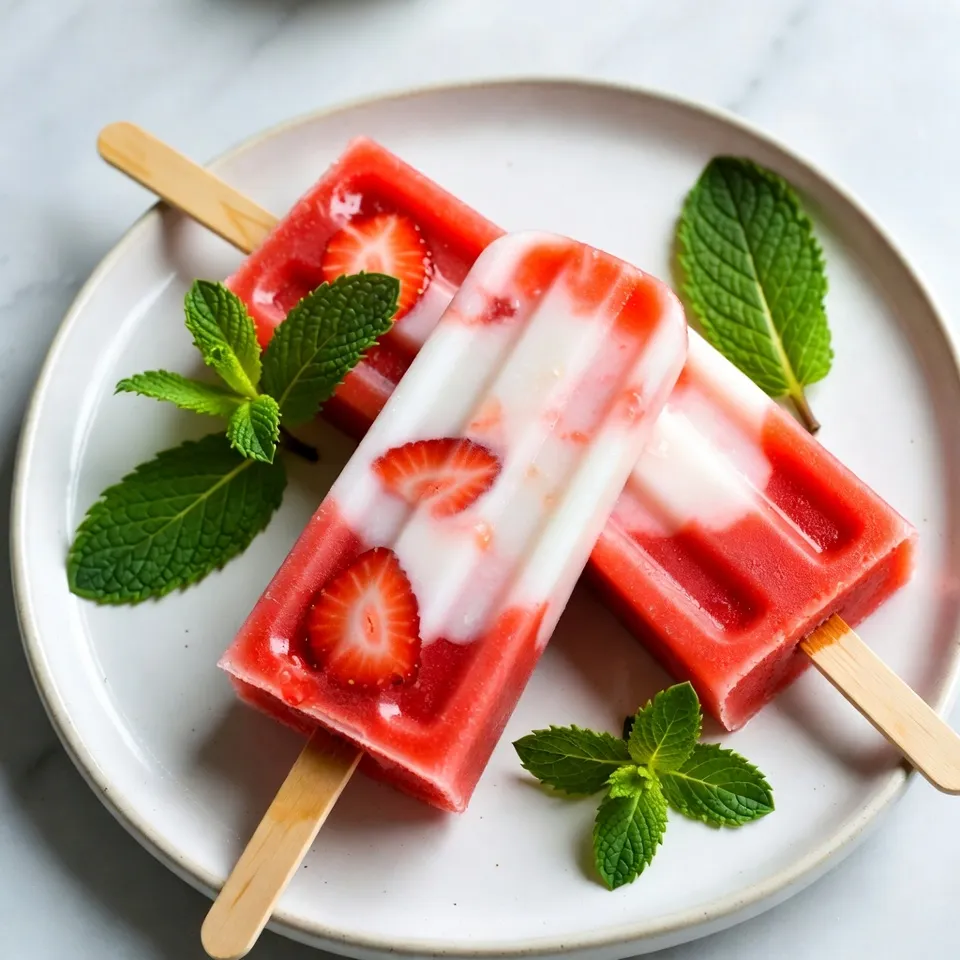 - 2 cups fresh strawberries, hulled and sliced - 1 can (13.5 oz) full-fat coconut milk - 3 tablespoons honey or maple syrup - 1 teaspoon pure vanilla extract - A pinch of sea salt To make these popsicles, start with fresh strawberries. They add a sweet and tart flavor. Full-fat coconut milk gives a rich and creamy texture. Sweeteners like honey or maple syrup balance the tartness. Vanilla extract adds a warm note, while sea salt enhances all the flavors. - 1 cup shredded coconut - Fresh mint leaves for garnish You can add shredded coconut for extra texture. It gives a nice crunch. Fresh mint leaves make a bright and refreshing garnish. They add a pop of color and flavor to your presentation. One popsicle contains about 130 calories. Here’s a simple breakdown of macronutrients per popsicle: - Fat: 6 grams - Carbohydrates: 17 grams - Protein: 1 gram These popsicles are a fun treat. They combine healthy ingredients, making them a guilt-free dessert option. Enjoy them on a hot day or serve them at parties! {{ingredient_image_2}} - First, gather your ingredients. You need fresh strawberries, coconut milk, and sweeteners like honey or maple syrup. Don't forget the vanilla extract and a pinch of sea salt! - Next, hull and slice the strawberries. This makes them easier to blend. - Now, place the sliced strawberries, coconut milk, sweetener, vanilla extract, and sea salt in a blender. - Blend the mixture on high until it is smooth and creamy. Taste it! If you want it sweeter, add more honey or maple syrup. - For added texture, gently fold in shredded coconut using a spatula. - Carefully pour your blended strawberry-coconut mixture into popsicle molds. Fill each mold about three-quarters full. This allows space for expansion as they freeze. - Insert the popsicle sticks into the center of each mold. Make sure they stand upright. - Place the molds in the freezer. Let them freeze for at least six hours, or until they are completely solid. - To remove the popsicles, run warm water over the outside of the molds for a few seconds. This warms the mold and helps loosen the popsicles. - Gently pull on the sticks to free the popsicles. They should come out easily! - Serve the popsicles right away. You can arrange them on a rustic wooden board or place them upright in tall glasses. Garnish with fresh mint leaves for a pop of color and freshness. Enjoy the delightful strawberry and coconut flavors! You can easily adjust the sweetness of your popsicles. Start with three tablespoons of honey or maple syrup. Blend the mixture, then taste it. If you want it sweeter, add more sweetener little by little until it’s just right. Feel free to add other fruits or flavors too. Try bananas, mangoes, or even blueberries. Each fruit brings its unique taste. Mixing flavors can lead to delicious surprises! A high-speed blender is key for smooth popsicles. I recommend brands like Vitamix or Ninja. They blend fruits and coconut milk into a creamy mix in no time. Choosing the right popsicle molds is vital too. Silicone molds make it easy to pop out your treats. Look for molds that hold about 3 ounces. This size is perfect for a refreshing snack. These popsicles shine on their own, but pairing them with other desserts can be fun. Serve them with a scoop of vanilla ice cream for a cool twist. You can also add them to a fruit salad for extra flair. If you’re hosting a summer party, set up a popsicle bar. Provide toppings like chocolate chips, shredded coconut, or fresh fruits. Guests will love customizing their treats for a fun, interactive experience! Pro Tips Choose Ripe Strawberries: Select fully ripe strawberries for the best flavor and sweetness in your popsicles. Look for bright red berries with a sweet aroma. Experiment with Sweeteners: Feel free to adjust the sweetness of your popsicles using different sweeteners like agave nectar or stevia, depending on your dietary preferences. Add Other Fruits: Mix in other fruits such as bananas or mangoes for a unique twist on flavor and added nutrition in your popsicles. Storage Tips: For best results, store your popsicles in an airtight container in the freezer to prevent freezer burn and maintain their delicious flavor. {{image_4}} You can change the fruit for fun new flavors. Try using ripe peaches for a sweet twist. Mangoes bring a tropical vibe that blends well with coconut. Blueberries add a burst of color and a tangy taste. You can even mix fruits for a layered look. For example, use strawberries and bananas together. Each fruit brings its own unique flavor profile to your popsicles. For a dairy-free option, stick with coconut milk as your base. It gives creaminess without any dairy. If you want a vegan treat, use maple syrup instead of honey. For those watching sugar intake, consider using a sugar substitute like stevia. You can adjust the sweetness to fit your dietary needs. These swaps let everyone enjoy the popsicles. Mixing flavors can lead to delightful surprises. Coconut and mango create a tropical paradise in every bite. The sweetness of mango pairs perfectly with creamy coconut. Strawberry and banana make a classic combo that kids love. The natural sweetness of bananas enhances the strawberries. These combinations keep your popsicles exciting and delicious. To keep your popsicles fresh, follow these steps: - Use high-quality popsicle molds for the best shape. - Leave some space at the top of each mold. This allows for expansion as they freeze. - Cover the molds with plastic wrap for extra protection against ice crystals. - Freeze them flat if possible, to avoid spills. These strawberry coconut popsicles can last up to two months in the freezer. Make sure they are sealed well. If you see frost on them, it’s best to toss them out. When you want to enjoy a popsicle, here are safe ways to defrost them: - Run warm water over the outside of the mold for a few seconds. - Let them sit at room temperature for about five minutes. - Never use a microwave, as it can change the texture. Enjoy these tips to make the most of your strawberry coconut popsicles! Strawberry Coconut Popsicles are sweet, fruity treats made from fresh strawberries and coconut milk. They blend the tartness of strawberries with the creamy richness of coconut for a refreshing snack. You can enjoy these popsicles on hot days, and they are perfect for kids and adults alike. Yes, you can use frozen strawberries. They work well when fresh ones are not available. Frozen strawberries create a thick and creamy popsicle. Just keep in mind that they may change the flavor slightly, and you might need to adjust the sweetness. To make these popsicles healthier, consider these swaps: - Use less honey or maple syrup to cut down on sugar. - Swap full-fat coconut milk for light coconut milk for fewer calories. - Add more fresh fruit like bananas or mango for natural sweetness. These changes will make your popsicles nutritious while keeping them delicious. If you lack popsicle molds, try these methods: - Use small cups or yogurt containers instead. - Insert wooden sticks or spoons into the cups. - Freeze the mixture in ice cube trays. Then blend them again for a slushy treat. These options work well to create fun popsicles without molds. You learned how to make Strawberry Coconut Popsicles. We covered the key ingredients, like fresh strawberries and coconut milk, that create a tasty treat. The step-by-step guide allowed you to blend, mold, and freeze your popsicles easily. We also shared tips for customizing flavors and serving suggestions. Remember, you can swap fruits and adjust sweetness to fit your taste. With these skills, you can enjoy fresh popsicles at home. Try different variations and watch your summer treats thrive!