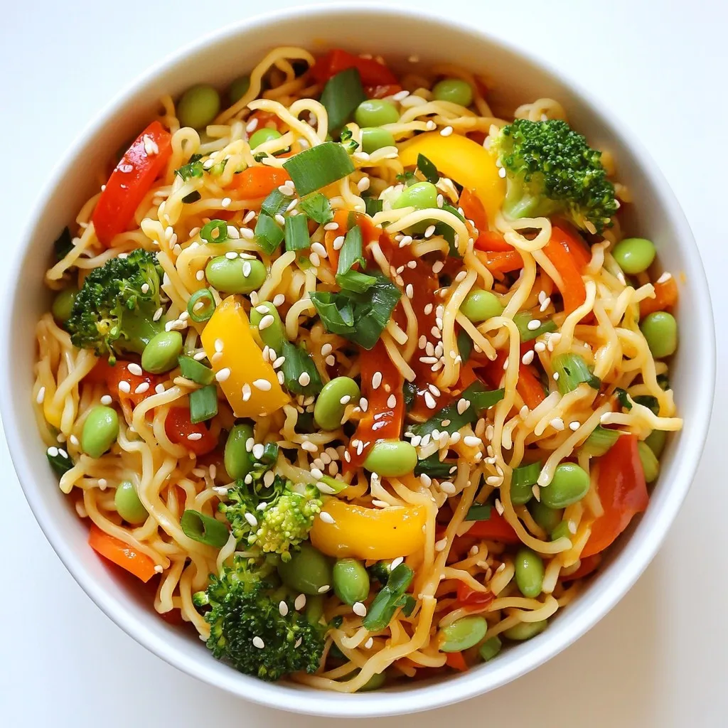 Here’s what you need for a tasty Spicy Sriracha Noodle Bowl: - 8 oz rice noodles - 1 tablespoon sesame oil (divided) - 2 cloves garlic, finely minced - 1 inch fresh ginger, grated - 1 cup bell peppers, thinly sliced (mix red, yellow, and green) - 1 cup broccoli florets - 1 cup carrots, shredded - ½ cup edamame, shelled - 2 green onions, chopped (green and white parts separated) - 3 tablespoons Sriracha sauce (adjust to your spice preference) - 2 tablespoons soy sauce - 1 tablespoon sesame seeds - Fresh cilantro, for garnish These ingredients make the dish bold and colorful. Each item adds unique flavors and textures. The rice noodles serve as a soft base, while the veggies bring crunch and freshness. If you can’t find some items, here are some easy swaps: - Rice noodles: Use any thin noodles like vermicelli or egg noodles. - Sesame oil: Olive oil or peanut oil works well too. - Bell peppers: Try zucchini or snap peas for a different taste. - Edamame: Substitute with green peas or cooked chickpeas. - Sriracha sauce: Hot sauce or chili paste can replace it if needed. These substitutes keep the dish flavorful and enjoyable. Don’t be afraid to mix and match based on what you have! When picking ingredients, look for fresh and vibrant options. This helps your dish taste its best. Here are some tips: - Rice noodles: Choose brands with few additives for better quality. - Veggies: Visit local farmers' markets for the freshest produce. - Sriracha sauce: Opt for brands with natural ingredients for a cleaner flavor. Sourcing good ingredients makes a big difference in taste. It supports local farmers and gives you the best cooking experience. {{ingredient_image_2}} To cook the rice noodles, start with a large pot of water. Bring the water to a boil. Carefully add the 8 oz of rice noodles. Cook them for 5-7 minutes until they are soft but still chewy. Drain the noodles and toss them in a bit of sesame oil. This keeps them from sticking together. Set them aside while you prepare the rest of the dish. Next, grab a large skillet or wok. Heat one tablespoon of sesame oil over medium heat. Add 2 cloves of minced garlic and 1 inch of grated ginger. Sauté these for about 30 seconds. You want them to smell good but not burn. Then, add a colorful mix of veggies: 1 cup of sliced bell peppers, 1 cup of broccoli florets, 1 cup of shredded carrots, and ½ cup of shelled edamame. Cook the veggies for 5-7 minutes. Stir them gently until they are tender but still crisp. Now it's time to mix everything together. Gently fold the cooked rice noodles into the pan with the veggies. Pour in 3 tablespoons of Sriracha sauce and 2 tablespoons of soy sauce. Mix everything well for 2-3 minutes. You want all the noodles to soak up the flavors. Finally, remove the pan from heat. Serve your noodle bowl hot. Garnish with chopped green onions, sesame seeds, and fresh cilantro for a burst of flavor and color. Enjoy your bold and flavorful dish! You control the heat in your Spicy Sriracha Noodle Bowl. Start with less Sriracha. Use one tablespoon instead of three. Taste the dish after mixing in the sauce. If you want more heat, add more Sriracha gradually. You can also add crushed red pepper for an extra kick. Cooking rice noodles is simple. Use a large pot of boiling water. Follow the package directions closely. Cook them for 5-7 minutes until tender. Drain and rinse them under cold water. Toss with a bit of sesame oil to keep them from sticking. This method helps you get the best texture. Presentation matters! Use a wide bowl to show off those colorful noodles. Garnish with green onions, sesame seeds, and fresh cilantro. Arrange them neatly on top for a pop of color. Serve with lime wedges on the side for a zesty touch. This makes your dish look as good as it tastes! Pro Tips Adjust the Spice Level: Feel free to modify the amount of Sriracha based on your heat preference. You can also mix in some sweet chili sauce for a milder flavor. Veggie Variations: Experiment with different vegetables like snap peas, zucchini, or mushrooms to add more variety and nutrition to your noodle bowl. Protein Boost: Add grilled chicken, shrimp, or tofu for a heartier meal. Simply toss them in at the end of cooking to heat through. Make it Ahead: Prepare the components in advance and store them separately in the fridge. Just combine and heat when you’re ready to eat for a quick meal. {{image_4}} You can boost your Spicy Sriracha Noodle Bowl with various proteins. Here are some great choices: - Chicken: Use cooked, shredded chicken for extra flavor. - Tofu: Firm tofu works well. Cube it and sauté until golden. - Shrimp: Add shrimp for a quick-cooking protein. Toss them in the pan until pink. These proteins add texture and nutrition, making your dish more filling. For a vegetarian or vegan version, stick to plant-based ingredients. You can substitute the following: - Replace chicken with tofu or tempeh for protein. - Use vegetable broth instead of any meat-based stock. - Ensure your sauces are vegan-friendly, like using a plant-based soy sauce. This way, you still enjoy bold flavors without animal products. You can switch up the flavors with different sauces. Consider these options: - Sweet Chili Sauce: Adds sweetness along with heat. - Peanut Sauce: If you like a nutty flavor, this works wonders. - Teriyaki Sauce: For a sweet and savory kick, try teriyaki. These alternatives can change the dish entirely, keeping it fresh and exciting. Feel free to mix and match based on your taste! To keep your spicy Sriracha noodle bowl fresh, place leftovers in an airtight container. Store them in the fridge. They should last for 3 to 4 days. Make sure to let the noodles cool before sealing them. This prevents extra moisture that can make them soggy. When you're ready to enjoy the leftovers, reheat them on the stove. Add a splash of water or broth to keep them moist. Heat over medium-low until warmed throughout. Stir occasionally to avoid sticking. You can also use the microwave. Just cover the bowl and heat in short bursts, stirring in between. If you want to save your noodle bowl for later, you can freeze it. Portion it into freezer-safe bags or containers. Try to remove as much air as possible. It will stay good for about 2 to 3 months. When you're ready to eat, thaw it overnight in the fridge before reheating. Yes, you can make this dish ahead of time. Cook the noodles and veggies, then mix them. Store in an airtight container. Keep it in the fridge for up to three days. When ready to eat, reheat in a pan or microwave. This makes meal prep easy! If you want a milder flavor, try sweet chili sauce or a mild hot sauce. For a similar taste, use chili garlic sauce. You can also mix hot sauce with a bit of honey for a sweet heat. Adjust the amount based on your spice level. To make this dish gluten-free, use gluten-free soy sauce or tamari. Make sure the rice noodles are also gluten-free. Many brands offer rice noodles that fit this diet. Check labels to ensure they meet gluten-free standards. Enjoy your spicy bowl! In this blog post, we explored how to make a Spicy Sriracha Noodle Bowl. We covered essential ingredients, cooking steps, and tips for the perfect dish. You can customize it with different proteins and flavors. Storing and reheating leftovers is easy too. Remember, cooking should be fun. Experiment with spice levels and ingredient swaps. This bowl is not just tasty; it fits into your busy life. Enjoy your cooking journey and make it your own!