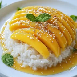 - 1 cup sticky rice (glutinous rice) - 1 ½ cups coconut milk - ½ cup sugar - 2 ripe mangoes, peeled and sliced into thin wedges To make Mango Sticky Rice, start with sticky rice. This rice has a unique texture. It becomes soft and chewy when cooked. Next, you'll need coconut milk. It adds rich creaminess. Sugar sweetens the dish, balancing the flavors. Finally, ripe mangoes give a fresh, fruity taste. - 1 tablespoon sesame seeds or boiled mung beans for garnish - Fresh mint leaves For garnish, you can add sesame seeds or boiled mung beans. They add a nice crunch. Fresh mint leaves give a pop of color and aroma. These make your dessert look even better. - ¼ teaspoon salt Salt is essential here. It enhances the sweetness of the coconut sauce. A little salt goes a long way in improving flavor. {{ingredient_image_2}} To start, rinse the sticky rice under cold water. Keep rinsing until the water runs clear. This step removes excess starch. After rinsing, soak the rice in a bowl of water for at least 4 hours. For the best results, soak it overnight in the fridge. Once the rice has soaked, drain it using a fine mesh strainer. Next, transfer the rice to a steamer lined with cheesecloth or a bamboo steamer basket. Place this over a pot of boiling water. Cover and steam the rice for about 20 to 30 minutes. It should become tender and sticky. While the rice steams, make the coconut sauce. In a medium saucepan, mix coconut milk, sugar, and salt. Heat this on low, stirring often until the sugar dissolves. Set aside about ⅓ cup of the sauce for later drizzling. After the sticky rice is cooked, put it in a large mixing bowl. Pour the remaining coconut sauce over the warm rice. Gently fold the rice and sauce together until they are well mixed. Let it sit for 10 to 15 minutes. This allows the rice to soak up the tasty coconut flavor. To serve, create a mound of sticky rice on each plate. Then, arrange slices of mango next to the rice. Drizzle the reserved coconut sauce over the rice and mango. For added crunch, sprinkle sesame seeds or boiled mung beans on top. To make the best sticky rice, avoid common mistakes. First, don't skip rinsing the rice. Rinsing removes extra starch. This helps the rice stick well but not too much. Next, soaking time is key. Soak your rice for at least 4 hours. Overnight soaking is best. This helps the rice cook evenly and become tender. You can adjust the sweetness of your coconut sauce. If you like it sweeter, add more sugar. If you prefer less sweetness, reduce the sugar amount. You can also add flavors like pandan or vanilla. These flavors make the sauce more unique and tasty. For creative plating, think about how to stack your rice and mango. Create a nice mound of rice. Arrange mango slices next to the rice. Drizzle the coconut sauce over both. For garnishes, sprinkle sesame seeds or mung beans on top. You can also add fresh mint leaves for color and aroma. This will make your dish look even more appealing. Pro Tips Use Fresh Mangoes: Choose ripe, sweet mangoes for the best flavor. Look for mangoes that yield slightly when gently pressed, indicating ripeness. Soak the Rice: Soaking the sticky rice overnight will yield the best texture, making it extra tender and sticky after cooking. Adjust Coconut Sauce Sweetness: Taste the coconut sauce before mixing it with the rice. Feel free to adjust the sugar to your preference for sweetness. Presentation Matters: For an appealing presentation, use a ring mold to shape the sticky rice, then carefully remove it before adding the mango and sauce. {{image_4}} You can easily make mango sticky rice vegan and dairy-free. First, swap regular sugar for coconut sugar or agave syrup. This keeps your dish sweet while staying vegan. Ensure your coconut milk is dairy-free. Many brands offer pure coconut milk, but always check the label. This way, you get the creamy texture without any dairy. Mango is the star of this dish, but you can add other fruits. Try ripe bananas, fresh pineapple, or sweet papaya. These fruits pair well with sticky rice. For seasonal fruit, consider berries in summer or persimmons in fall. Each fruit brings a new twist to your dessert. You can serve mango sticky rice in many ways. For small gatherings, make individual servings. Use small bowls or cups for a fun touch. If you're having a big party, create a sharing platter. Arrange sticky rice and mango beautifully for all to enjoy. You can also add toppings like toasted coconut, nuts, or a drizzle of honey. These extra touches make your dessert even more special. To store leftover mango sticky rice, let it cool first. Place it in a clean, airtight container. This keeps the rice fresh and prevents it from drying out. Use glass or plastic containers for best results. Make sure to eat the leftovers within three days for the best taste. To freeze sticky rice, first cool it completely. Then, portion it into small bags or containers. Remove as much air as possible to prevent freezer burn. When you want to eat it, thaw the rice in the fridge overnight. Reheat it gently in a steamer or microwave but add a splash of coconut milk for moisture. This helps keep the rice soft and sticky. - Sticky rice: Up to one year if kept dry. - Coconut milk: Unopened cans last 2-5 years, but opened should be used within a week. - Sugar: Indefinite if stored in a cool, dry place. - Mangoes: Best eaten within a few days of ripening but can last a week in the fridge. Watch for signs of spoilage like mold, off smells, or changes in color. Always trust your senses! The best rice for Mango Sticky Rice is glutinous rice. This rice is sticky and chewy when cooked. It holds the flavors of the coconut sauce well. Regular rice will not give you the same texture or taste. You can find glutinous rice in Asian grocery stores or online. Yes, you can use canned coconut milk. It is a great choice for this recipe. Canned coconut milk is rich and creamy, giving your dish a nice flavor. Just make sure to choose a brand without added sugars or preservatives. This will keep the taste fresh and natural. Yes, this recipe is gluten-free. The main ingredients like glutinous rice and coconut milk do not contain gluten. Just be sure to check any additional ingredients, like sugar and salt, to ensure they are gluten-free. Most of the time, they are safe to use. You will know the sticky rice is done when it is soft and sticky. After steaming for 20-30 minutes, check it for a slight shine. The rice should not be crunchy or hard. It should clump together when you press it. If it looks and feels like this, it is ready to use. You can serve Mango Sticky Rice warm or cold. Some people enjoy it warm, while others prefer it chilled. If you like it warm, serve it right after making it. If you want to chill it, just let it cool and place it in the fridge for a bit. Either way, it tastes delicious! Mango sticky rice is a delightful blend of flavors, textures, and aromas. We explored its main ingredients, including sticky rice, coconut milk, and ripe mangoes. I shared step-by-step instructions to prepare and serve this treat, along with tips to get everything just right. Remember to experiment with toppings and enjoy the dish fresh or stored properly. This simple dessert offers endless possibilities, so have fun creating your perfect version. Trust me, both your taste buds and guests will thank you!
