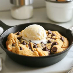 To make this Peanut Butter Chocolate Chip Skillet Cookie, you need these key items: - 1 cup creamy peanut butter - 1/2 cup packed brown sugar - 1/4 cup granulated sugar - 1 large egg - 1 teaspoon pure vanilla extract - 1 teaspoon baking soda - 1/4 teaspoon sea salt - 1 cup semi-sweet or dark chocolate chips For the perfect cookie, follow these amounts exactly: - 1 cup of creamy peanut butter gives a rich base. - 1/2 cup brown sugar adds depth and moisture. - 1/4 cup granulated sugar balances sweetness. - 1 large egg binds the dough together. - 1 teaspoon vanilla extract brings warmth. - 1 teaspoon baking soda helps the cookie rise. - 1/4 teaspoon sea salt enhances flavor. - 1 cup chocolate chips adds gooey goodness. You can make your cookie even better with these extras: - 1/2 cup crushed peanuts adds crunch. - Vanilla ice cream makes a great topping. Feel free to mix in your favorite nuts or even a swirl of caramel for fun! {{ingredient_image_2}} First, preheat your oven to 350°F (175°C). This step is key for even baking. While it warms up, grab a 10-inch cast-iron skillet. Lightly grease it with cooking spray or butter. This helps the cookie not stick. Set the skillet aside while you mix the dough. In a large mixing bowl, add 1 cup of creamy peanut butter. Then, add 1/2 cup of packed brown sugar and 1/4 cup of granulated sugar. Mix these well with a hand mixer or sturdy whisk. You want a smooth blend with no lumps. Next, crack 1 large egg into the mix and pour in 1 teaspoon of pure vanilla extract. Blend until it’s uniform. Now, sprinkle in 1 teaspoon of baking soda and 1/4 teaspoon of sea salt. Gently fold these in with a spatula. Be careful not to overmix, as this can change the cookie's texture. Finally, fold in 1 cup of semi-sweet or dark chocolate chips. If you like crunch, add 1/2 cup of crushed peanuts. Mix until everything is well combined. Spoon the dough into your greased skillet. Use a spatula to spread it evenly across the skillet. Make sure the top is smooth for a nice look. Now, place the skillet in the preheated oven. Bake for 20-25 minutes. The edges should be golden brown, and the center should be soft but set. After baking, take the skillet out of the oven. Let it cool for about 10 minutes. This cooling helps the cookie firm up while keeping its gooey center. Slice it into wedges while still warm. For an extra treat, serve each slice with a scoop of vanilla ice cream. Enjoy every bite! To get the best texture for your skillet cookie, follow these tips. Use creamy peanut butter for a smooth mix. Mix the ingredients until they are well combined but don’t overdo it. Overmixing can make the cookie tough. You want a soft and chewy center with crispy edges. Bake it just until the edges turn golden brown. The center should still feel soft. Let it cool for a bit before slicing to help it set up nicely. Here are some common mistakes to watch for. First, don’t skip preheating your oven. This step is key for even baking. Next, be careful not to use too much flour or sugar. If you add too much, the cookie can turn dry. Also, remember to measure your ingredients correctly. Use dry measuring cups for dry goods and liquid ones for wet ingredients. Lastly, don’t leave the cookie in the oven too long. It should look soft in the middle when you take it out. Want to boost the flavor? Here are some great add-ins. You can mix in crushed peanuts for extra crunch. Try adding a pinch of cinnamon for warmth. For a fun twist, use different chocolate types like dark or white. You can even fold in some toffee bits for a sweet surprise. If you like a little saltiness, sprinkle some sea salt on top before baking. Each of these add-ins can make your skillet cookie even more delicious! Pro Tips Use Room Temperature Ingredients: Allow the peanut butter and egg to come to room temperature before mixing to achieve a smoother batter and better texture. Don’t Overbake: Keep an eye on the baking time; the cookie should be golden brown on the edges while the center remains soft for that perfect gooeyness. Customize Your Mix-Ins: Feel free to swap the chocolate chips for your favorite varieties—white chocolate, milk chocolate, or even butterscotch chips work beautifully! Serve Warm: For an indulgent experience, serve the skillet cookie warm with a scoop of ice cream, allowing it to melt slightly into the cookie for a delicious treat. {{image_4}} You can switch peanut butter for other nut butters. Almond butter gives a nutty twist. Cashew butter adds a creamier texture. Sunflower seed butter is great for nut-free diets. Each nut butter brings its own flavor. Want to mix things up? Add some flavor! A teaspoon of mint extract gives a refreshing taste. For coffee lovers, a teaspoon of espresso powder will enhance the chocolate. You can even add a sprinkle of cinnamon for warmth. To make this cookie gluten-free, use gluten-free flour blends. They work well in this recipe. Just substitute the all-purpose flour with your chosen blend. This way, everyone can enjoy this tasty treat without worry! To keep your peanut butter chocolate chip skillet cookie fresh, let it cool. Once cool, cover it with plastic wrap or foil. You can also place it in an airtight container. This method keeps the cookie soft for up to three days. When you're ready to enjoy the cookie again, preheat your oven to 350°F (175°C). Slice your cookie into wedges. Place the slices on a baking sheet. Heat them in the oven for about 5-10 minutes. This will restore that warm, gooey goodness. To freeze the skillet cookie, let it cool completely. Cut it into portions or leave it whole. Wrap each piece tightly in plastic wrap, then place them in a freezer bag. The cookie can last up to three months in the freezer. To eat, thaw it in the fridge overnight and reheat it for a tasty treat. Yes, you can make this skillet cookie in advance. Prepare the dough and store it in the fridge. Keep it in an airtight container for up to two days. When you are ready to bake, just take it out and let it sit for 15 minutes. Then, spread it in the skillet and bake as normal. This makes it easy to enjoy fresh cookies anytime! Check the cookie after 20 minutes of baking. The edges should look golden brown. The center may still look soft, but it will firm up as it cools. A toothpick inserted in the middle should come out with a few moist crumbs. If it comes out wet, give it a few more minutes. Just be careful not to overbake it! Absolutely! You can swap out the peanut butter for almond or sunflower seed butter. For sugars, coconut sugar works well too. If you need it egg-free, use a flax egg instead—mix one tablespoon of ground flaxseed with three tablespoons of water. These swaps keep the flavor and texture tasty while meeting your needs! This blog post covered the key steps to bake a perfect skillet cookie. We discussed essential ingredients, precise measurements, and tasty optional add-ins. You learned how to prepare your oven and skillet, mix ingredients, and bake your cookie to perfection. Remember to avoid common mistakes and try variations to suit your taste. Store leftovers properly, and you'll enjoy this treat even longer. With this guide, you can bake confidently and share delicious cookie moments with others. Enjoy your baking journey!