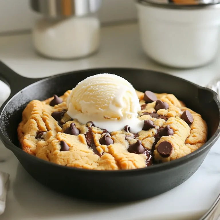 To make this Peanut Butter Chocolate Chip Skillet Cookie, you need these key items: - 1 cup creamy peanut butter - 1/2 cup packed brown sugar - 1/4 cup granulated sugar - 1 large egg - 1 teaspoon pure vanilla extract - 1 teaspoon baking soda - 1/4 teaspoon sea salt - 1 cup semi-sweet or dark chocolate chips For the perfect cookie, follow these amounts exactly: - 1 cup of creamy peanut butter gives a rich base. - 1/2 cup brown sugar adds depth and moisture. - 1/4 cup granulated sugar balances sweetness. - 1 large egg binds the dough together. - 1 teaspoon vanilla extract brings warmth. - 1 teaspoon baking soda helps the cookie rise. - 1/4 teaspoon sea salt enhances flavor. - 1 cup chocolate chips adds gooey goodness. You can make your cookie even better with these extras: - 1/2 cup crushed peanuts adds crunch. - Vanilla ice cream makes a great topping. Feel free to mix in your favorite nuts or even a swirl of caramel for fun! {{ingredient_image_2}} First, preheat your oven to 350°F (175°C). This step is key for even baking. While it warms up, grab a 10-inch cast-iron skillet. Lightly grease it with cooking spray or butter. This helps the cookie not stick. Set the skillet aside while you mix the dough. In a large mixing bowl, add 1 cup of creamy peanut butter. Then, add 1/2 cup of packed brown sugar and 1/4 cup of granulated sugar. Mix these well with a hand mixer or sturdy whisk. You want a smooth blend with no lumps. Next, crack 1 large egg into the mix and pour in 1 teaspoon of pure vanilla extract. Blend until it’s uniform. Now, sprinkle in 1 teaspoon of baking soda and 1/4 teaspoon of sea salt. Gently fold these in with a spatula. Be careful not to overmix, as this can change the cookie's texture. Finally, fold in 1 cup of semi-sweet or dark chocolate chips. If you like crunch, add 1/2 cup of crushed peanuts. Mix until everything is well combined. Spoon the dough into your greased skillet. Use a spatula to spread it evenly across the skillet. Make sure the top is smooth for a nice look. Now, place the skillet in the preheated oven. Bake for 20-25 minutes. The edges should be golden brown, and the center should be soft but set. After baking, take the skillet out of the oven. Let it cool for about 10 minutes. This cooling helps the cookie firm up while keeping its gooey center. Slice it into wedges while still warm. For an extra treat, serve each slice with a scoop of vanilla ice cream. Enjoy every bite! To get the best texture for your skillet cookie, follow these tips. Use creamy peanut butter for a smooth mix. Mix the ingredients until they are well combined but don’t overdo it. Overmixing can make the cookie tough. You want a soft and chewy center with crispy edges. Bake it just until the edges turn golden brown. The center should still feel soft. Let it cool for a bit before slicing to help it set up nicely. Here are some common mistakes to watch for. First, don’t skip preheating your oven. This step is key for even baking. Next, be careful not to use too much flour or sugar. If you add too much, the cookie can turn dry. Also, remember to measure your ingredients correctly. Use dry measuring cups for dry goods and liquid ones for wet ingredients. Lastly, don’t leave the cookie in the oven too long. It should look soft in the middle when you take it out. Want to boost the flavor? Here are some great add-ins. You can mix in crushed peanuts for extra crunch. Try adding a pinch of cinnamon for warmth. For a fun twist, use different chocolate types like dark or white. You can even fold in some toffee bits for a sweet surprise. If you like a little saltiness, sprinkle some sea salt on top before baking. Each of these add-ins can make your skillet cookie even more delicious! Pro Tips Use Room Temperature Ingredients: Allow the peanut butter and egg to come to room temperature before mixing to achieve a smoother batter and better texture. Don’t Overbake: Keep an eye on the baking time; the cookie should be golden brown on the edges while the center remains soft for that perfect gooeyness. Customize Your Mix-Ins: Feel free to swap the chocolate chips for your favorite varieties—white chocolate, milk chocolate, or even butterscotch chips work beautifully! Serve Warm: For an indulgent experience, serve the skillet cookie warm with a scoop of ice cream, allowing it to melt slightly into the cookie for a delicious treat. {{image_4}} You can switch peanut butter for other nut butters. Almond butter gives a nutty twist. Cashew butter adds a creamier texture. Sunflower seed butter is great for nut-free diets. Each nut butter brings its own flavor. Want to mix things up? Add some flavor! A teaspoon of mint extract gives a refreshing taste. For coffee lovers, a teaspoon of espresso powder will enhance the chocolate. You can even add a sprinkle of cinnamon for warmth. To make this cookie gluten-free, use gluten-free flour blends. They work well in this recipe. Just substitute the all-purpose flour with your chosen blend. This way, everyone can enjoy this tasty treat without worry! To keep your peanut butter chocolate chip skillet cookie fresh, let it cool. Once cool, cover it with plastic wrap or foil. You can also place it in an airtight container. This method keeps the cookie soft for up to three days. When you're ready to enjoy the cookie again, preheat your oven to 350°F (175°C). Slice your cookie into wedges. Place the slices on a baking sheet. Heat them in the oven for about 5-10 minutes. This will restore that warm, gooey goodness. To freeze the skillet cookie, let it cool completely. Cut it into portions or leave it whole. Wrap each piece tightly in plastic wrap, then place them in a freezer bag. The cookie can last up to three months in the freezer. To eat, thaw it in the fridge overnight and reheat it for a tasty treat. Yes, you can make this skillet cookie in advance. Prepare the dough and store it in the fridge. Keep it in an airtight container for up to two days. When you are ready to bake, just take it out and let it sit for 15 minutes. Then, spread it in the skillet and bake as normal. This makes it easy to enjoy fresh cookies anytime! Check the cookie after 20 minutes of baking. The edges should look golden brown. The center may still look soft, but it will firm up as it cools. A toothpick inserted in the middle should come out with a few moist crumbs. If it comes out wet, give it a few more minutes. Just be careful not to overbake it! Absolutely! You can swap out the peanut butter for almond or sunflower seed butter. For sugars, coconut sugar works well too. If you need it egg-free, use a flax egg instead—mix one tablespoon of ground flaxseed with three tablespoons of water. These swaps keep the flavor and texture tasty while meeting your needs! This blog post covered the key steps to bake a perfect skillet cookie. We discussed essential ingredients, precise measurements, and tasty optional add-ins. You learned how to prepare your oven and skillet, mix ingredients, and bake your cookie to perfection. Remember to avoid common mistakes and try variations to suit your taste. Store leftovers properly, and you'll enjoy this treat even longer. With this guide, you can bake confidently and share delicious cookie moments with others. Enjoy your baking journey!