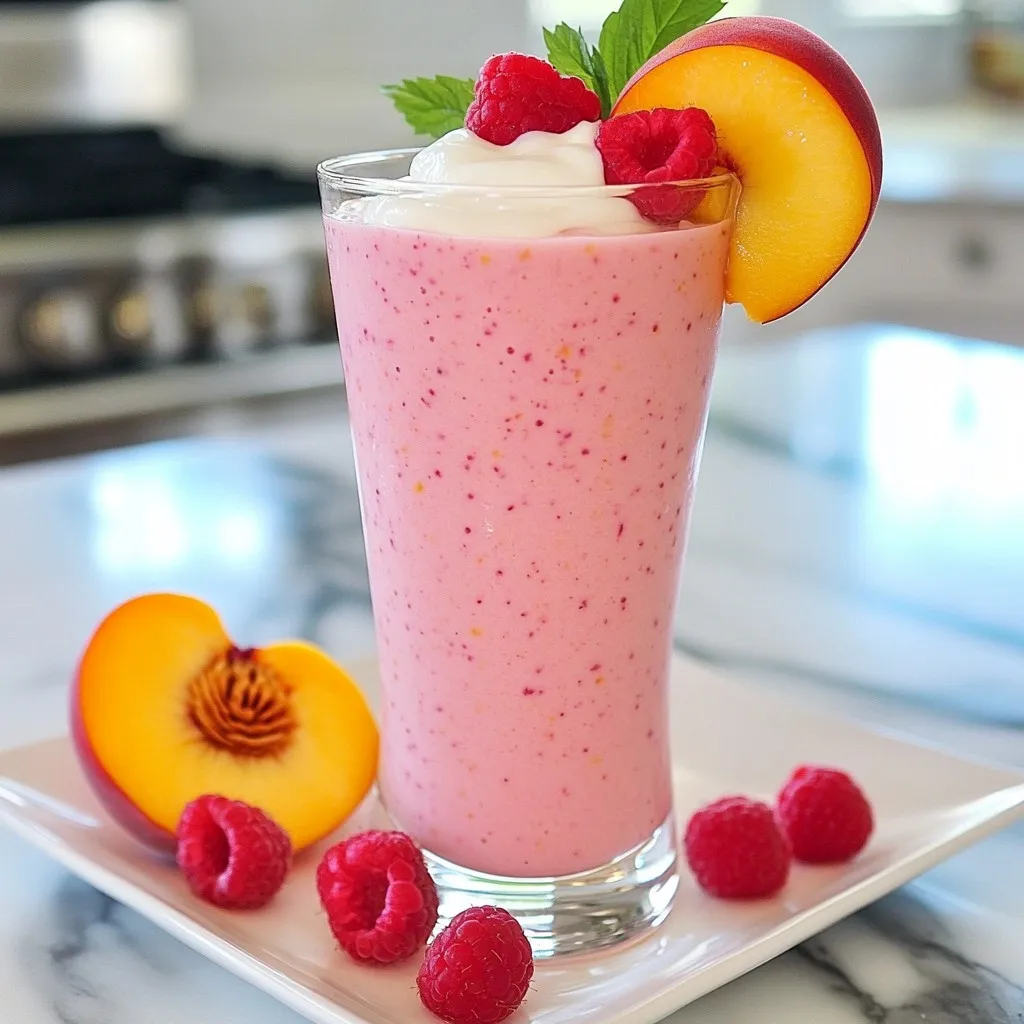 - 1 cup fresh raspberries (or frozen alternatives) - 1 ripe peach, pitted and finely chopped - 1 medium banana, sliced - 1 cup almond milk (or alternative milk choices) - 1/2 cup Greek yogurt - 1 tablespoon honey or maple syrup - 1/2 teaspoon pure vanilla extract - Optional ice cubes for texture The right ingredients make this smoothie shine. First, fresh raspberries bring a tart flavor that pops. If they’re out of season, frozen ones work just as well. Next, choose a ripe peach. It should feel soft but not mushy. The peach adds sweetness and a lovely aroma. Don’t forget the banana! It gives the smoothie a creamy base and natural sweetness. For the liquid, I like almond milk. It’s light and nutty. You can swap it for any milk you prefer. Just keep it creamy! Greek yogurt is a must for thicker texture and more protein. To sweeten, use honey or maple syrup. Start with one tablespoon and adjust if needed. A splash of pure vanilla extract adds depth. If you want a colder smoothie, toss in some ice cubes. It gives a frosty texture that’s refreshing! {{ingredient_image_2}} To make this smoothie, start by getting all your ingredients ready. This step is key for a smooth workflow. You need: - 1 cup fresh raspberries (or frozen if you prefer) - 1 ripe peach, pitted and finely chopped - 1 medium banana, sliced - 1 cup almond milk - 1 tablespoon honey or maple syrup - 1/2 cup Greek yogurt - 1/2 teaspoon pure vanilla extract - A handful of ice cubes (optional) Measure each item carefully. Accurate amounts will give you the best taste. Now, let’s blend! First, pour the almond milk into the blender. This helps other ingredients mix well. Next, add the fresh raspberries. Then, toss in the finely chopped peach and sliced banana. The order matters for smooth blending. Spoon in the Greek yogurt for creaminess. Drizzle honey or maple syrup over the mix. Add the vanilla extract for a sweet touch. If you want a frosty drink, add ice cubes now. Secure the lid on your blender. Blend on high for 30 to 60 seconds until smooth and creamy. Stop and taste your smoothie. If it needs more sweetness, add a bit more honey or maple syrup. Blend again briefly to mix. Once you get your desired texture, pour the smoothie into chilled glasses. Enjoy it while it’s fresh! To get the perfect thickness for your smoothie, use Greek yogurt. It adds a creamy texture. If you like it thicker, add ice cubes. This makes the drink frostier and more refreshing. If your smoothie tastes too tart, add more honey or maple syrup. Start with a small amount, blend, and taste. You can always add more sweetener. Make your smoothie look as good as it tastes! Garnish each glass with fresh raspberries or a slice of peach. This brightens up your drink and makes it fun to enjoy. Use colorful straws to add a pop of color. Your friends will love the festive look! For smoothies, a high-speed blender works best. It blends fruits and yogurt smoothly. Brands like Vitamix or Ninja are great choices. After blending, clean your blender right away. Fill it with warm, soapy water and blend for a few seconds. Rinse it out, and it’s ready for next time! Pro Tips Use Frozen Fruits: If fresh raspberries or peaches are not available, using frozen fruits can enhance the smoothie’s texture and keep it colder for longer. Adjust Sweetness: Always taste your smoothie before serving. Adjust the sweetness with honey or maple syrup according to your preference. Blend in Stages: If your blender struggles with chunks, blend the liquid with softer fruits first before adding harder ingredients like ice or bananas. Garnish Creatively: For an appealing presentation, consider garnishing with mint leaves or a sprinkle of granola on top of your smoothie. {{image_4}} You can switch the raspberries and peaches with other fruits. Try strawberries, blueberries, or blackberries for a berry blend. If you want stone fruits, plums and nectarines work well too. You can even add leafy greens. Spinach or kale blends in nicely without changing the taste. This adds nutrients and makes the smoothie healthier. If you prefer non-dairy options, you can use non-dairy yogurt. Almond, soy, or coconut yogurt are great choices. For milk, use oat milk, soy milk, or coconut milk. Each milk type adds its own flavor. These options keep the smoothie creamy and delicious. You can boost your smoothie with extra nutrients. Chia seeds or flaxseeds are easy to add. They are rich in fiber and omega-3 fatty acids. If you want more protein, try adding protein powder. Each add-in brings health benefits. You can mix and match to find what you like best. To keep your leftover smoothie fresh, pour it into a sealed container. Glass jars or plastic bottles work well. Store your smoothie in the fridge. It stays good for up to 24 hours. When you’re ready to drink it, give it a good shake. You can also freeze your smoothie for later. Pour it into ice cube trays or small containers. This makes it easy to grab a portion later. For the best taste, freeze it within a few hours of making. If you freeze the ingredients separately, freeze raspberries, peaches, and banana slices. This lets you mix and match flavors later. To thaw a frozen smoothie, place it in the fridge overnight. You can also set it on the counter for about an hour. If the smoothie is too thick after thawing, add a splash of almond milk. Blend it again until creamy. This helps bring back that fresh taste. Yes, you can use frozen raspberries and peaches. They make the smoothie cold and thick. Frozen fruits often taste just as good as fresh ones. They are picked when ripe and then frozen, locking in their flavor and nutrients. This is especially helpful when fresh fruit is not in season. Using frozen fruit can also make your smoothie extra refreshing. You can make this smoothie vegan by using almond milk and non-dairy yogurt. Instead of Greek yogurt, try coconut or soy yogurt. For sweetening, use maple syrup instead of honey. These swaps keep the flavor and creaminess while fitting a vegan diet. You can store your smoothie for up to 24 hours in the fridge. Use an airtight container to keep it fresh. If the smoothie separates, just shake or stir before drinking. Smoothies usually taste best right after making them, though. Yes, you can make this smoothie ahead of time. Prepare it the night before and store it in the fridge. This is great for busy mornings. If you freeze it, use it within a month. Just blend again after thawing to get a smooth texture. This smoothie guide walks you through choosing fresh ingredients, dairy options, and sweeteners. We covered how to blend the perfect mix for a thick, creamy drink. You learned tips for presenting your smoothie and ways to customize it with different fruits and nutrients. Remember the best storage practices for leftovers and how to freeze your ingredients. Smoothies are easy to make in advance, too. Enjoy crafting your delicious, nutritious drinks!