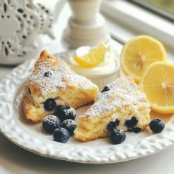 - 2 cups all-purpose flour - 1/3 cup granulated sugar - 1 tablespoon baking powder - 1/2 teaspoon salt - 1/2 cup unsalted butter, cold and cut into small cubes - 1/2 cup fresh blueberries, gently rinsed and drained - Zest of 1 medium lemon - 1/4 cup heavy cream - 1 large egg, beaten - 1 teaspoon pure vanilla extract - 2 tablespoons freshly squeezed lemon juice - Extra granulated sugar for topping (optional) When I make lemon blueberry scones, I gather my ingredients first. This makes the process smooth and fun. The key ingredient is all-purpose flour, which gives the scones structure. Granulated sugar adds just the right amount of sweetness. Baking powder helps the scones rise, while salt enhances the flavors. I use unsalted butter, cold and in small cubes. This keeps the scones flaky. Fresh blueberries are a must. They burst with flavor and color. Next is lemon zest. It brings a bright taste that pairs well with blueberries. Heavy cream adds richness, while the beaten egg helps bind everything. Pure vanilla extract adds depth. Finally, freshly squeezed lemon juice boosts the lemon flavor. If you want, sprinkle extra sugar on top. This gives the scones a nice crunch. These simple ingredients come together to create a treat that is easy yet flavorful. You will love how they smell while baking! {{ingredient_image_2}} Start by preheating your oven to 400°F (200°C). This temperature ensures that the scones bake evenly. Next, take a baking sheet and line it with parchment paper. This step prevents the scones from sticking to the sheet. In a large mixing bowl, add 2 cups of all-purpose flour, 1/3 cup of granulated sugar, 1 tablespoon of baking powder, and 1/2 teaspoon of salt. Use a whisk to mix these dry ingredients well. Whisking helps to incorporate air, which makes the scones light and fluffy. Cut 1/2 cup of cold, unsalted butter into small cubes. Add these cubes to the flour mixture. You can use a pastry cutter or your fingers to blend the butter until it looks like coarse crumbs. Keep some small pieces of butter for a flaky texture. After that, gently fold in 1/2 cup of fresh blueberries and the zest of 1 lemon. Be careful not to burst the blueberries, as they add a juicy burst of flavor. In a separate small bowl, combine 1/4 cup of heavy cream, 1 large beaten egg, 1 teaspoon of pure vanilla extract, and 2 tablespoons of freshly squeezed lemon juice. Whisk these wet ingredients together until they are fully mixed. This mixture will add moisture and flavor to your scones. Make a well in the center of your dry mixture. Pour the wet mixture into this well. Use a spatula to gently stir everything together. Be cautious not to overmix; you want the dough to be just combined for tender scones. Lightly flour a clean surface and transfer the dough onto it. Pat the dough into a circle about 1-inch thick. Use a sharp knife or dough cutter to slice it into 8 wedges. Place these scone wedges onto your prepared baking sheet, leaving space between each one. If you want, sprinkle a little extra sugar on top for added sweetness and a nice crust. Bake them in your preheated oven for 15-20 minutes. The scones should turn a lovely golden brown. A toothpick inserted into the center should come out clean when they are done. To make your scones light and flaky, use cold butter. Cold butter creates steam when it bakes, giving you that airy texture. When mixing the butter into the flour, aim for coarse crumbs. You want some butter pieces the size of peas. This technique enhances flakiness. To boost flavor, try adding a pinch of cinnamon or nutmeg. These spices add warmth and depth. You can also swap blueberries for raspberries or cranberries for a twist. For a citrus kick, add more lemon zest. Each option brings its own unique taste to the scones. Serve lemon blueberry scones warm for the best taste. A drizzle of honey adds sweetness. Clotted cream or butter makes them rich and creamy. For extra flair, garnish with fresh blueberries and lemon slices. This makes a lovely presentation and enhances the scone experience. Pro Tips Use Cold Butter: Make sure your butter is very cold. This helps create those delicious flaky layers in your scones. Don't Overmix: When combining the wet and dry ingredients, mix just until incorporated. Overmixing can lead to tough scones. Chilling the Dough: For even flakier scones, consider chilling the dough for about 30 minutes before baking. Fresh Ingredients Matter: Use fresh blueberries and real lemon juice for the best flavor and aroma in your scones. {{image_4}} You can switch up the blueberries for other fruits. Here are some tasty options: - Raspberries: These add a tart flavor that pairs well with lemon. - Strawberries: Chop them into small pieces for a sweet twist. - Blackberries: They bring a deep color and rich taste to your scones. - Cherries: Pitted and chopped cherries can offer a lovely summer vibe. Feel free to mix and match! The key is to keep the fruit fresh and in small pieces. This helps maintain the right texture. Want to add more depth to your scones? Consider infusing them with spices or herbs. Here are some ideas: - Lavender: Add a teaspoon of dried lavender for a floral note. - Cinnamon: A dash of cinnamon can warm up the flavor profile. - Ginger: Fresh or ground ginger adds a nice kick. - Thyme: A hint of fresh thyme can bring a savory touch. Adding spices or herbs can transform your scones into a unique treat. Just remember, a little goes a long way! If you have dietary restrictions, you can still enjoy these scones. Here are some substitutions: - Vegan: Replace the butter with coconut oil or vegan butter. Use a flax egg instead of a regular egg (1 tablespoon of ground flaxseed mixed with 2.5 tablespoons of water). - Gluten-Free: Substitute the all-purpose flour with a gluten-free blend. Make sure it has xanthan gum for structure. These adjustments help keep the scones soft and delicious. You won't miss the traditional ingredients! To keep your lemon blueberry scones fresh, store them in an airtight container. This helps retain moisture and prevents them from going stale. If you want to enjoy them later, you can place parchment paper between layers. This will keep them from sticking together. If you want to freeze the scones, wrap each one tightly in plastic wrap. Then place them in a freezer bag or container. This method protects them from freezer burn. When you’re ready to enjoy them, reheat in the oven at 350°F for about 10-15 minutes. You can also microwave them for 30-45 seconds, but this may make them less crisp. Fresh lemon blueberry scones will stay good for about 2-3 days at room temperature. If stored properly in the fridge, they can last up to a week. In the freezer, they can stay fresh for up to 3 months. Always check for any signs of spoilage before enjoying them! Yes, you can use frozen blueberries. They work well in this recipe. Just keep a few things in mind. First, do not thaw them before use. Thawing can make them mushy. Instead, add them straight from the freezer. This helps them stay intact during mixing. Frozen blueberries may also add a slight chill to your dough. This can make your scones even flakier, which is a nice bonus! To keep your scones moist, watch your mixing time. Mix the dough just until it comes together. Overmixing makes the scones tough. Use cold butter for flakiness and moisture. Adding a bit more cream can also help. If your dough feels dry, try adding a splash more of the heavy cream. Lastly, baking the scones just until golden brown helps keep them soft and tender. Lemon blueberry scones taste great with many sides. Try serving them with clotted cream or butter. A drizzle of honey adds a nice sweetness. You can also pair them with fresh fruit, like more blueberries or sliced strawberries. For a refreshing drink, serve with tea or lemonade. These pairings make your scone experience even better! This article covered everything you need to make delicious lemon blueberry scones. You learned about the key ingredients, step-by-step instructions, and tips for perfect scones. I shared variations for different tastes and dietary needs, plus storage advice for freshness. Enjoy these scones warm or with your favorite toppings. Baking should be fun and rewarding. Now, you have all the tools and knowledge to create these tasty treats. Happy baking!